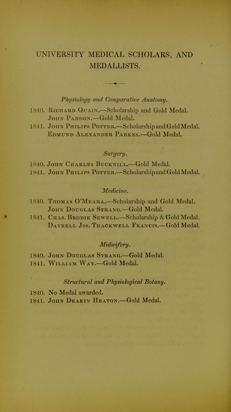 UNIVERSITY MEDICAL SCHOLARS, AND MEDALLISTS. Physiology and Comparative Anatomy. 1840. Richard Quain.—Scholarship and Gold Medal. John Paddon.—Gold Medal. 1841. John Philips Potter.—Scholarship and Gold Medal. Edmund Alexander Parkes.—Gold Medal. Surgery. 1840. John Charles Bucknill.—Gold Medal. 1841. John Philips Potter.—Scholai'ship and Gold Medal. Medicine. 1840. Thomas O'Meara.—Scholarship and Gold Medal. John Douglas Strang.—Gold Medal. 1841. Ciias.Brodie Sewell.—Scholarship & Gold Medal. Dayrell Jos. Thackwell Francis.—Gold Medal. Midwifery. 1840. John Douglas Strang.—Gold Medal. 1841. William Way.—Gold Medal. Structural and Physiological Botany. 1840. No Medal awarded. 1841. John Deakin Heaton.—Gold Medal.