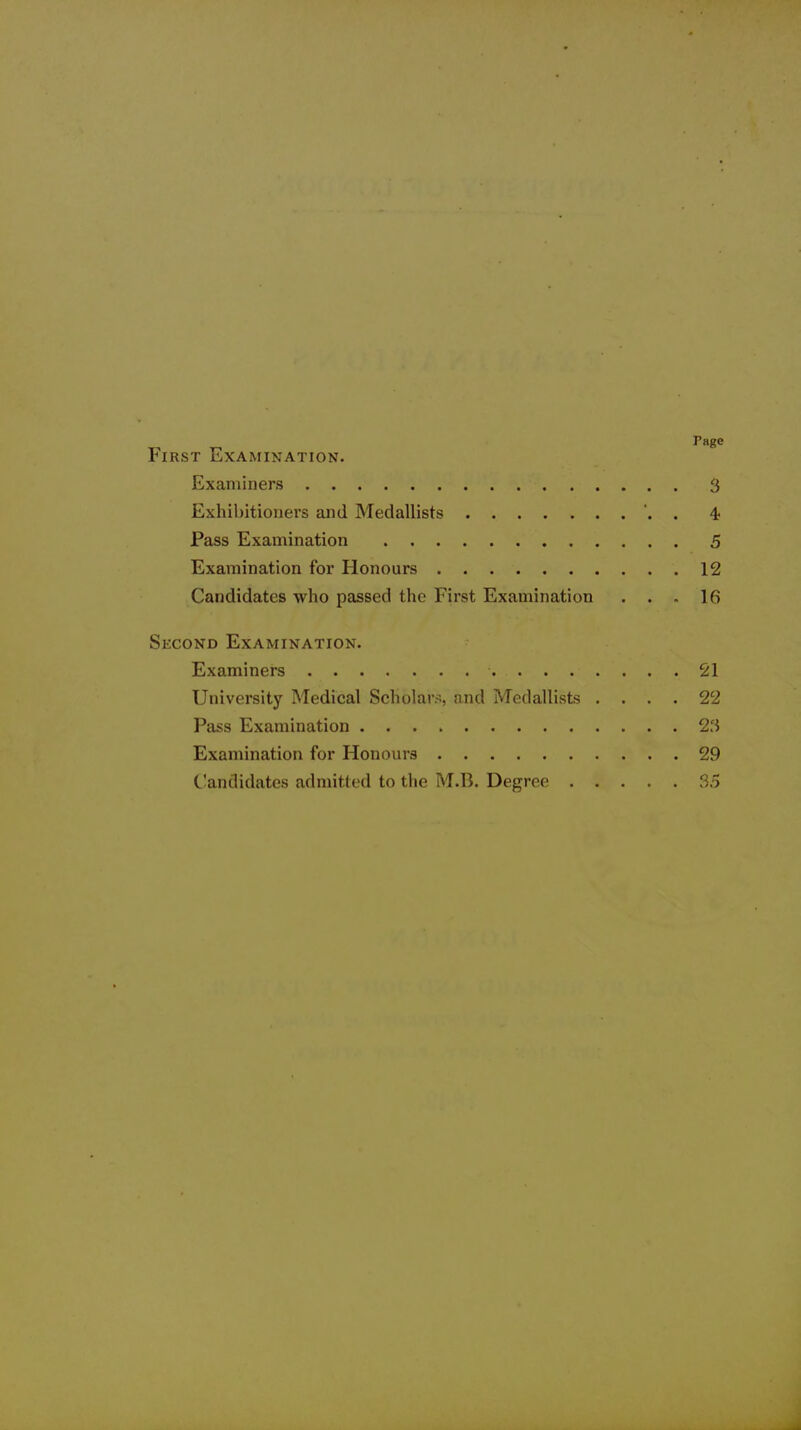 Page First Examination. Examiners 3 Exhibitioners and Medallists . . 4 Pass Examination 5 Examination for Honours 12 Candidates who passed the First Examination ... 16 Second Examination. Examiners 21 University Medical Scholar.-;, and Medallists .... 22 Pass Examination 2fi Examination for Honours 29 (.•andidates admitted to the M.B. Degree 35