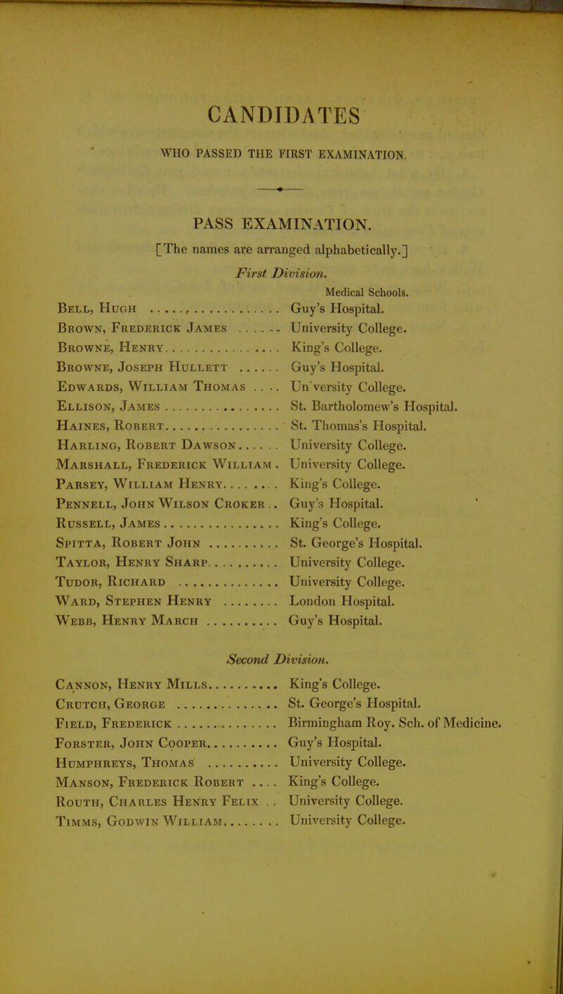 CANDIDATES WHO PASSED THE FIRST EXAMINATION. PASS EXAMINATION. [The names axe arranged alphabeticallJ^] JFirst Division. Medical Schools. Bell, Hugh Guy's Hospital. Brown, Frederick James University College. Browne, Henry King's College. Browne, Joseph Hullett Guy's Hospital. Edwards, William Thomas .... Un versity College. Ellison, James St. Bartholomew's Hospital. Haines, Robert St. Thomas's Hospital. Harling, Robert Dawson University College. Marshall, Frederick William . University College. Parsey, William Henry King's College. Pennell, John Wilson Croker ,. Guy's Hospital. Russell, James King's College. Spitta, Robert John St. George's Hospital. Taylor, Henry Sharp University College. Tudor, Richard University College. Ward, Stephen Henry London Hospital. Webb, Henry March Guy's Hospital. Second Division. Cannon, Henry Mills King's College. Crutch, George St. George's Hospital. Field, Frederick Birmingham Roy. Sch. of Medicine. Forster, John Cooper Guy's Hospital. Humphreys, Thomas University College. Manson, Frederick Robert .... King's College. RouTH, Charles Henry Felix . . University College. Timms, Godwin William University College.