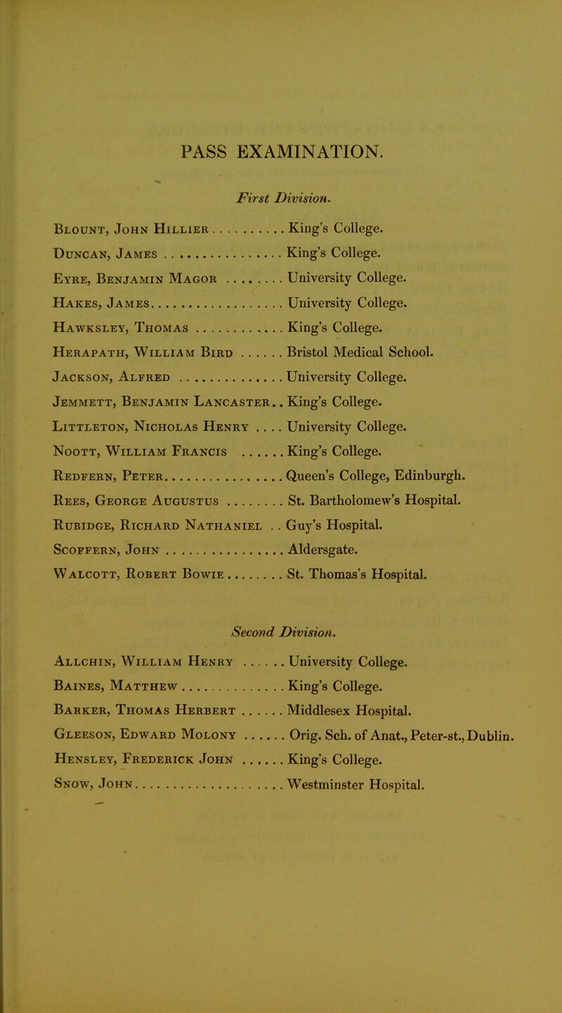 First Division. Blount, John Hillier King's College. Duncan, James King's College. Eyre, Benjamin Magor University College. Hakes, James University College. Hawksley, Thomas King's College. Herapath, William Bird Bristol Medical School. Jackson, Alfred University College. Jemmett, Benjamin Lancaster .. King's College. Littleton, Nicholas Henry .... University College. NooTT, William Francis King's College. Redfern, Peter Queen's College, Edinburgh. Rees, George Augustus St. Bartholomew's Hospital. RuBiDGE, Richard Nathaniel .. Guy's Hospital. Scoffern, John Aldersgate. Walcott, Robert Bowie St. Thomas's Hospital. Second Division. Allchin, William Henry University College. Baines, Matthew King's College. Barker, Thomas Herbert Middlesex Hospital. Gleeson, Edward Molony Orig. Sch. of Anat.,Peter-st., Dublin Hensley, Frederick John King's College. Snow, John Westminster Hospital.