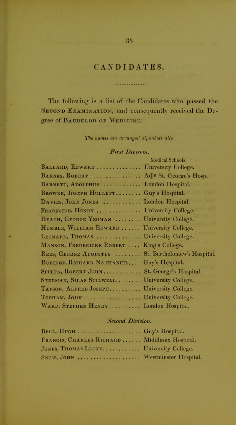 CANDIDATES. The following is a list of the Candidates who passed the Second Examination, and consequently received the De- gree of Bachelor of Medicine, The names are arranyed alphabetically. First Division. Medical Schools. Ballard, Edward University College. Barnes, Robert Adjs St. George's Hosp. Barnett, Adolphus London Hospital. Browne, Joseph Hullett Guy's Hospital. Da VIES, John Jones London Hospital. Fearnside, Henry University College. Heath, George Yeoman University College. Humble, William Edward University College. Leonard, Thomas University College. Manson, Fredericke Robert .... King's College. REES, George Augustus St. Bartholomew's Hospital. RuBiDGE, Richard Nathaniel. ... Guy's Hospital. Spitta, Robert John St. George's Hospital. Stedman, Silas Stilwell University College. Tapson, Alfred Joseph University College. ToPHAM, John University College. Ward, Stephen Henry London Hospital. Second Division. Bell, Hugh Guy's Hospital. Francis, Charles Richard Middlesex Hospital. Jones, Thomas Lloyd University College. Snow, John Westminster Hospital.