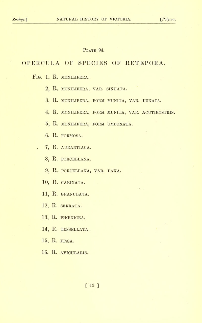 Plate 94. OPERCULA OF SPECIES OF RETEPORA. Fig. 1, R. monilifera. 2, R. MONILIFERA, VAR. SINUATA. 3, R. MONILIFERA, FORM MUNITA, VAR. LUNATA. 4, R. MONILIFERA, FORM MUNITA, VAR. ACUTIROSTRIS. 5, R. MONILIFERA, FORM UMBONATA. 6, R. FORMOSA. 7, R. AURANTIACA. 8, R. PORCELLANA. 9, R. PORCELLANA, VAR. LAXA. 10, R. CARINATA. 11, R. GRANULATA. 12, R. SERRATA. 13, R. PIICENICEA. 14, R. TESSELLATA. 15, R. FISSA. 16, R. AVICULARIS. C 13 ]