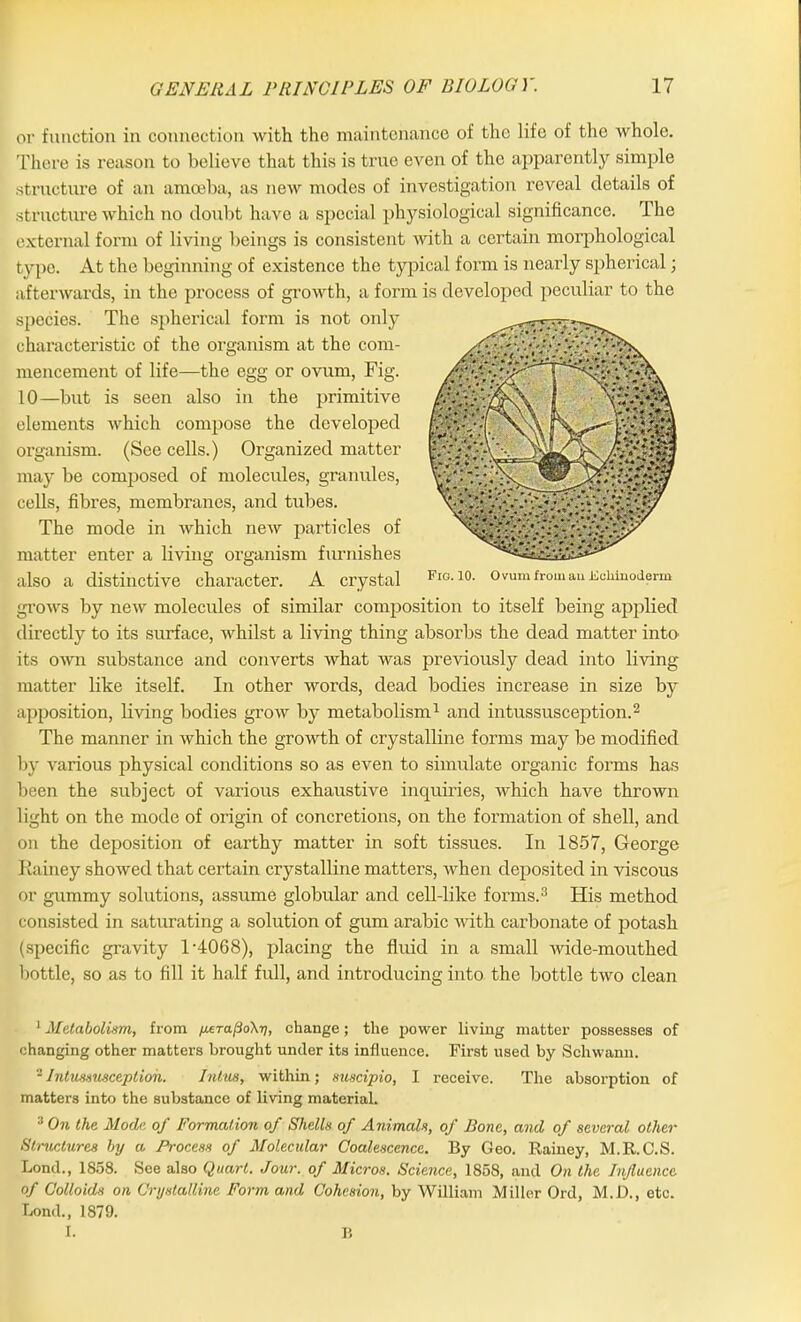 or function in connection with the maintenance of the life of the whole. There is reason to believe that this is true even of the apparently simple structure of an amoeba, as new modes of investigation reveal details of structure which no doubt have a special physiological significance. The external form of living beings is consistent with a certain morphological typo. At the beginning of existence the typical form is nearly spherical; afterwards, in the process of growth, a form is developed peculiar to the species. The spherical form is not only characteristic of the organism at the com- mencement of life—the egg or ovum, Fig. 10—but is seen also in the primitive elements which compose the developed organism. (See cells.) Organized matter may be composed of molecules, granules, cells, fibres, membranes, and tubes. The mode in which new particles of matter enter a living organism furnishes also a distinctive character. A crystal grows by new molecules of similar composition to itself being applied directly to its surface, whilst a living thing absorbs the dead matter into' its own substance and converts what was previously dead into living matter like itself. In other words, dead bodies increase in size by apposition, living bodies grow by metabolism1 and intussusception.2 The manner in which the growth of crystalline forms may be modified by various physical conditions so as even to simulate organic forms has been the subject of various exhaustive inquiries, which have thrown light on the mode of origin of concretions, on the formation of shell, and on the deposition of earthy matter in soft tissues. In 1857, George Rainey showed that certain crystalline matters, when deposited in viscous or gummy solutions, assume globular and cell-like forms.3 His method consisted in saturating a solution of gum arabic with carbonate of potash (specific gravity 1-4068), placing the fluid in a small wide-mouthed bottle, so as to fill it half full, and introducing into the bottle two clean 1 Metabolism, from /j.tTa[io\yj, change; the power living matter possesses of changing other matters brought under its influence. First used by Schwann. 2 Intussusception. Inins, within; suscipio, I receive. The absorption of matters into the substance of living material. 3 On the Mode of Formation of Shells of Animals, of Bone, and of several other Structures by a Process of Molecular Coalescence. By Geo. Rainey, M.R.C.S. Lond., 1858. See also Quart. Jour, of Micros. Science, 1858, and On the Influence of Colloids on Crystalline Form and Cohesion, by William Miller Ord, M.I)., etc. Lond., 1879. I. Fig. 10. Ovum from an lichinoderm 15