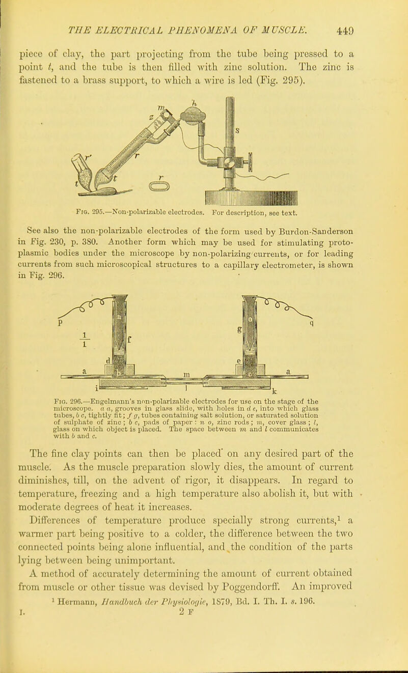 piece of clay, the part projecting from the tube being pressed to a point t, and the tube is then filled with zinc solution. The zinc is fastened to a brass support, to which a wire is led (Fig. 295). Fig. 295.—Non-polarizable electrodes. For description, see text. See also the non-polarizable electrodes of the form used by Burdon-Sanderson in Fig. 230, p. 3S0. Another form which may be used for stimulating proto- plasmic bodies under the microscope by non-polarizing currents, or for leading currents from such microscopical structures to a capillary electrometer, is shown in Fig. 29G. Fig. 296.-—Engelmann's nnn-polarizable electrodes for use on the stage of the microscope, a a, grooves in glass slide, with holes in d. e, into which glass tubes, b c, tightly fit; f g, tubes containing salt solution, or saturated solution of sulphate of zinc; b c, pads of paper : n o, zinc rods; in, cover glass ; l, glass on which object is placed. The space between m and l communicates with b and c. The fine clay points can then be placed’ on any desired part of the muscle. As the muscle preparation slowly dies, the amount of current diminishes, till, on the advent of rigor, it disappears. In regard to temperature, freezing and a high temperature also abolish it, but with moderate degrees of heat it increases. Differences of temperature produce specially strong currents,1 a warmer part being positive to a colder, the difference between the two connected points being alone influential, and the condition of the parts lying between being unimportant. A method of accurately determining the amount of current obtained from muscle or other tissue was devised by Poggcndorff. An improved 1 Hermann, Ilandbiich der Phyxiologie, 1S79, Bd. I. Th. I. s. 196. 2 F I.