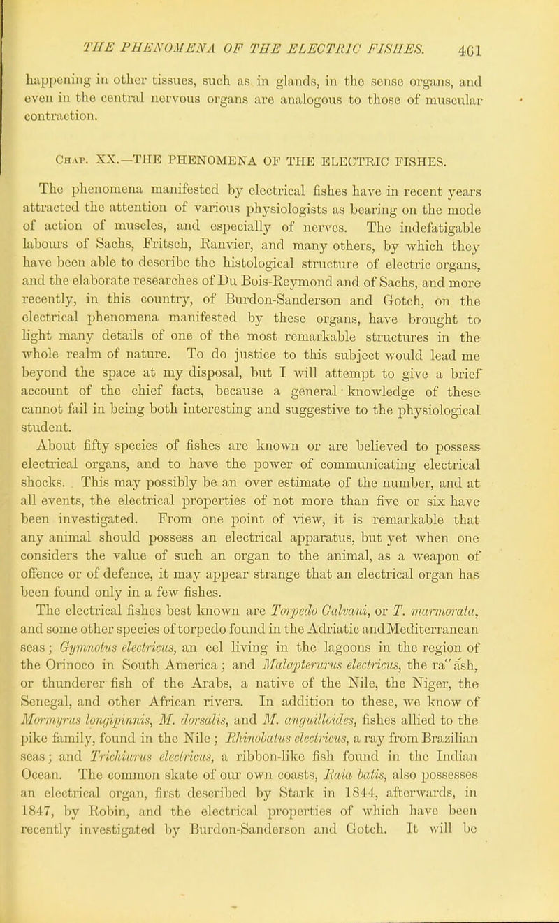 happening in other tissues, such as in glands, in the sense organs, and even in the central nervous organs are analogous to those of muscular contraction. Chap. XX.—THE PHENOMENA OF THE ELECTRIC FISHES. The phenomena manifested by electrical fishes have in recent years attracted the attention of various physiologists as bearing on the mode of action of muscles, and especially of nerves. The indefatigable labours of Sachs, Fritsch, Ranvier, and many others, by which they have been able to describe the histological structure of electric organs, and the elaborate researches of Du Bois-Reymond and of Sachs, and more recently, in this country, of Burdon-Sanderson and Gotch, on the electrical phenomena manifested by these organs, have brought to light many details of one of the most remarkable structures in the whole realm of nature. To do justice to this subject would lead me beyond the space at my disposal, but I will attempt to give a brief account of the chief facts, because a general knowledge of these cannot fail in being both interesting and suggestive to the physiological student. About fifty species of fishes are known or are believed to possess electrical organs, and to have the power of communicating electrical shocks. This may possibly be an over estimate of the number, and at all events, the electrical properties of not more than five or six have been investigated. From one point of view, it is remarkable that any animal should possess an electrical apparatus, but yet when one considers the value of such an organ to the animal, as a weapon of offence or of defence, it may appear strange that an electrical organ has been found only in a few fishes. The electrical fishes best known are Torpedo Galvani, or T. marmorata, and some other species of torpedo found in the Adriatic and Mediterranean seas; Gymnotus electricus, an eel living in the lagoons in the region of the Orinoco in South America; and Malapterurus electricus, the raash, or thunderer fish of the Arabs, a native of the Nile, the Niger, the Senegal, and other African rivers. In addition to these, we know of Mormyrus longipinnis, M. dorsalis, and M. anguilloicles, fishes allied to the pike family, found in the Nile; PJdnobakls electricus, a ray from Brazilian seas; and Trichiurus electricus, a ribbon-like fish found in the Indian Ocean. The common skate of our own coasts, liaia batis, also possesses an electrical organ, first described by Stark in 1844, afterwards, in 1847, by Robin, and the electrical properties of which have been recently investigated by Burdon-Sanderson and Gotch. It will be