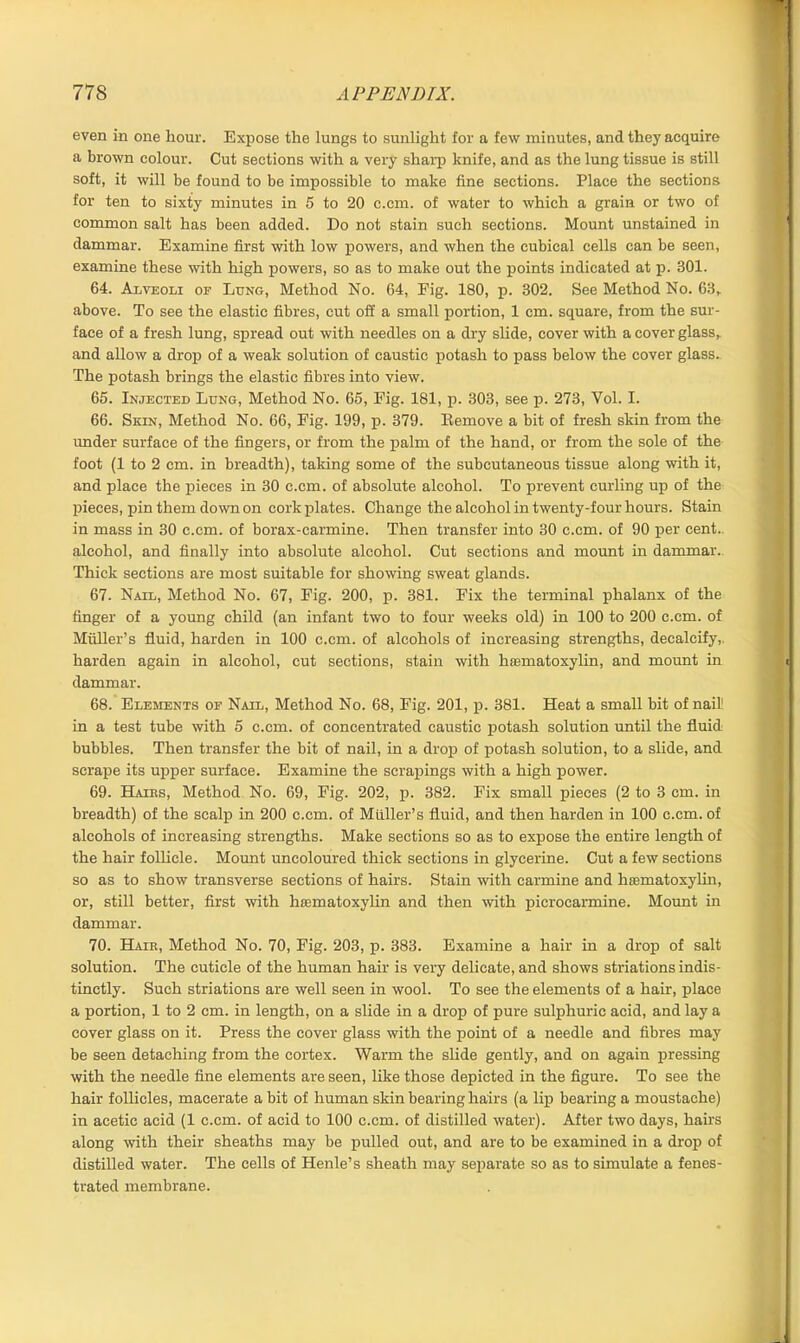 even in one hour. Expose the lungs to sunlight for a few minutes, and they acquire a brown colour. Cut sections with a very sharp knife, and as the lung tissue is still soft, it will be found to be impossible to make fine sections. Place the sections for ten to sixty minutes in 5 to 20 c.cm. of water to which a grain or two of common salt has been added. Do not stain such sections. Mount unstained in dammar. Examine first with low powers, and when the cubical cells can be seen, examine these with high powers, so as to make out the points indicated at p. 301. 64. Axveoli of Lung, Method No. 64, Fig. 180, p. 302. See Method No. 63, above. To see the elastic fibres, cut off a small portion, 1 cm. square, from the sur- face of a fresh lung, spread out with needles on a dry slide, cover with a cover glass, and allow a drop of a weak solution of caustic potash to pass below the cover glass.. The potash brings the elastic fibres into view. 65. Injected Lung, Method No. 65, Fig. 181, p. 303, see p. 273, Vol. I. 66. Skin, Method No. 66, Fig. 199, p. 379. Eemove a bit of fresh skin from the under surface of the fingers, or from the palm of the hand, or from the sole of the foot (1 to 2 cm. in breadth), taking some of the subcutaneous tissue along with it, and place the pieces in 30 c.cm. of absolute alcohol. To prevent curling up of the pieces, pin them down on cork plates. Change the alcohol in twenty-four hours. Stain in mass in 30 c.cm. of borax-carmine. Then transfer into 30 c.cm. of 90 per cent, alcohol, and finally into absolute alcohol. Cut sections and mount in dammar.. Thick sections are most suitable for showing sweat glands. 67. Nail, Method No. 67, Fig. 200, p. 381. Fix the terminal phalanx of the finger of a young child (an infant two to four weeks old) in 100 to 200 c.cm. of Muller’s fluid, harden in 100 c.cm. of alcohols of increasing strengths, decalcify,, harden again in alcohol, cut sections, stain with htematoxylin, and mount in dammar. 68. Elements of Nail, Method No. 68, Fig. 201, p. 381. Heat a small bit of nail1 in a test tube with 5 c.cm. of concentrated caustic potash solution until the fluid bubbles. Then transfer the bit of nail, in a drop of potash solution, to a slide, and scrape its upper surface. Examine the scrapings with a high power. 69. Hairs, Method No. 69, Fig. 202, p. 382. Fix small pieces (2 to 3 cm. in breadth) of the scalp in 200 c.cm. of Muller’s fluid, and then harden in 100 c.cm. of alcohols of increasing strengths. Make sections so as to expose the entire length of the hair follicle. Mount uncoloured thick sections in glycerine. Cut a few sections so as to show transverse sections of hairs. Stain with carmine and hematoxylin, or, still better, first with hematoxylin and then with picrocarmine. Mount in dammar. 70. Hair, Method No. 70, Fig. 203, p. 383. Examine a hair in a drop of salt solution. The cuticle of the human hair is very delicate, and shows striations indis- tinctly. Such striations are well seen in wool. To see the elements of a hair, place a portion, 1 to 2 cm. in length, on a slide in a drop of pure sulphuric acid, and lay a cover glass on it. Press the cover glass with the point of a needle and fibres may be seen detaching from the cortex. Warm the slide gently, and on again pressing with the needle fine elements are seen, like those depicted in the figure. To see the hair follicles, macerate a bit of human skin bearing hairs (a lip bearing a moustache) in acetic acid (1 c.cm. of acid to 100 c.cm. of distilled water). After two days, hairs along with their sheaths may be pulled out, and are to be examined in a drop of distilled water. The cells of Henle’s sheath may separate so as to simulate a fenes- trated membrane.