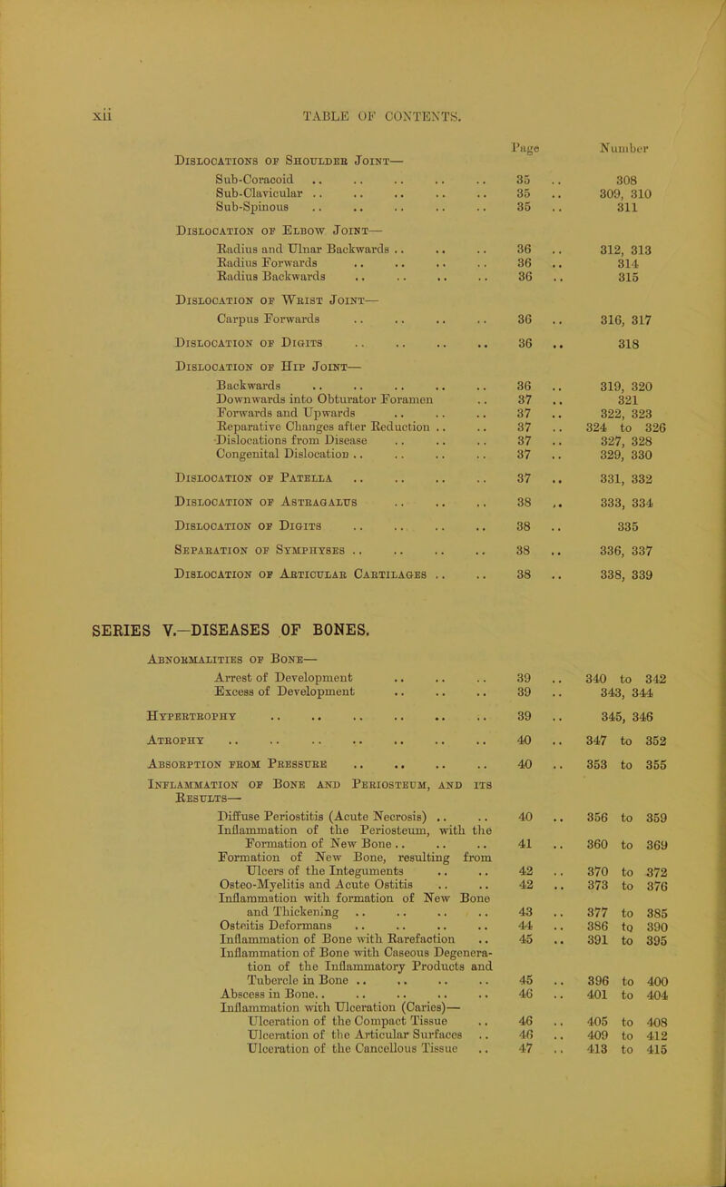Page NuuibiT Dislocations of Shouldee Joint— Sub-Coracoid 33 .. 308 Sub-Clavicular .. 35 309, 310 Sub-S]jmou8 35 .. 311 Dislocation of Elbow Joint— Radius and TJluai Backwavds .. • • 36 312 313 Radius Forwards •. . • * * 36 314 Radius Backwards .. .. .. 36 315 Dislocation of Weist Joint— Carpus Forwards 36 .. 316, 317 36 .. 318 Dislocation of Hip Joint— Backwards 36 .. 319, 320 Downwards into Ubturator lioramen 37 321 Forwards and Upwards 37 .. 322, 323 RejDarative Changes after Reduction ., 37 .. 324 to 326 Dislocations from Disease 37 327 328 Congenital DislocatioD .. 37 .. 329, 330 Dislocation of Patella 37 .. 331, 332 Dislocation of Asteagaltjs 38 ,. 333, 334 Dislocation of Digits 38 .. 335 Sepaeation of Symphyses .. 38 .. 336, 337 Dislocation of Aeticitlab Caetilages .. 38 .. 338, 339 SERIES V.-DISEASES OF BONES. Abnohmalities of Bone- Arrest of Development Excess of Development Hypeeteophy 39 39 39 340 to 342 343, 344 345, 346 Ateophy .. .. 40 . 347 to 352 Absoeption feom Pbessuee 40 . 353 to 355 Inflammation op Bone and Peeiosteitm, and its Results— Diffuse Periostitis (Acute Necrosis) .. 40 . 356 to 359 Inflammation of the Periosteum, with the Formation of New Bone .. 41 . 360 to 369 Formation of New Bone, resulting fi-om Ulcers of the Integuments 42 . 370 to 372 Osteo-Myelitis and Acute Ostitis 42 . 373 to 376 Inflammation with formation of New Bone and Thickening 45 . . 377 to 385 Osteitis Deformans 44 . 386 to 390 Inflammation of Bone with Rarefaction 45 . 391 to 395 Inflammation of Bone with Caseous Degenera- tion of the Inflammatory Prodiicts and Tubercle in Bone .. 45 . 396 to 400 Abscess in Bone.. 46 . 401 to 404 Inflammation wnith Ulceration (Caries)— Ulceration of the Compact Tissue 46 . 405 to 408 Ulceration of tlie Articular Surfaces 46 . 409 to 412 Ulceration of the Cancellous Tissue 47 . 413 to 415