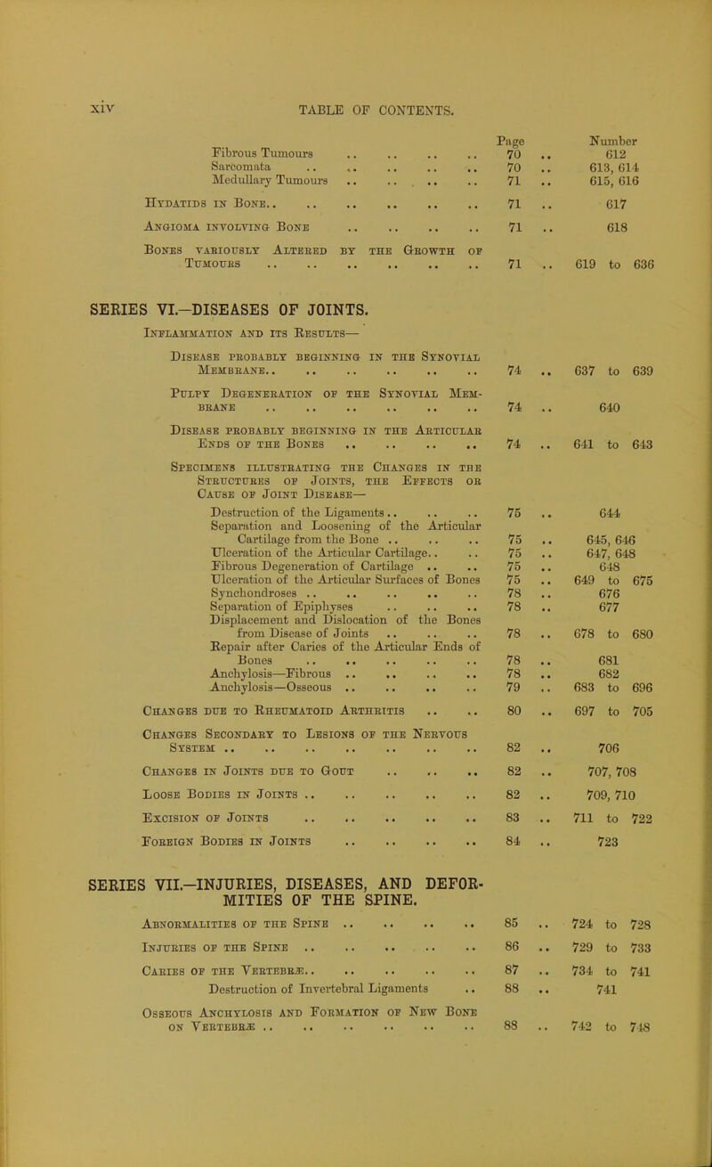 Page Number Fibrous Tumours .. .. .. .. 70 .. 612 Sarcomata 70 .. 613, 614 Medullary Tumom-s .. 71 .. 615, 616 Hydatids in Bone. . .. .. .. ,. .. 71 ., 617 Angioma involving Bone 71 .. 618 Bones vabiottslt Aiteebd by the Q-eowth of TuMouES 71 .. 619 to 636 SERIES VL-DISEASES OF JOINTS. InELAMMATION and its EESUXiTS— Disease pedbably beginning in the Synovial Mbmbeane 74- .. 637 to 639 Pulpy Degeneeation of the Synovial Mem- BEANE . . . . .. . . .. . . 74 . . 640 Disease peobably beginning in the Aeticulab Ends of the Bones .. .. .. .. 74 .. 641 to 643 Specimens illhsteating the Changes in the stettct0ees of joints, the effects oe Cause of Joint Disease— Destruction of the Ligaments.. .. .. 75 .. 644 Separation and Loosening of tbe Articular Cartilage from the Bone .. .. .. 75 .. 645, 646 Ulceration of the Articular Cai'tilage.. .. 75 .. 647, 648 Fibrous Degeneration of Cartilage .. .. 75 .. 648 Ulceration of the Articular Surfaces of Bones 75 .. 649 to 675 Synchondroses .. .. .. .. .. 78 .. 676 Separation of Epiphyses .. .. .. 78 .. 677 Displacement and Dislocation of the Bones from Disease of Joints .. .. .. 78 .. 678 to 680 Repair after Caries of the Articular Ends of Bones 78 .. 681 Anchylosis—Fibrous 78 .. 682 Anchylosis—Osseous 79 .. 683 to 696 Changes dub to Eheumatoid Aetheitis .. .. 80 ,. 697 to 705 Changes Seoondaey to Lesions of the Neevous System .. 82 .. 706 82 .. 707, 708 82 .. 709, 710 83 .. 711 to 722 84 .. 723 Changes in Joints due to Gout Loose Bodies in Joints .. Excision of Joints FoEBiGN Bodies in Joints SERIES VII.-INJURIES, DISEASES, AND DEFOR- MITIES OF THE SPINE. Abnoemalities of the Spine 85 .. 724 to 728 Injueibs of the Spine 86 .. 729 to 733 CAEIES of the VEETBBBiE 87 .. 734 to 741 Destruction of Invertebral Ligaments .. 88 .. 741 Osseous Anchylosis and Foemation of New Bone ON Veetebe^ 88 .. 742 to 748