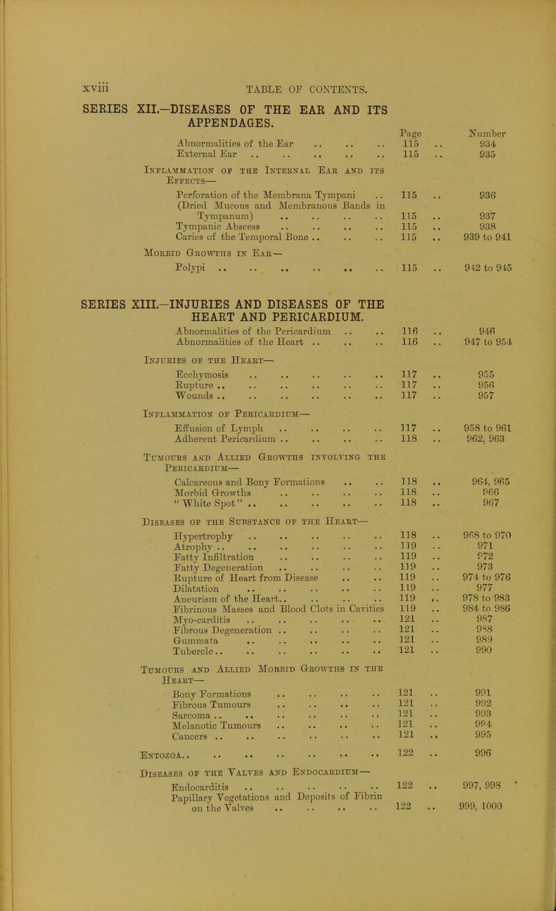 SERIES XII.-DISEASES OF THE EAR AND ITS APPENDAGES. Page Number Abnormalities of the Ear .. .. .. 115 .. 934 External Ear 115 .. 935 Inflammation op the Intehnai Eae and its Effects— Perforation of tlie Membrana Tympani .. 115 .. 936 (Dried Mucous and Membranous Bands in Tympanum) 115 .. 937 Tympanic Abscess .. .. .. .. 115 .. 938 Caries of the Temporal Bone 115 ,. 939 to 941 MoEBiD Geowths in Eae — Polypi .. 115 .. 942 to 915 SERIES XIII.-INJURIES AND DISEASES OF THE HEART AND PERICARDIUM. Abnormalities of the Pericardium .. .. 116 .. 946 Abnormalities of the Heart .. ., .. 116 .. .947 to 954 Injueies of the Heaet— Ecchymosis .. .. .. .. .. 117 . • 955 Eupture 117 .. 956 Wounds .. .. 117 .. 957 Inflammation of Peeicaedium— Effusion of Lymph 117 .. 958 to 961 Adherent Pericardium .. .. .. .. 118 .. 962, 963 TUMOTTBS AKT) ALLIED GeOWTHS INVOLVING THE Peeicaedium— Calcareous and Bony Fomiations .. .. 118 .. 964,965 Morbid Growths 118 .. 966 Wliite Spot 118 .. 967 Diseases of the Substance of the Heaet— Hypertrophy 118 .. 968 to 970 Atrophy 119 971 Fatty Infiltration 119 .. P72 Fatty Degeneration .. .. .. .. 119 .. 973 Rupture of Heart from Disease .. .. 119 .. 974 to 976 Dilatation 119 .. 977 Aneurism of the Heart 119 .. 978 to 983 Fibrinous Masses and Blood Clots in Cavities 119 .. 984 to 986 Myo-carditis 121 .. 987 Fibrous Degeneration .. .. .. .. 121 .. 9S8 Gummata 121 .. 989 Tubercle 121 .. 990 TUMOUES AND AlLIED MOBBID GeOWTHS IN THE Heaet— Bony Formations 121 .. 901 Fibrous Tumours 121 .. 992 Sarcoma 121 .. 993 Melanotic Tumours .. .. .. •■ 121 .. 9P4 Cancers 121 995 Entozoa. . .. . • • • • • • • •• 122 .. 996 Diseases of the Valves and Endocaedium— Endocarditis 122 .. 997,998 ' Papillary Vegetations and Deposits of Fibrin on the Valves 122 .. 999, 1000