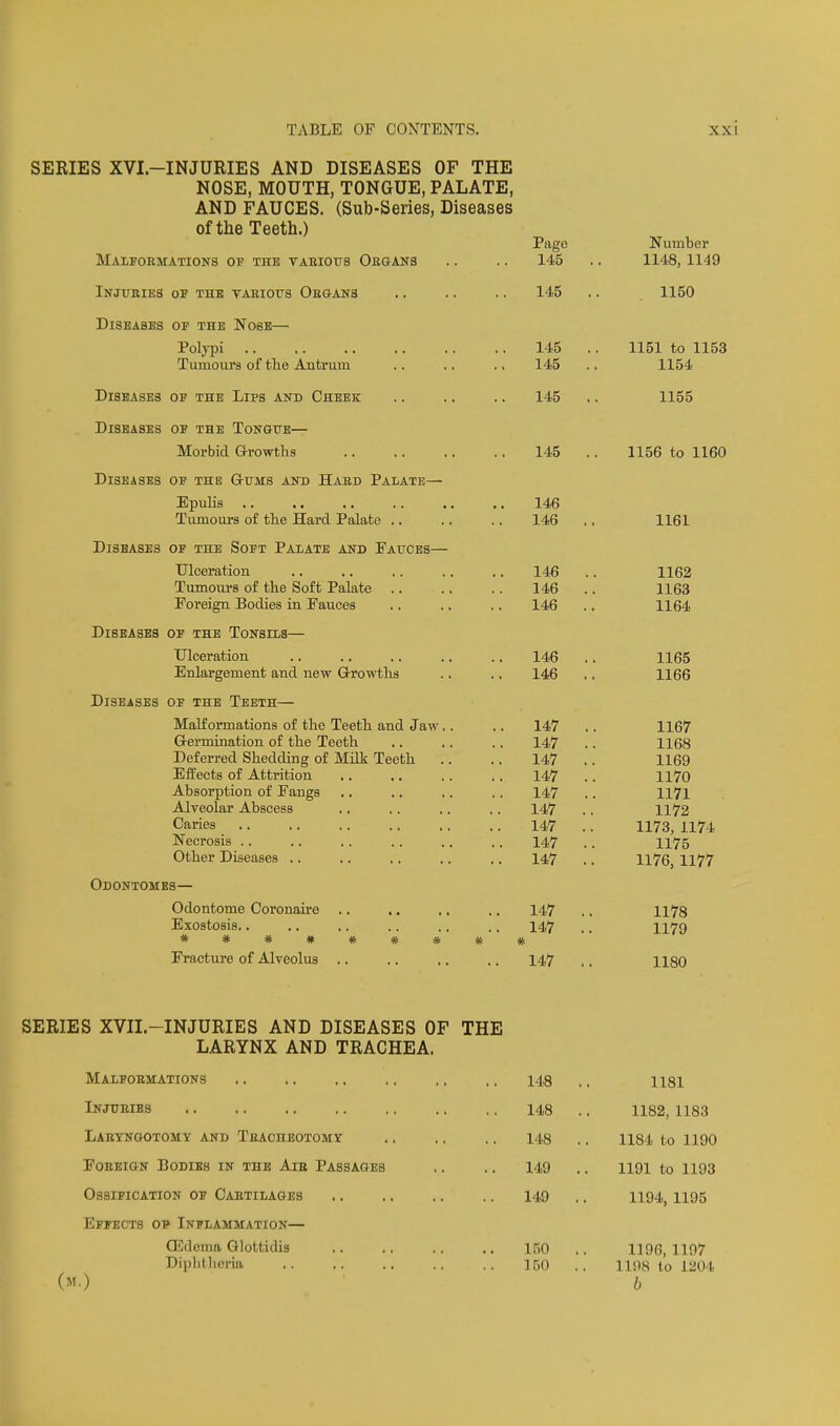 SERIES XVI.-INJURIES AND DISEASES OF THE NOSE, MOUTH, TONGUE, PALATE, AND FAUCES. (Sub-Series, Diseases of the Teeth.) Page Maxfobmations of the vabious Oegans .. .. 145 Injubies op the TAEiora Oegans .. .. .. 145 Diseases of the Nose— Polypi .. .. .. .. .. . ■ 145 Tumours of tlie Antrum .. .. ., 145 Diseases of the Lips and Cheez .. .. .. 145 . Diseases of the Tongue— Morbid Q-rowths 145 Diseases of the G-ums and Habd Palate— Epulis 146 Tumours of the Hard Palate .. .. .. 146 Diseases of the Soft Paxate and Fauces— TJlceration .. .. .. .. ., 146 Tumoui-8 of the Soft Palate 146 Foreign Bodies in Fauces .. .. .. 146 Diseases of the TonshiS— Ulceration .. .. .. ., .. 146 Enlargement and new Growths .. .. 146 Diseases of the Teeth— Malformations of the Teeth and Jaw,. .. 147 Germination of the Teeth .. ,. .. 147 Deferred Shedding of Milk Teeth .. .. 147 Effects of Attrition .. ,. .. .. 147 Absorption of Fangs .. .. .. .. 147 Alveolar Abscess .. .. .. .. 147 Caries .. .. .. .. .. .. 147 Necrosis .. .. .. .. .. .. 147 Other Diseases .. .. .. .. ,. 147 Odontomes— Odontoma Coronaire .. .. .. .. 147 Exostosis.. .. .. .. ., ., 147 ********* Fracture of Alveolus .. .. .. .. 147 Number 1148, 1149 1150 1151 to 1153 1154 1155 1156 to 1160 1161 1162 1163 1164 1165 1166 1167 1168 1169 1170 1171 1172 1173, 1174 1175 1176, 1177 1178 1179 1180 SERIES XVII.-INJURIES AND DISEASES OF THE LARYNX AND TRACHEA. Malpoemations Injubies LABTNOOTOMY and TaACHEOTOMr Fobeion Bodies in the Aie Passages Ossification of Caetilages Effects op Inflammation— QCdoma Glottidis (M.) Diplillieria 148 148 148 149 149 150 150 1181 1182, 1183 1181. to 1190 1191 to 1193 1194, 1195 1196, 1197 11118 to 1204 b