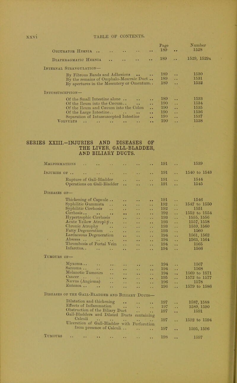 Page Number Obttthatob Hehnia .. .. .. ■• •• 1528 DiAPHEAGMATiO Heenia 189 .. 1529, 1529a Intebnai, Stbangtjlation— By Fibrous Bands and Adhesions .. 189 .. 1530 By the remains of Ouiphalo-Mcseraic Duct .. 189 .. 1531 By apertures in the Mesentery or Omentum.. 189 . • 1532 Intussusception— Of the Small Intestine alone 189 .. 1533 Of the Ileum into the Cfficum.. .. .. 190 .. 1534 Of the Ileum and Csecum into the Colon .. 190 .. 1535 Of the Large Intestine 190 .. 1536 SejDaration of Intussuscepted Intestine .. 190 .. 1537 VoLTULUS 190 .. 1538 SERIES XXIII.-INJURIES AND DISEASES OF THE LIVER, GALL-BLADDER, AND BILIARY DUCTS. Maleoemations .. .. .. .. .. . • 191 .. 1539 Injubies of .. .. .. .. .. .. .. 191 .. 1540 to 1543 Kuptm-e of GaU-Bladder 191 .. 1544 Operations on Gall-Bladder .. ,. .. 191 .. 1545 Diseases or— Thickening of Capsule 191 .. 1546 Syphilitic Gummata 192 .. 1547 to 1550 Syphihtic Cirrhosis 192 .. 1551 Cirrhosis 192 .. 1552 to 1554 Hypertrophic Cirrhosis .. .. .. 193 .. 1555, 1556 Acute Yellow Atropliy 193 .. 1557,1558 Chronic Atrophy 193 .. 1559, 1560 Fatty Degeneration 193 .. 1560 Lardaceous Degeneration .. .. .. 194 .. 1561,1562 Abscess 194 .. 1563,1564 Thrombosis of Portal Vein 194 .. 1565 Infarctus 194 .. 1566 TuMOUES OP— Myxoma 194 .. 1567 Sarcoma 194, .. 1568 Melanotic Tumours 194 .. 1569 to 1571 Cancer 195 ., 1572 to 1577 Na;vus (Angioma) 196 .. 1578 ISntozoa 196 ., 1579 to 1586 Diseases of the Gail-Bladdeb and Biliaet Ducts— Dilatation and thickening .. ,. .. 197 .. 1587, 1588 Eflects of Inflammation .. .. .. 197 .. 1589, 1590 Obstruction of the Biliary Duct .. ., 197 .. 1591 Gall-Bladders and Dilated Ducts containing Calculi 197 _ 1592 to 1594 Ulceration of Gall-Bladder -nith Perforation from presence of Calculi 197 .. 1595, 1596 TuMOUES 198 .. 1597