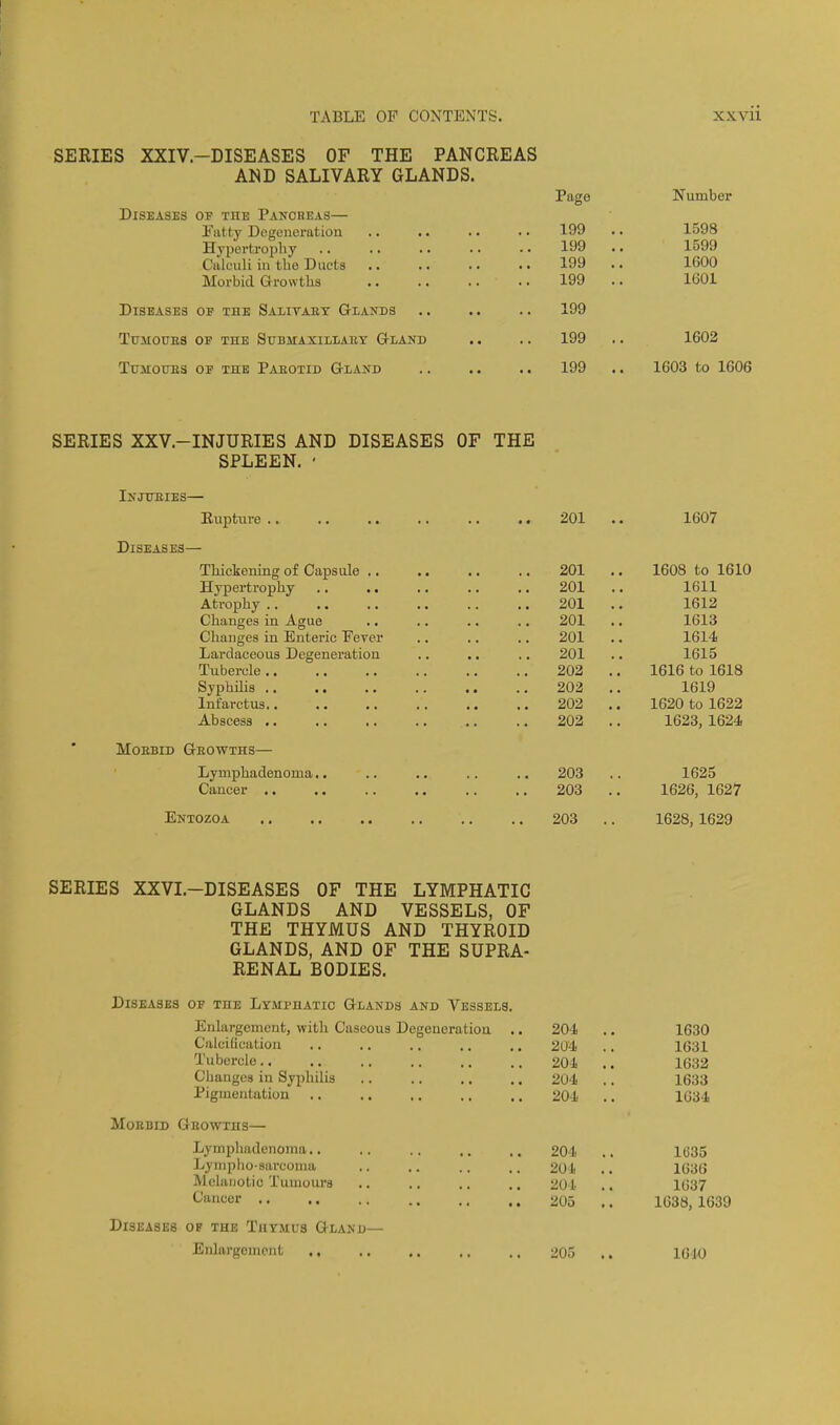 SERIES XXIV.-DISEASES OF THE PANCREAS AND SALIVARY GLANDS. Page Number Diseases of the Pancreas— Patty Degeneration 199 • • 1598 Hypertrophy 199 .. 1599 Calculi in the Duets 199 .. 1600 Morbid Growths 199 .. 1601 Diseases of the Salivaet Glands .. .. .. 199 TUIIOUES OF THE SuBMAXILIiABT GlAND .. . . 199 . . 1602 TuiiouES OF THE Paeotid Giand .. .. .. 199 ,. 1603 to 1606 SERIES XXV.-INJURIES AND SPLEEN. • DISEASES OF THE Injueies— Eupture Diseases— Thickening of Capsule ., Hypertrophy Atrophy .. Changes in Ague Changes in Enteric Fever Lardaceous Degeneration Tubercle ,. Syphihs ,. Infarctus.. Abscess .. MoEBiD Geowths— Lymphadenoma.. Cancer .. 201 . 1607 201 . 1608 to 1610 201 . 1611 201 . 1612 201 . 1613 201 1614 201 . 1615 202 , 1616 to 1618 202 . 1619 202 . 1620 to 1622 202 . 1623, 1624 203 . 1625 203 . 1626, 1627 Entozoa 203 1628, 1629 SERIES XXVL-DISEASES OF THE LYMPHATIC GLANDS AND VESSELS, OF THE THYMUS AND THYROID GLANDS, AND OF THE SUPRA- RENAL BODIES. Diseases of the Lymphatic Glands and Vessels. Enlargement, with Caseous Degeneration .. 204 .. 1630 C'aicilication .. .. .. .. .. 204 .. 1631 Tubercle 204 .. 1632 Changes in Syphilis 204 .. 1633 Pigmentation 204 .. 1634 MoEBID GbOWTIIS— Lymphadenoma 201 .. 1(335 Lympho sarcoma 204 .. 1636 Melanotic Tumours .. .. .. .. 201. .. 1637 Cancer 205 .. 1638, 1639 Diseases of the Thymus Gland— Enlargement 205 .. 1610