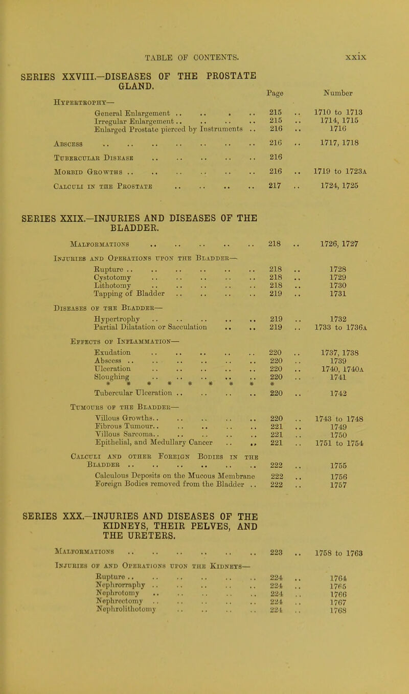 SERIES XXVIII.-DISEASES OF THE PROSTATE GLAND. Page Hypebtbophy— Gonoral Enlargement .. .. . .. 215 Irregular Enlargement.. .. .. .. 215 Enlarged Prostate pierced bj' Instruments .. 216 Abscess 216 TuBEBCTTiiAB Disease ,. .. .. .. .. 216 MoBBiD Geowths .. .. .. .. .. .. 216 CALCtTLI IN THE PeOSTATE .. .. .. .. 217 Number 1710 to 1713 1714, 1715 1716 1717, 1718 1719 to 1723a 1724, 1725 SERIES XXIX.-INJURIES AND DISEASES OF THE BLADDER. MALrOBMATIONS . . . . . . .. . . 218 Injueies and Opeeations upon the Bladdee— Eupture 218 Cystotomy 218 Lithotomy 218 Tapping of Bladder 219 Diseases of the Bladdee— Hypertrophy .. .. .. ,. .. 219 Partial Dilatation or Sacculation .. .. 219 EpPECTS of INFI/AMMATION— Exudation .. .. .. .. .. 220 Abscess .. .. .. .. .. .. 220 Ulceration 220 Sloughing 220 **#***### Tviborcular Ulceration .. .. .. .. 220 TtTMOUES OP THE BlADDEE Yillous Growths.. .. .. .. .. 220 Fibrous Tumour.. .. .. .. .. 221 Villous Sarcoma.. .. .. .. ,. 221 EpitheUal, and Medullary Cancer .. ,, 221 Caictjli and othee Foeeign Bodies in the Bladdee .. .. .. .. ,. .. 222 Calculous Deposits on the Mucous Membrane 222 Foreign Bodies removed from the Bladder .. 222 1726, 1727 1728 1729 1730 1731 1732 1733 to 1736a 1737,1738 1739 1740, 1740a 1741 1742 1743 to 1748 1749 1750 1751 to 1754 1755 1756 1757 SERIES XXX.-INJURIES AND DISEASES OF THE KIDNEYS, THEIR PELVES, AND THE URETERS. MAI/FOEMATIONS Injueies of and Opeeations upon the Kidneys— Rupture .. Nephrorraphy .. Nephrotomy .. Nephrectomy Nephrolithotomy 223 224 224 224 224 224 1758 to 1763 1764 17fi6 1766 1767 1768