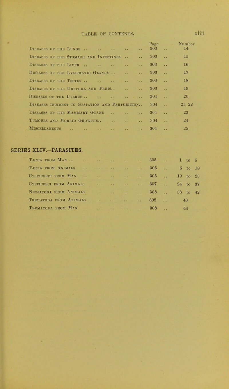 Diseases of the Lungs .. Diseases op the Stomach and Intestines .. Diseases oe the Liveb .. Diseases of tjie Lymphatic Glands .. Diseases op the Testes .. Diseases of the Ueethba and Penis. . Diseases of the Uterus .. Diseases incident to Gestation and Paetubition. Diseases of the Mammaey Gland TUMOUES AND MOEBID GEOWTHS, . Miscellaneous SERIES XLIV.-PARASITES. T^NiA FEOM Man .. T^nia FEOM Animals Ctsticebci fbom Man CTSTICEBCI FEOM AnIMALS NiEMATODA FEOM AnIMAXS TbEMATODA FEOM ANIMALS TEEMATODA FEOM MAN Page Number 303 14 303 15 303 16 303 17 303 18 303 .. 19 304 .. 20 304 .. 21, 22 304 .. 23 304 24 304 25 305 1 to 5 305 .. 6 to 18 305 .. 19 to 23 307 .. 24 to 37 308 .. 38 to 42 308 .. 43 308 .. 44