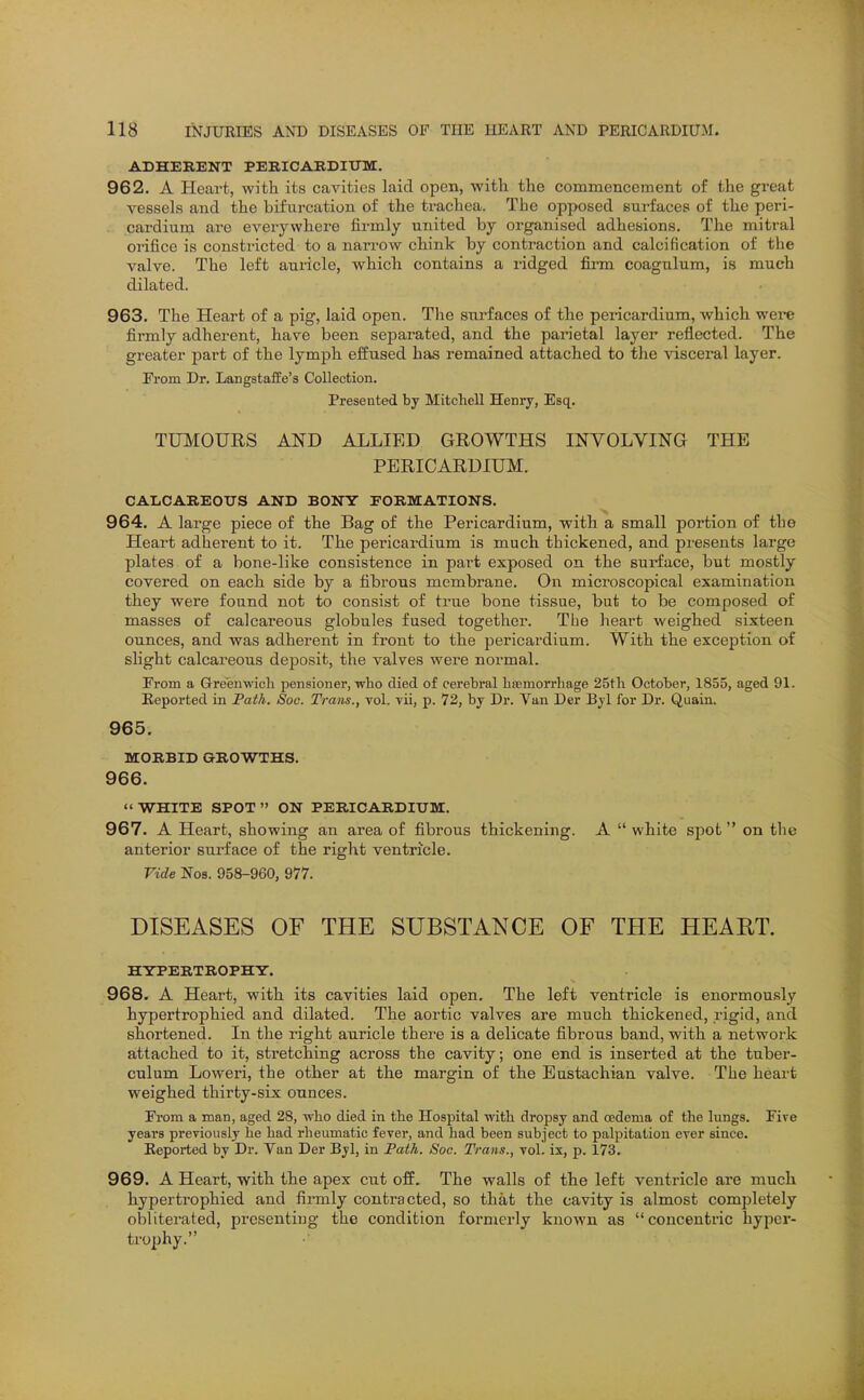 ADHERENT PERICABDIXXM. 962. A Heart, with its cavities laid open, with the commencement of the great vessels and the bifui-cation of the trachea. The opposed surfaces of the peri- cardium are everywhere firmly united by organised adhesions. The mitral orifice is constricted to a narrow chink by contraction and calcification of the valve. The left auiicle, which contains a ridged finn coagulum, is much dilated. 963. The Heart of a pig, laid open. The surfaces of the pericardium, which were firmly adherent, have been separated, and the parietal layer reflected. The greater part of the lymph effused has remained attached to the visceral layer. Fi'om Dr. Langstaffe's Collection, Presented by Mitchell Henry, Esq. TUMOURS AND ALLIED GROWTHS INVOLVING THE PERICARDIUM. CAIiCAREOUS AND BONY EORMATIONS. 964. A large piece of the Bag of the Pericardium, with a small portion of the Heart adherent to it. The pericardium is much thickened, and presents large plates of a bone-like consistence in part exposed on the surface, but mostly covered on each side by a fibrous membrane. On microscopical examination they were found not to consist of true bone tissue, but to be composed of masses of calcareous globules fused together. The heart weighed sixteen ounces, and was adherent in front to the pericardium. With the exception of slight calcareous deposit, the valves were normal. From a Q-re'enwich pensioner, who died of cerebral hmmorrhage 25tli October, 1855, aged 91. Reported in Fath. Soc. Trans., vol. vii, p. 72, by Dr. Van Der Byl for Dr. Quain. 965. MORBID GROWTHS. 966. <' WHITE SPOT ON PERICARDIUM. 967. A Heart, showing an area of fibrous thickening. A white spot on the anterior surface of the right ventricle. Vide Nos. 958-960, 977. DISEASES OF THE SUBSTANCE OF THE HEART. HYPERTROPHY. 968. A Heart, with its cavities laid open. The left ventricle is enormously hypertrophied and dilated. The aortic valves are much thickened, rigid, and shortened. In the right auricle there is a delicate fibrous band, with a network attached to it, stretching across the cavity; one end is inserted at the tuber- culum Loweri, the other at the margin of the Eustachian valve. The heart weighed thirty-six ounces. From a man, aged 28, who died in the Hospital with dropsy and oedema of the lungs. Five years previously he bad rheumatic fever, and bad been subject to palpitation ever since. Reported by Dr. Van Der Byl, in Tath. Soc. Trans., vol. ix, p. 173. 969. A Heart, with the apex cut off. The walls of the left ventricle are much hypertrophied and firmly contracted, so that the cavity is almost completely obliterated, presentijig the condition formerly known as concentric hyper- trophy.