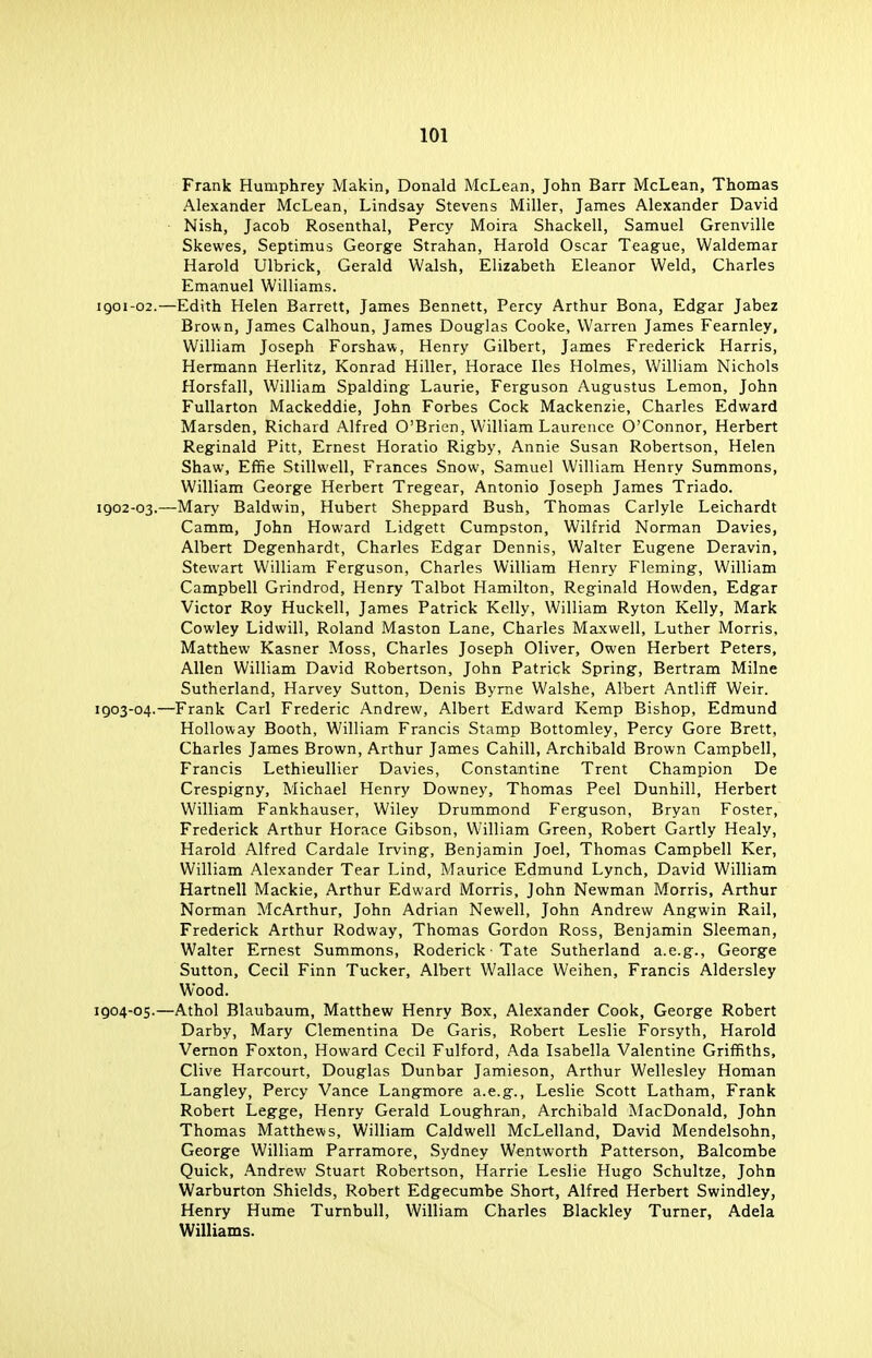 Frank Humphrey Makin, Donald McLean, John Barr McLean, Thomas Alexander McLean, Lindsay Stevens Miller, James Alexander David Nish, Jacob Rosenthal, Percy Moira Shackell, Samuel Grenville Skewes, Septimus George Strahan, Harold Oscar Teague, Waldemar Harold Ulbrick, Gerald Walsh, Elizabeth Eleanor Weld, Charles Emanuel Williams. 1901- 02.—Edith Helen Barrett, James Bennett, Percy Arthur Bona, Edgar Jabez Brown, James Calhoun, James Douglas Cooke, Warren James Fearnley, William Joseph Forshaw, Henry Gilbert, James Frederick Harris, Hermann Herlitz, Konrad Hiller, Horace lies Holmes, William Nichols Horsfall, William Spalding Laurie, Ferguson Augustus Lemon, John Fullarton Mackeddie, John Forbes Cock Mackenzie, Charles Edward Marsden, Richard Alfred O'Brien, William Laurence O'Connor, Herbert Reginald Pitt, Ernest Horatio Rigby, Annie Susan Robertson, Helen Shaw, Effie Stillwell, Frances Snow, Samuel William Henry Summons, William George Herbert Tregear, Antonio Joseph James Triado. 1902- 03.—Mary Baldwin, Hubert Sheppard Bush, Thomas Carlyle Leichardt Camm, John Howard Lidgett Cumpston, Wilfrid Norman Davies, Albert Degenhardt, Charles Edgar Dennis, Walter Eugene Deravin, Stewart William Ferguson, Charles William Henry Fleming, William Campbell Grindrod, Henry Talbot Hamilton, Reginald Howden, Edgar Victor Roy Huckell, James Patrick Kelly, William Ryton Kelly, Mark Cowley Lidwill, Roland Maston Lane, Charles Maxwell, Luther Morris, Matthew Kasner Moss, Charles Joseph Oliver, Owen Herbert Peters, Allen William David Robertson, John Patrick Spring, Bertram Milne Sutherland, Harvey Sutton, Denis Byrne Walshe, Albert Antliff Weir. 1903- 04.—Frank Carl Frederic Andrew, Albert Edward Kemp Bishop, Edmund Holloway Booth, William Francis Stamp Bottomley, Percy Gore Brett, Charles James Brown, Arthur James Cahill, Archibald Brown Campbell, Francis Lethieullier Davies, Constantine Trent Champion De Crespigny, Michael Henry Downey, Thomas Peel Dunhill, Herbert William Fankhauser, Wiley Drummond Ferguson, Bryan Foster, Frederick Arthur Horace Gibson, William Green, Robert Gartly Healy, Harold Alfred Cardale Irving, Benjamin Joel, Thomas Campbell Ker, William Alexander Tear Lind, Maurice Edmund Lynch, David William Hartnell Mackie, Arthur Edward Morris, John Newman Morris, Arthur Norman McArthur, John Adrian Newell, John Andrew Angwin Rail, Frederick Arthur Rodway, Thomas Gordon Ross, Benjamin Sleeman, Walter Ernest Summons, Roderick • Tate Sutherland a.e.g., George Sutton, Cecil Finn Tucker, Albert Wallace Weihen, Francis Aldersley Wood. 1904- 05.—Athol Blaubaum, Matthew Henry Box, Alexander Cook, George Robert Darby, Mary Clementina De Garis, Robert Leslie Forsyth, Harold Vernon Foxton, Howard Cecil Fulford, Ada Isabella Valentine Griffiths, Clive Harcourt, Douglas Dunbar Jamieson, Arthur Wellesley Homan Langley, Percy Vance Langmore a.e.g., Leslie Scott Latham, Frank Robert Legge, Henry Gerald Loughran, Archibald MacDonald, John Thomas Matthews, William Caldwell McLelland, David Mendelsohn, George William Parramore, Sydney Wentworth Patterson, Balcombe Quick, Andrew Stuart Robertson, Harrie Leslie Hugo Schultze, John Warburton Shields, Robert Edgecumbe Short, Alfred Herbert Swindley, Henry Hume Turnbull, William Charles Blackley Turner, Adela Williams.