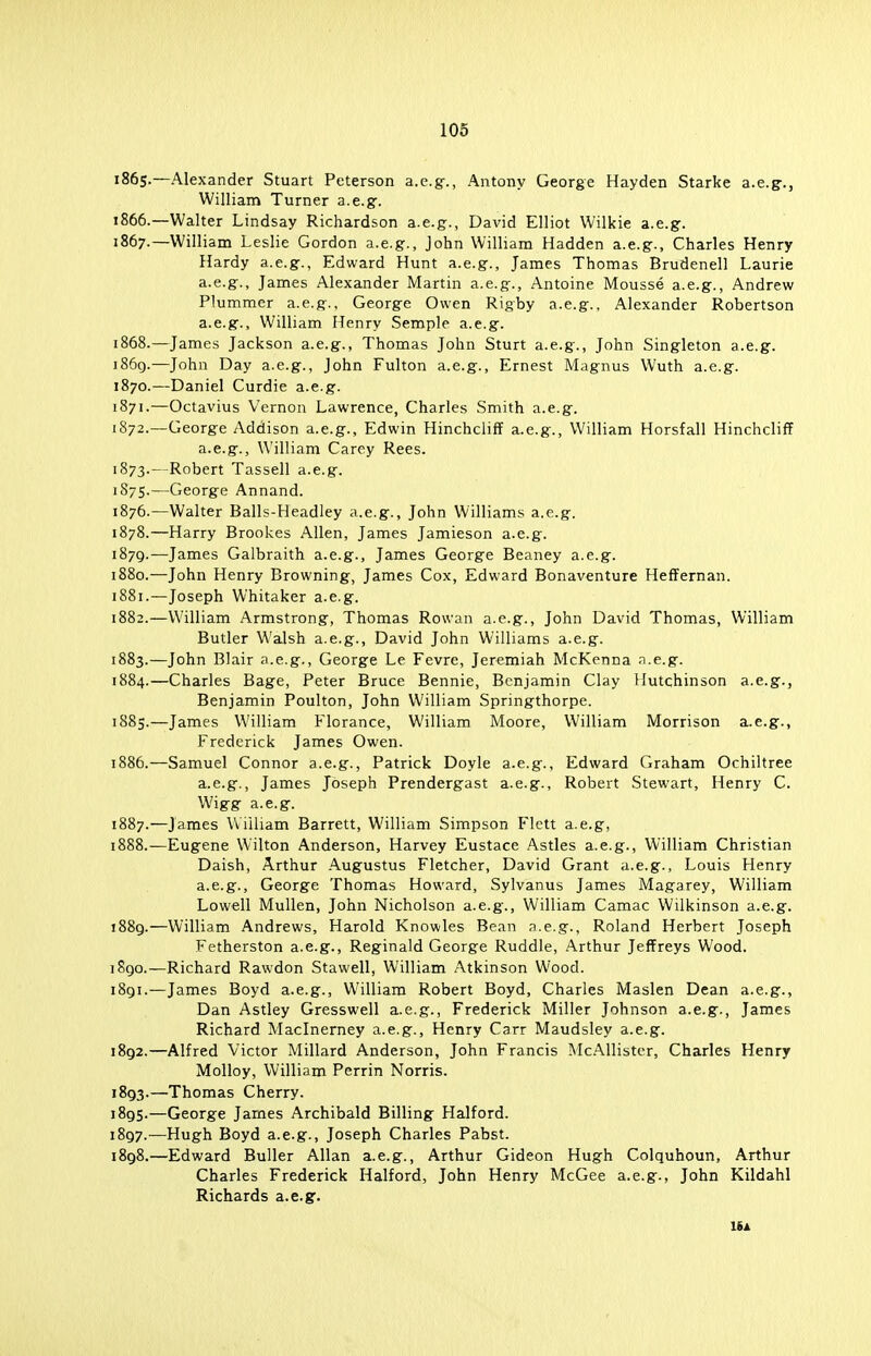 1865. —Alexander Stuart Peterson a.e.g., Antony George Hayden Starke a.e.g., William Turner a.e.g. 1866. —Walter Lindsay Richardson a.e.g., David Elliot Wilkie a.e.g. 1867. —William Leslie Gordon a.e.g., John William Hadden a.e.g., Charles Henry Hardy a.e.g., Edward Hunt a.e.g., James Thomas Brudenell Laurie a.e.g., James Alexander Martin a.e.g., Antoine Mousse a.e.g., Andrew Plummer a.e.g., George Owen Rigby a.e.g., Alexander Robertson a.e.g., William Henry Semple a.e.g. 1868. —James Jackson a.e.g., Thomas John Sturt a.e.g., John Singleton a.e.g. 1869. —John Day a.e.g., John Fulton a.e.g., Ernest Magnus Wuth a.e.g. 1870. —Daniel Curdie a.e.g. 1871. —Octavius Vernon Lawrence, Charles Smith a.e.g. 1872. —George Addison a.e.g., Edwin Hinchcliff a.e.g., William Horsfall Hinchcliff a.e.g., William Carey Rees. 1873. —Robert Tassell a.e.g. 1S75.—George Annand. 1876.—Walter Balls-Headley a.e.g., John Williams a.e.g. 1878. —Harry Brookes Allen, James Jamieson a.e.g. 1879. —James Galbraith a.e.g., James George Beaney a.e.g. 1880. —John Henry Browning, James Cox, Edward Bonaventure Heffernan. 1881. —Joseph Whitaker a.e.g. 1882. —William Armstrong, Thomas Rowan a.e.g., John David Thomas, William Butler Walsh a.e.g., David John Williams a.e.g. 1883. —John Blair a.e.g., George Le Fevre, Jeremiah McKenna a.e.g. 1884. —Charles Bage, Peter Bruce Bennie, Benjamin Clay Hutchinson a.e.g., Benjamin Poulton, John William Springthorpe. 1885. —James William Florance, William Moore, William Morrison a.e.g., Frederick James Owen. 1886. —Samuel Connor a.e.g., Patrick Doyle a.e.g., Edward Graham Ochiltree a.e.g., James Joseph Prendergast a.e.g., Robert Stewart, Henry C. Wigg a.e.g. 1887. —James William Barrett, William Simpson Flett a.e.g, 1888. —Eugene Wilton Anderson, Harvey Eustace Astles a.e.g., William Christian Daish, Arthur Augustus Fletcher, David Grant a.e.g., Louis Henry a.e.g., George Thomas Howard, Sylvanus James Magarey, William Lowell Mullen, John Nicholson a.e.g., William Camac Wilkinson a.e.g. 1889. —William Andrews, Harold Knowles Bean a.e.g., Roland Herbert Joseph Fetherston a.e.g., Reginald George Ruddle, Arthur Jeffreys Wood. 1890. —Richard Rawdon Stawell, William Atkinson Wood. 1891. —James Boyd a.e.g., William Robert Boyd, Charles Maslen Dean a.e.g., Dan Astley Gresswell a.e.g., Frederick Miller Johnson a.e.g., James Richard Maclnerney a.e.g., Henry Carr Maudsley a.e.g. 1892. —Alfred Victor Millard Anderson, John Francis McAllister, Charles Henry Molloy, William Perrin Norris. 1893. —Thomas Cherry. 1895.—George James Archibald Billing Halford. 1897. —Hugh Boyd a.e.g., Joseph Charles Pabst. 1898. —Edward Buller Allan a.e.g., Arthur Gideon Hugh Colquhoun, Arthur Charles Frederick Halford, John Henry McGee a.e.g., John Kildahl Richards a.e.g. 16a