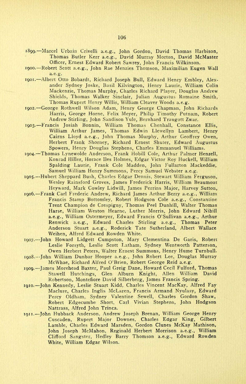 1899. —Marcel Urbain Crivelli a.e.g., John Gordon, David Thomas Harbison, Thomas Butler Kerr a.e.g., David Murray Morton, David McMaster Officer, Ernest Edward Robert Sawrey, John Francis Wilkinson. 1900. —Robert Scott a.e.g., John Rae Menzies Thomson, Maximilian Eugen Wall a.e.g. 1901. —Albert Otto Bobardt, Richard Joseph Bull, Edward Henry Embley, Alex- ander Sydney Joske, Basil Kilvington, Henry Laurie, William Colin Mackenzie, Thomas Murphy, Charles Richard Player, Douglas Andrew Shields, Thomas Walker Sinclair, Julian Augustus Romaine Smith, Thomas Rupert Henry Willis, William Cleaver Woods a.e.g. 1902. —George Rothwell Wilson Adam, Henry George Chapman, John Richards Harris, George Horne, Felix Meyer, Philip Timothy Putnam, Robert Andrew Stirling, John Sandison Yule, Bernhard Traugott Zwar. 1903. —Francis Josiah Bonnin, William Thomas Chenhall, Constance Ellis, William Arthur James, Thomas Edwin Llewellyn Lambert, Henry Cairns Lloyd a.e.g., John Thomas Murphy, Arthur Geoffrey Owen, Herbert Frank Shorney, Richard Ernest Shuter, Edward Augustus Spowers, Henry Douglas Stephens, Charles Emmanuel Williams. 1904. —Thomas Lynewolde Anderson, Frank Hobill Cole, Arthur Palmer Henzell, Konrad Hiller, Horace lies Holmes, Edgar Victor Roy Huckell, William Spalding Laurie, Frank Cole Madden, John Fullarton Mackeddie, Samuel William Henry Summons, Percy Samuel Webster a.e.g. 1905. —Hubert Sheppard Bush, Charles Edgar Dennis, Stewart William Ferguson, Wesley Rainsford Groves, James Frederick Harris, William Beaumont Hey ward, Mark Cowley Lidwill, James Perrins Major, Harvey Sutton, 1906. —Frank Carl Frederic Andrew, Richard James Arthur Berry a.e.g., William Francis Stamp Bottomley, Robert Hodgson Cole a.e.g., Constantine Trent Champion de Crespigny, Thomas Peel Dunhill, Walter Thomas Harse, William Weston Hearne, Luther Morris, John Edward Nihill a.e.g., William Ostermeyer, Edward Francis O'SuIlivan a.e.g., Arthur Renwick a.e.g., Edward Charles Stirling a.e.g., Thomas Peter Anderson Stuart a.e.g., Roderick Tate Sutherland, Albert Wallace Weihen, Alfred Edward Rowden White. 1907. —John Howard Lidgett Cumpston, Mary Clementina De Garis, Roberc Leslie Forsyth, Leslie Scott Latham, Sydney Wentworth Patterson, Owen Herbert Peters, Walter Ernest Summons, Henry Hume Turnbull. 1908. —John William Dunbar Hooper a.e.g., John Robert Lee, Douglas Murray McWhae, Richard Alfred O'Brien, Robert George Reid a.e.g. 1909. —James Morehead Baxter, Paul Greig Dane, Howard Cecil Fulford, Thomas Stawell Hutchings, Glen Alburn Knight, Allen William David Robertson, Montefiore David Silberberg, James Francis Spring. 1910. —John Kennedy, Leslie Stuart Kidd. Charles Vincent MacKay, Alfred Fay Maclure, Charles Inglis McLaren, Francis Armand Nyulasy, Edward Percy Oldham, Sydney Valentine Sewell, Charles Gordon Shaw, Robert Edgecumbe Short, Carl Vivian Stephens, John Hodgson Nattrass, Alfred John Trinca. 1911. —John Hubback Anderson. Andrew Joseph Brenan, William George Henry Cuscaden, Rupert Major Downes, Charles Edgar King, Gilbert Lamble, Charles Edward Marsden, Gordon Clunes McKay Mathison, John Joseph McMahon, Reginald Herbert Morrison a.e.g., William Clifford Sangste.r, Hedley Barry Thomson a.e.g., Edward Rowden White, William Edgar Wilson.