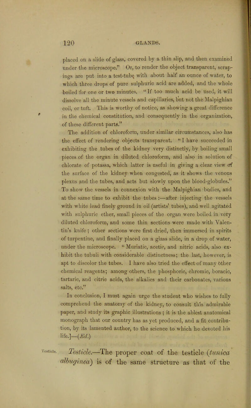 placed on a slide of glass, covered by a thin slip, and then examined under the microscope. Or, to render the object transparent, scrap- ings are put into a test-tubg with about half an ounce of water, to which three drops of pure sulphuric acid are added, and the whole boiled for one or two minutes.  If too much acid be used, it will dissolve all the minute vessels and capillaries, but not the Malpighian coil, or tuft. This is worthy of notice, as showing a great difference in the chemical constitution, and consequently in the organization, of these different parts. The addition of chloroform, under similar circumstances, also has the effect of rendering objects transparent.  I have succeeded in exhibiting the tubes of the kidney very distinctly, by boiling small pieces .of the organ in diluted chloroform, and also in solution of chlorate of potassa, which latter is useful in giving a clear view of the surface of the kidney when congested, as it shows the venous plexus and the tubes, and acts but slowly upon the blood-globules. To show the vessels in connexion with the Malpighian bodies, and at the same time to exhibit the tubes :—after injecting the vessels with white lead finely ground in oil (artists' tubes), and well agitated with sulphuric ether, small pieces of the organ were boiled in very diluted chloroform, and some thin sections were made with Valen- tin's knife ; other sections were first dried, then immersed in spirits of turpentine, and finally placed on a glass slide, in a drop of water, under the microscope.  Muriatic, acetic, and nitric acids, also ex- hibit the tubuli with considerable distinctness; the last, however, is apt to discolor the tubes. I have also tried the effect of many Other chemical reagents; among others, the phosphoric, chromic, boracic, tartaric, and citric acids, the alkalies and their carbonates, various salts, etc. In conclusion, I must again urge the student who wishes to fully comprehend the anatomy of the kidney, to consult this admirable paper, and study its graphic illustrations ; it is the ablest anatomical monograph that our country has as yet produced, and a fit contribu- tion, by its lamented author, to the science to which be devoted his life.]—(^c^.) Testicle.—The proper coat of the testicle (tunica (dbuginea) is of the same structure as tliat of the