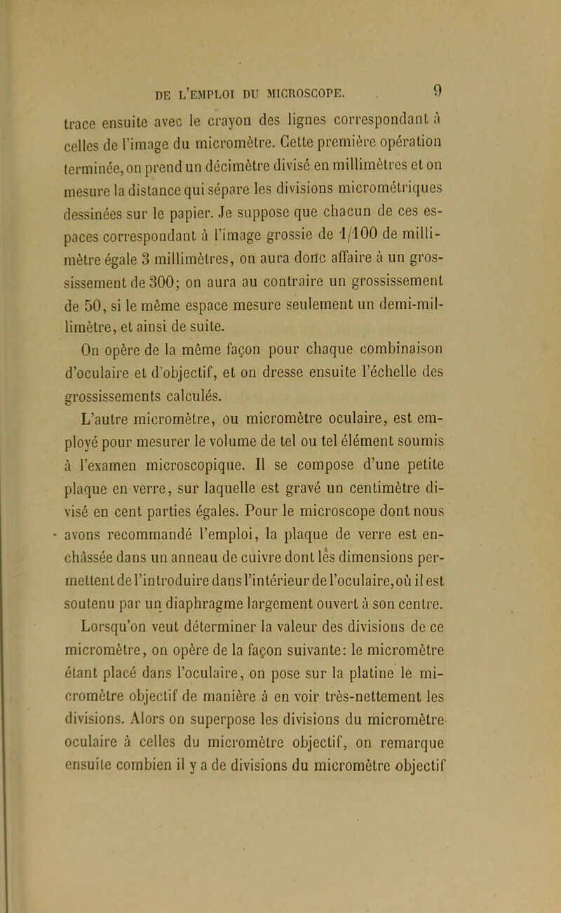 trace ensuite avec le crayon des lignes correspondant à celles de l'image du micromètre. Cette première opération terminée, on prend un décimètre divisé en millimètres et on mesure la distance qui sépare les divisions micrométriques dessinées sur le papier. Je suppose que chacun de ces es- paces correspondant à l'image grossie de 1/100 de milli- mètre égale 3 millimètres, on aura donc affaire à un gros- sissement de 300; on aura au contraire un grossissement de 50, si le même espace mesure seulement un demi-mil- limètre, et ainsi de suite. On opère de la même façon pour chaque combinaison d'oculaire et d'objectif, et on dresse ensuite l'échelle des grossissements calculés. L'autre micromètre, ou micromètre oculaire, est em- ployé pour mesurer le volume de tel ou tel élément soumis à l'examen microscopique. Il se compose d'une petite plaque en verre, sur laquelle est gravé un centimètre di- visé en cent parties égales. Pour le microscope dont nous • avons recommandé l'emploi, la plaque de verre est en- châssée dans un anneau de cuivre dont lès dimensions per- mettent de l'in troduire dans l'intérieur de l'oculaire, où il est soutenu par un diaphragme largement ouvert à son centre. Lorsqu'on veut déterminer la valeur des divisions de ce micromètre, on opère de la façon suivante: le micromètre étant placé dans l'oculaire, on pose sur la platine le mi- cromètre objectif de manière à en voir très-nettement les divisions. Alors on superpose les divisions du micromètre- oculaire à celles du micromètre objectif, on remarque ensuite combien il y a de divisions du micromètre objectif