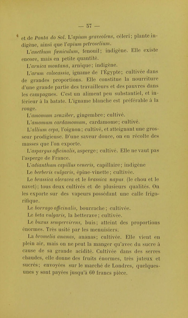 M de Ponta do Sol. L'apium graveolens, céleri; plante in- digène, ainsi que l'opium petroselium. L'methum fœnicidwm, fenouil; indigène. Elle existe encore, mais en petite quantité. L'arnica moutana, arnique; indigène. L'arum colocassia, igname de l'Egypte; cultivée dans de grandes proportions. Elle constitue la nourriture d'une grande partie des travailleurs et des pauvres dans les campagnes. C'est un aliment peu substantiel, et in- férieur à la batate. L'igname blanche est préférable à la rouge. L'amomum zenziber, gingembre ; cultivé. L'amomum cardamomum, cardamome; cultivé. L'allium cepa, l'oignon; cultivé, et atteignant une gros- seur prodigieuse. D'une saveur douce, on en récolte des masses que l'on exporte. L'aspargus offkinalis, asperge; cultivé. Elle ne vaut pas l'asperge de France. L'adianthum capillus veneris, capillaire; iudigèue Le berberis vulgaris, épine-vinette ; cultivée. Le brassica oleracea et le brassica napus (le chou et le navet); tous deux cultivés et de plusieurs qualités. On les exporte sur des vapeurs possédant une calle frigo- rifique. Le borrago officinalis, bourrache ; cultivée. Le beta vulgaris, la betterave ; cultivée. Le buxus sempervirens, buis ; atteint des proportions énormes. Très usité par les menuisiers. La bromelia ananas, ananas ; cultivée. Elle vient en plein air, mais on ne peut la manger qu'avec du sucre ;ï cause de sa grande acidité. Cultivée dans des serres chaudes, elle donne des fruits énormes, très juteux et sucrés ; envoyées sur le marché de Londres, quelques- unes y sont payées jusqu'à 60 francs pièce.