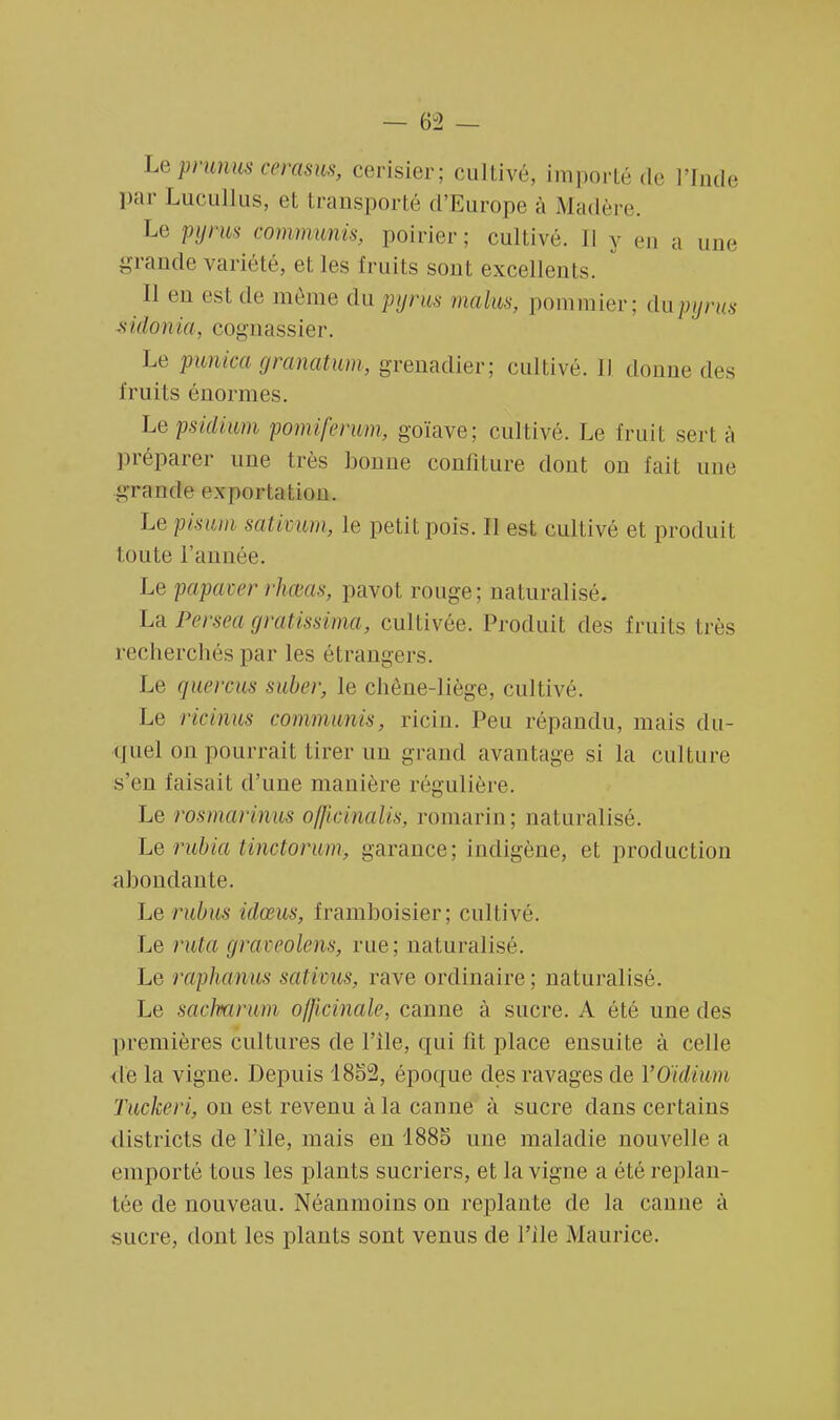 Le prunus cerasus, cerisier; cultivé, importé de L'Inde par Lucullus, et transporté d'Europe à Madère. Le pyrus commuais, poirier; cultivé. Il y eu a nue grande variété, et les fruits sout excellents. Il eu est de même du pyrùs malus, pommier; du pyrus sidonia, cognassier. Le punica granatum, grenadier; cultivé. Il donne des fruits énormes. Lepsidium pomiferum, goïave; cultivé. Le fruit serl à préparer une très bonne confiture dont on fait une grande exportation. Lepisum sativum, Le petit poîs. Il est cultivé et produit toute l'année. Le papaverrhœas, pavot rouge; uaturalisé; La Persea gratissima, cultivée. Produit des fruits très recherchés par les étrangers. Le quercus suber, le chêne-liège, cultivé. Le ricinus commimis, ricin. Peu répandu, mais du- quel on pourrait tirer un grand avantage si la culture s'en faisait d'une manière régulière. Le rosmariwus officinalis, romarin; naturalisé. Le rubia tinctorum, garance; indigène, et production abondante. Le rubus idœus, framboisier; cultivé. Le ruta graveolens, rue; naturalisé. Le raphanus sativus, rave ordinaire; naturalisé. Le sacharum officinale, canne à sucre. A été une des premières cultures de Pile, qui fit place ensuite à celle de la vigne. Depuis 1852, époque des ravages de l'Oïdium Tuckeri, on est revenu à la canne à sucre dans certains districts de Pile, mais en 1885 une maladie nouvelle a emporté tous les plants sucriers, et la vigne a été replan- tée de nouveau. Néanmoins on replante de la canne à sucre, dont les plants sont venus de Pile Maurice.