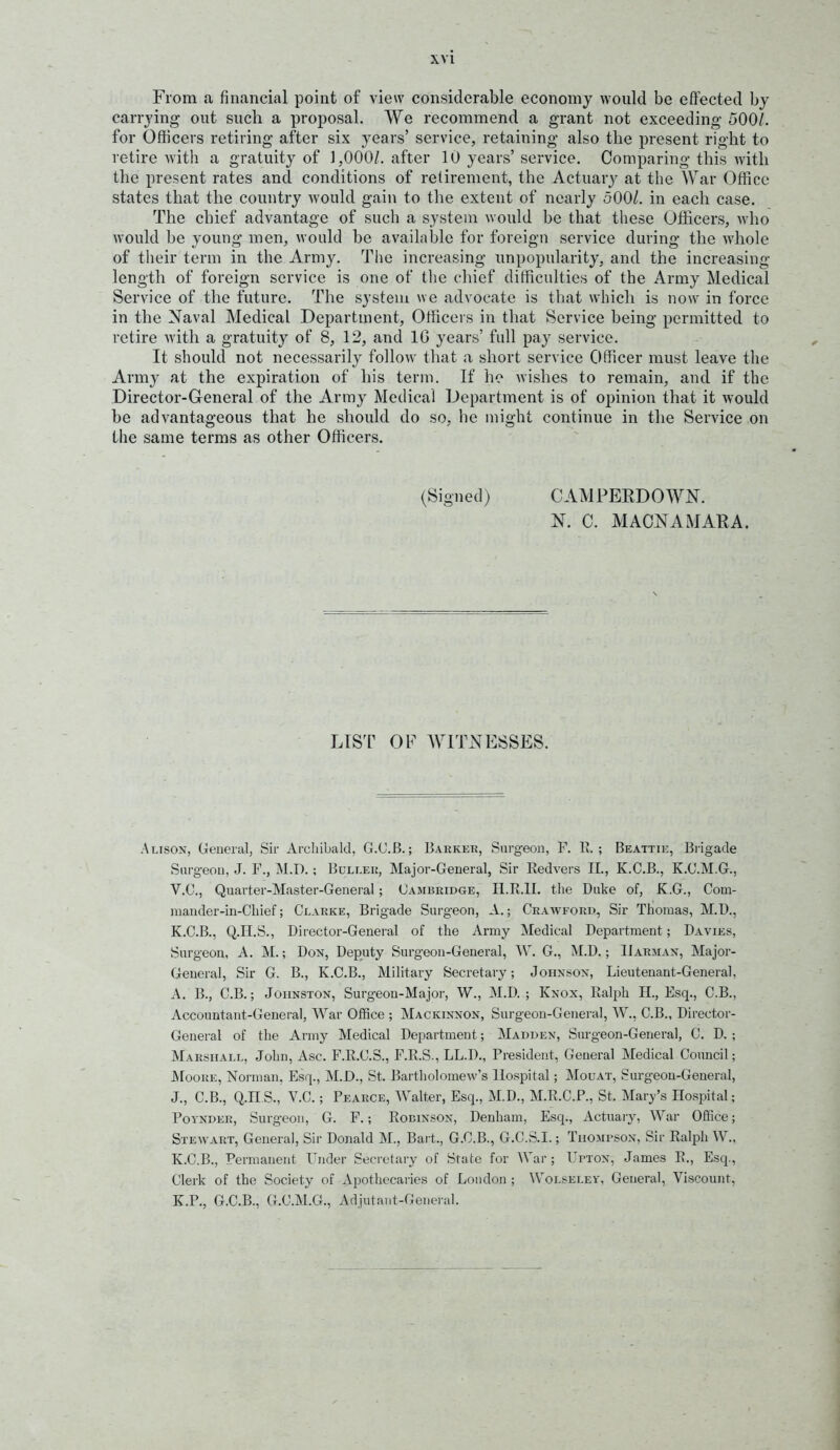 From a financial point of view considerable economy would be effected by carrying out such a proposal. We recommend a grant not exceeding 500/. for Officers retiring after six years' service, retaining also the present right to retire with a gratuity of 1,000/. after 10 years' service. Comparing this with the present rates and conditions of retirement, the Actuary at the War Office states that the country would gain to the extent of nearly 500/. in each case. The chief advantage of such a system would be that these Officers, who would be young men, would be available for foreign service during the whole of their term in the Army. The increasing unpopularity, and the increasing- length of foreign service is one of the chief difficulties of the Army Medical Service of the future. The system we advocate is that which is now in force in the Naval Medical Department, Officers in that Service being permitted to retire with a gratuity of 8, 12, and IG years' full pay service. It should not necessarily follow that a short service Officer must leave the Army at the expiration of his term. If he wishes to remain, and if the Director-General of the Army Medical Department is of opinion that it would be advantageous that he shoidd do so, he might continue in the Service on the same terms as other Officers. (Signed) CAMPERDOWN. N. 0. MAGNA MARA. LIST OF AVITNESSES. Alison, General, Sir Archibald, G.C.B.; Barker, Surgeon, F. R. ; Beattie, Brigade Surgeon, J. F., M.D.; Buller, Major-General, Sir Redvers II., K.C.B., K.O.M.G., V.C., Quarter-Master-General; Oambridge, H.R.II. the Duke of, K.G., Com- )naud6r-in-Chief; Clarke, Brigade Surgeon, A.; Crawford, Sir Thomas, M.D., K.C.B., Q.II.S., Director-General of the Army Medical Department; Davies, Surgeon, A. M.; Don, Deputy Surgeon-General, W. G., M.D.; IJarman, Major- General, Sir G. B., K.O.B., Military Secretary; Johnson, Lieuteuant-General, A. B., C.B.; Johnston, Surgeon-Major, W., M.D. ; Knox, Ralph H., Esq., C.B., Accountant-General, War Office ; Mackinnon, Surgeon-General, W., C.B., Director- General of the Army Medical Department; Madden, Surgeon-General, C. D.; Marshall, John, Asc. F.R.C.S., F.R.S., LL.D., President, General Medical Council; AfooRE, Norman, Esq., M.D., St. Bartholomew's Hospital; Mouat, Surgeon-General, J., C.B., Q.nS., V.C.; Pearce, Walter, Esq., M.D., M.R.C.P., St. Mary's Hospital; PoYNDER, Surgeon, G. F.; Robinson, Denham, Esq., Actuary, War Office; Stewart, General, Sir Donald M., Bart., G.C.B., G.C.S.I.; Thompson, Sir Ralph W., K.C.B., Permanent Fnder Secretary of State for War; Upton, James R., Esq., Clerk of the Society of Apothecaries of Loudon ; Wolseley', General, Viscount, K.P., G.C.B., G.C.M.G., Adjutant-General.