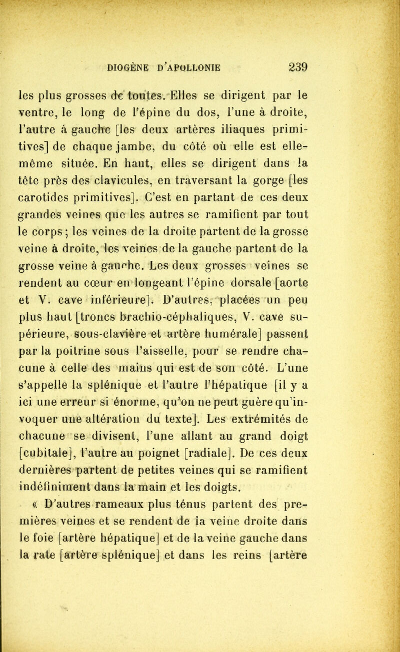 les plus grosses de toutes. Elles se dirigent par le ventre, le long de l'épine du dos, l'une à droite, l'autre à gauche [les deux artères iliaques primi- tives] de chaque jambe, du côté où elle est elle- même située. En haut, elles se dirigent dans !a tête près des clavicules, en traversant la gorge [les carotides primitives]. C'est en partant de ces deux grandes veines que les autres se ramifient par tout le corps ; les veines de la droite partent de la grosse veine à droite, les veines de la gauche partent de la grosse veine à gau^^he. Les deux grosses veines se rendent au cœur en longeant l'épine dorsale [aorte et V. cave inférieure]. D'autres, placées un peu plus haut [troncs brachio-céphaliques, V. cave su- périeure, sous-clavière et artère humérale] passent par la poitrine sous Taisselle, pour se rendre cha- cune à celle des mains qui est de son côté. L'une s'appelle la splénique et l'autre l'hépatique [il y a ici une erreur si énorme, qu'on ne peut guère qu'in- voquer une altération du texte]. Les extrémités de chacune se divisent, l'une allant au grand doigt [cubitale], l'autre au poignet [radiale]. De ces deux dernières partent de petites veines qui se ramifient indéfiniment dans la main et les doigts. (( D'autres rameaux plus ténus partent des pre- mières veines et se rendent de la veine droite dans le foie [artère hépatique] et de la veine gauche dans la rate [artère splénique] et dans les reins [artère