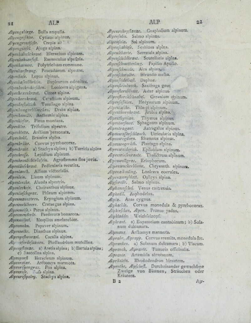 2£ ALP Jitpengthirfie. Bulla ampuüa. ^lyeu'^eißktee. Cytisus alplnus. ^'prngruniffeßf. Crepis ai'' ^ /i!pe:igünfel. Ajuga alpina. Alpenhabtchtkrarit. Hieracium alpinum. /!lpfrJiahnenfuß. Rannuculus alpeftri?. Alpevharmos. Polytrichum commune. /llpenharflrauir. Poucadamim alpestre. AJpevliafe. Lepus alpinus. Alpe:iha!'evMrh'in. liiipleurum odonites. yllpfnlieckrnkirjchcn. Loniccra -alpif;*iia. Alpenhexaikraut. CfrcM alpina. yllprr.lion^kraut. Ce-aftium alpinum. Alpr.ihnßniilck Tussilai^o a!pina. /fipcnlunigfrblümchen. Draba alpiaa, ,  ' ■.•V/(.\ Anthemis alpiua, r. Pinus montana, Alpenk'er. Trifolium alpestre. Alpevklette. Arctiiim persor.ata. Alpenkohl. Brassica alpina. Alpenkräke. Corvus pyrrliocora.x. Alpenkraut, a) Stachys alpina; b) Turritisalpina- Alpey.krcfje. Lepidium alpinum. Alpenkrordichtros'.ein. Agroftemma flos jovis. Alpenläuftkraut. Pedicnlaria recutita. AiperAavch. Ailium viclorialis. Alpenlein. Linura alpinum. Alpeiüerche. Alauda alpestri?. Alpetiln'koje. Cheiranthus alpinus. Alpniliefchqras. Phleum alpinnm. Alpenmannstreit. Eryngtum alpinum. Alpenmehlheere. Crataegus alpina. Alpennteife.- Parus alpinus, Alpenmendrrle. Paederota bonarota. Aiptntnifpel. Mespllus aroelancliier. Alpennwhn. Papaver alpinum. Alpennelke. Dianthus alpinus. Alpenpeßwurzel. Cacalia alpina. Alf vferdeßiainen. Phellandrium mutellina. AlptHpßnnze. a) Aretiaalpina; b)Bartsiaalpina; c) Santollna alpina. Alpenpnrß Heracleum alpinum. Alpenrafjse. Arftomys marmota. Alpenrt/per(TrUS. Poa alpina. Alpenrnfe. '.jfa aloina. Alpenrößpoley. Stacliys alpina. ALP Alpenrnh-p^anze. Gnaplialium alpinum. Alpenfalin. Salmo alpinus. Alpcnfalz. Sal alpir.irm. Alpenßabiofe. Scibiosa alpine. Alpenfcliarte. Serratula alpina. Alpenfchildkrant. Scutellaria alpint. Aipenfchiuctterlin?,. Papilio Apollo. AlpcufckmicU. Aira alpina*.- A!penfchwalbe. Hirundo melba. Alpc'if.^idelbaf}. Daphne. Alperßeinbrech. Saxifraga geur. . Alpoßcrnblnme. Aster alpinus. Alpenflorchfchiiabel. Gpranium afpinura. Alpenfnßklee. Hedysarum alpinum. jUpe'ntaßhe. Thlaspi alpinum. Alp/nthurnkraut. Ärabis alpina. , Alpentinjnüan. Thymus alpiriusj Alpeniorfmos. Sphagnum alpinum. Alpentragant. Astragalus alpinus. Alfenwaßerfcklanck. ütricularia alpina, Aipenwegdorn. Rhamnus alpinus. Alpc::wi>{^^i äfi. Plantago alpina. Alpfiiweiderich. Epilobium alpinum. Alpei'.tcicfenraute. Thali^ftrum alpinum, A'pcnwo/lgras. Eriopliorum. Aipenwuclicrblume. Chrysanth, alpinunu Alper.z'iinling. Lonicera coerulea, A'pcnzwry'ilatt. Ophjys alpina. AlpforcUe. . Salmo alpinus. Alphar.iiifchel. Venus castrensis. Aiphodil. AsphodeUis. Alpiz. Anas cygnus. Alf kachle. Cor%-us monedula &: pyrrhocorax. AlpkirfcJun, Alpen. Prunus padus, Alpkladde. VVeichftlzopf. Alpkraut, a) Eupatorium cantiabinum; b) Sola- num dulcamara. Alpniaus. Arftomys marmota. Alprabr, Alprapp. Corvus eremita, monedula5rc. Alpranken, a) Solanum dulcamara ; b) Viscum. Alprauch, Alpraute. Furaaria ofHcinalis. Alprav.ie. Arteniisia abrotanum. Alpröslcin. Rhododendron hirsutnm« Alpnithe. Alpfckoß. Durcheinander gewachfepe Zweige von Baumen, Striäuchea oder Krautern. B 2 Ay^-