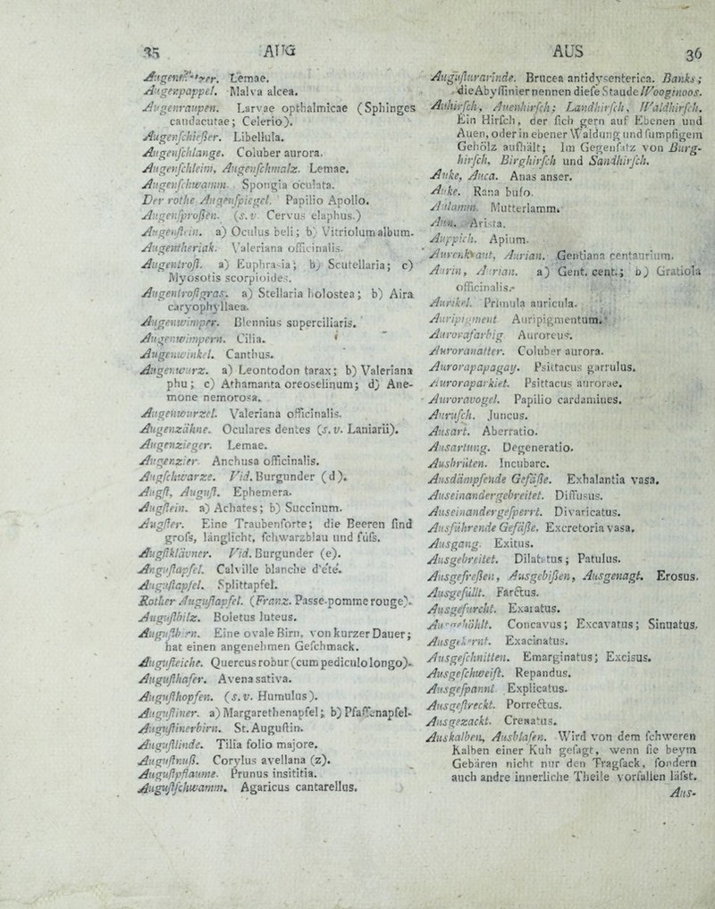 jdtigenfr,'''*ypt: L'emae. Augerpappel. Malva alcea. genraupen. Larvae opthalmicae (Sphlnges candacutae; Celerio). Augevfchicfler. Libeüula. Aiigenfchlange. Coluber aurora. Augevfchleim, Angevfchmdlz. Lemae. Angerifdmamm. . Spotigla dcubta. Der rothe Angenfpiegd. Papilio Apollo. Angenfproßen. {s.i- Cervu.s elaphus.) Atigeiißiin. a) Ociikis beü ; b} Vitrioliimalbiim. AHge)ttheriak. Valeriana ofilcinali- Aiigentrofl. a) Euplira-ia; b) Scutellaria; c) IVlyosotis scorpioide.;. Aiigentroßgras. a) Steliaria Lolostea ; b) Aira caryophyllaea. Angmwhnpn: ßlennius superciliaris. Atigemvimpern. Ciüa» * Augenii'iiikii. Cantiuis. Angenwitrz. a) Leontodon tarax; b) Valeriana phu; c) Athamanta oreoselinum; d) Ane- mone nemorosa. Aiigenw/urzcl. V^aleriana officinalis. Atigenzähne. Oculares dentes (^s.v. L^^n'mll). Aifgenzirgcr. Lemae. Avg£nz!er. Anchusa officinalis. A'igfchtt'arze. F/i. Burgunder (d). Aiigß, Aitgiiß. Ephemera. Augßehi. a) Achates; b) Succinum. Aiigßer. Eine Traiibenforte; die Beeren find grofs, länglicht, fchwarzblau und füfs. Augßklävncr. Vid. Burgunder (e). ^ng\ißüpfd. Calville blanche d'e'te'. Aug-.i.flapJeL Splittapfet. Sother Augiißapfet. (Franz. Passe-pommerouge). AugußhUz. Boletus luteus. Augußhrn. Eine ovale BIrn. von kurzer Dauer; hat einen angenehmen GeCchmack. Augtißeiche. Quercus robur (cum pediculo longo). Anguflhafer. Avena sativa. Angiißkopfen. (j. f. Humulus). Aitgvßiner. a) Margarethenapfel; b) PfafT^napfeU Angnßinerbini. St. Auguflin. Ang-jßlinde. Tilia folio majore. Angiißnuß. Corylus avellana (z). Aiigußpßaume. Prunus insititia. Augußfdwamm, Agaricus cantarellus. AUS 36 Augußnravinde. Brncea antldy^enterica. Banks; . ^ieAbylfinier nennen diefe Stande IFooginoos. Anhirfdi, /Juenhirßh; Landltirfcb, U^aidhlrfdi. Ein Hirfcli, der fich gern auf Ebenen und Auen, oder in ebener Waldung und funnpfigem Gehölz aufhält; Im Gegenfatz von ßiirg- hivfdu B'irghirfdi und Sanihitjdi. Anke, Aiica. Anas anser. Avke. Rana bufo. A dämm. Mutterlamm. Ann. .-Avisra. Airfpidi. Apium. Anycnk'^aut, Aurian. ßentiana centaurium. Anrin, Ainan. a) dient eeftt:; b) Gratiola officinalis.- Aufikd. Prhnula auricula. Aiiripioment Auripigmentum,* Aufoyafarhig Aurorcu«^. AM-oranattcr. Coluber aurora. Aurorapapagay. Psittacus garrulus. /-iitroropat kiet. Psittacus anrorye. Auvoravogcl. Papilio cardaniiues. A'irufch. Juncus. Altsart. Aberratio. A-isartnng. üegeneratio. Ausbrüten. Incubarc. Ansd'dnipfciide Gefäße. Exhalantia vasa. Auseinander gehreitet. Diffusus. Auseinander gefperri. Divaricatus. Ausführende Gefäße, Excretoria vasa. Ausgang. Exitus. Ausgebreitet. Dilatrtus; Patulus. Ausgefreßen, Aiisgebißen, Ausgenagt. Erosus. Ausgefüllt. Farctus. Ansgeßirdit. Exaiatus. Aw^di'ohlt. Concavus; Excavatus; Sinuatus, Ausgtk rnt. Exacinatus. Ausgefdinitten. Emarginatus; Excisus. Ausgefchweift. Repandus. Ansgefpanni Explicatus. Ans'^eßreckt. Porreftus. Aiisqezackt. Crewatus. Auikalheii, Ausblafen. Wird von dem fchweren Kalben einer Kuh gefagt, wenn fie beym Gebären nichr nur den Tragfack, fordern auch andre innerliche Theile vorfallen läfst. AnS'