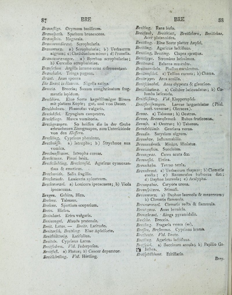 Braimßlge. Ocymutn basilicam. Brannfpath. Spathnm brunescens. Braiinßein. Magnesia. Bra-unwundkraut. Scrophiilarla. Braiuimirz. a) Scrophiilaria; b) Verba<;cnm Bigrina; c) Chelidonium minus; d) Priinella. BranrnviirznagFr. a) Byrrhns scroplmlariae; b) Curculio scropliutariae. Branfelhon Argilla iutuiTie. ccns s.-^fermentans. Btaiishahn. Tringa pugnax. Braut. Anas sponra Vie BfiV'.t in fJimi-tNif;ella sativa. Breccia. Breccia; Saxum conglutinatum frag- mentis lapidiim, Brechhirn. Eine Sorte kegelförmiger Birnen mit plattem Kopfe; gut, und von Dauer. Brechholmen. Pliaseo^us vulgaris. Breckiiißel. Eryngium cainpestre. Brechßicge. iVlu:=;ca vomitoria. BreclifTraitpen. So heilTen die in der Grube erbrochenen Zinngraupen, zum Unterfdiiede von den Kttßsrn. Brechling. Cypritius phoxinu?. Brcchmjje- a) latropha; b) Strychnos nux vomica. Brechmfibantn. latropha cnrcas. Brechtmr.p. Pinus lanix. Brecht'dnhUus^, Brechtntfel. Agarlcus cyanoxan- thus & emeticus. Brechwride. Salix fragilis. Brechtrindr. Loniceria xylosteum. Brechw.<rzfL a) Lonicera ipecacuana; b) Viola ipecacuana. Bre^ev. Gehirn, Hirrr. Brehme. Tabanus. Brehme. Spartium scoparium. Brein. Hirfen. Breinhart. Erica volgaris. Breini'oiref. Alauita pratensis. Breit. Larus. — Breite. Latitudo. Breitarfch, Breltitncr- Eine Apfelforte. BTeith}ät:eri^. Luti fol iu s. Brcitrle. Cyprlnus Latus. Brritfedrrn. Fid. Federpofen. Brritfuß. ») Ptotus; b) Cancer deporator. BreithäHlin^. Vtd. Härtling. Brelting. Rana bufo. Breitlaub, Breitblatt, Breitlebern, Breitlehne. Acer platanoides. Breitling. - Eine Sorte platter Aepfel. Brcitlir.fT. Agaricus laclilluus. Brsitlinfr, Breiiing. Clupea ?prattus. BreitUppe. Strombus latis&imus. Brcitnianl. Balaena muscula-;. BreiUuorcheln. Piialliis esculentns. Brciimnfchcl. o) Teilina Cornea ; b) Chams. Breitrippet Area senilis. Brcitfchnabel. Anas clypeata & glauclon. Breitfchufmz. a) Coluber laticaudatus; b) Co- lumba laticauda. Breitfiißling. Fid. Klapperapfel. Breitßreifraupen. Larvae largostriatae (Phal, noa:. venosae; Oleracea). B.'eme. a) Tabanus ; b) Oestrus. Breme, Bremenßrniich Rubus fruticosas^ Bremfe. a) Oestrus; b) Tabanus. Brendehldmle. Gentiana verna. Brendle. Saiyrium nigrum. Brennbar. Inflammabilis. Brennendroth. lYlinius, Miniatus. Brennenßein. Suceinum. Brenngrcis. Carex acuta &c. Brnmrjfel. Urtica. Brennhahn. Tetrao tetrix. Brcnnkrmit. a) Verbascum thapsti^; b)CIematIs erefta ; c) Ka,iuncu!iis bu'bosiis &c.; d ) Daphne laureola; e) Acalypha, Brcnnpakne. Caryota urens. Brenn'^pitzen. Stimuli. Breunwitrz. a> Daphne laureola & mezereom j b) Clematis flammnla. Brennmirzet. Clematis refta & flammula. Brcnf-rans. Anas bcrnicla. Bmizkrant. ' Aiuga pyramidalis. Brefche. Breccia. Bre.'.üirr. Fragarla vcsca (m). Bveljni, Breflmcinn. Cyprlnus bram». Bretbente. Fid. Reute. Brctlhig. Agaricus laftiHuus. Brc'.fpi'L a) Buccinum areola; b) Papilio Ga- lathea. Brctfpkthhime. Fritillaria.