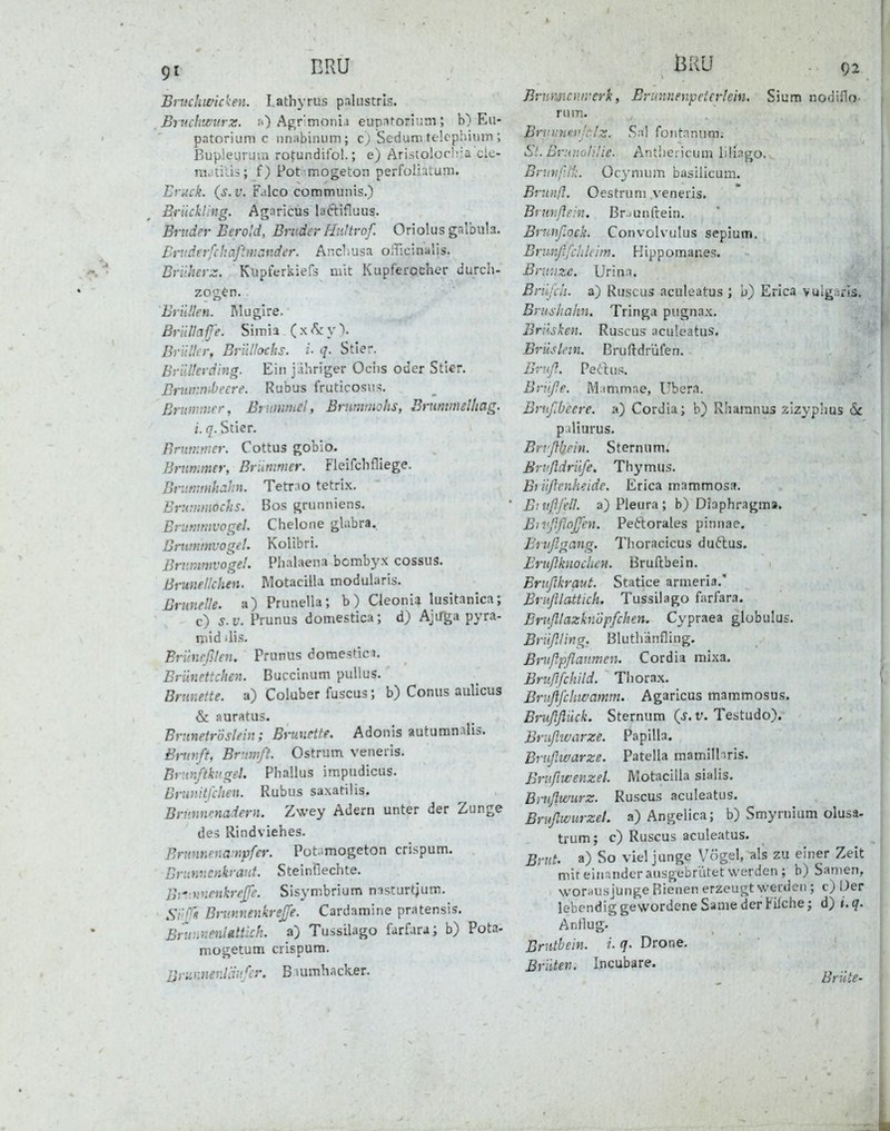 91 BRU Bruchmicken. Lathyrus palustris. Bruchtciurz. ;0 Agr'monij eupnforium ; b) Eii- patorium c nnabinum; c) Scduni telophium ; Bupleuniiii rotundifol.; e) Aristo!üc!:'.a'clc- ni.;tiüi; f) Pot .mogeton perfoUaium. Bruck, (s.v. F.ilco communis.) Brückling. Agnricus laftifluus. Bruder Berold, Bruder Hultrof. Oriolus galbula. Brnderfchaftmander. Andiusa olTicinalis. Briiherz. Kljpferkiefs mit Kupferocher durcli- 7,og6n. Brüllen. Muglre. Brüllaffe. Simia (x<Siy\ Brüller, Brüllachs, i- q. Stier. Brüllerding. Ein jähriger Ociis oder Stier. Brwnn'hecre. Rubus fruticosii=!. Brummer, Brnmincl, Brummohs, Brxmmelhag. i. q. Stier. Bnm-.nier. Cottus gobio. Brummer, BrÜnmer. Fleifchfliege. Brimmhalin. Tetrno tetri.x. Brummochs. Bos grunniens. Brummvogel. Chelone ghibra. Brutnmvogel. Kolibri. Brv.mnivogeL Phalaena bombyx cossus. Bi-unellchen. Motacilla modularis. Brunelle, a) Prunella; b) Cleonia lusitanica; c) s.v. Prunus domestica; d) Ajaga pyra- niid ilis. Brüneßlen. Prunus domestici. Brünettchen. Buccinum pulius. Brünette, a) Coluber fuscus; b) Conus aulicus & nuratus. Brnnetröslein; Brünette. Adonis auturanalis. Erimft, Br'iwft. Ostrum veneris. Brnnftkiigel. Plialkis impudicus. Drunitfchen. Rubus saxatilis. Bnmnenadern. Zwey Adern unter der Zunge des Rindviehes. Brnnnenampfer. Püt.;mogeton crispum. Brunnenkraut. Steindechte. Bt^:nnenkreße. Sisymbrium nasturtjum. Süf« Bninnenkrejfe. Cardamine pratensis. Brv.-.nenUttlch. a) Tussilago farfura; b) Pota- mogetum crispura. nniKueKlju'cr. Buimhacker. BRU 92 Bnirtuiciiircrk f Brinmenpeterlein. Sium nodiilo- rum. BrvKmii'cJz. S;il foiitnniim; St. ßruriülilie. Antliei icum lilingo. BruiijUL Ocynium basilicum. Brunß. Oestrum veneris. Brmißfhu Br.junfrein. Brnnßock. Convolvulus sepium. Bmnfifcldeim. Hippomar.es. Bruuzc. Urinn. Brüjdi. a) Ruscus aculeatus ; ü) Erica vuig Brushahn. Tringa pugnax. Brüsken. Ruscus aculeatus. Brüslan. Bruftdriifen. BvHß. Peftus. Bniße. Mummae, Ubera. Brußbeere. a) Cordia; b) Rhamnus zlzyphus (Sc piiliurus. Brrßbein. Sternum, Brvfldrüße. Thymus. Bi üßenheide. Erica mammosa. B: itßßell. a) Pleura ; b) Diaphragma. Bivßßoß'en. Petlorales pinnae. Briißgang. Thoracicus du6tus. Brußknochcn. Bruftbein. Brvßkrant. Statice armeria.' Bußlattich. Tussilago farfara. Ernßlazknopßchen. Cypraea globulus. Brüßling. Bluthänfling. Bnßpßanmen. Cordia mixa. Brußfchild. Thorax. Brvßfchwamm. Agaricus mammosus. Brußflück. Sternum {s. r. Testudo). Brnßivarze. Papilla. Brußwarze. Patella mamilhris. Bnßwenzel. Motacilla sialis. Binßmirz. Ruscus aculeatus. Brußwurzet. a) Angelica; b) Smyrnium olusa- trum; c) Ruscus aculeatus. Brut, a) So viel junge Vögel, als zu einer Zeit mir eiir.ndcr ausgebrütet werden; b) Samen, wori'usjunge Bienen erzeugt werden; c) Der lebendig gewordene Same der tifche; d) i.q. Anflug. Brutbein. i.q. Drone. Brüten. Incubare. Brüte-