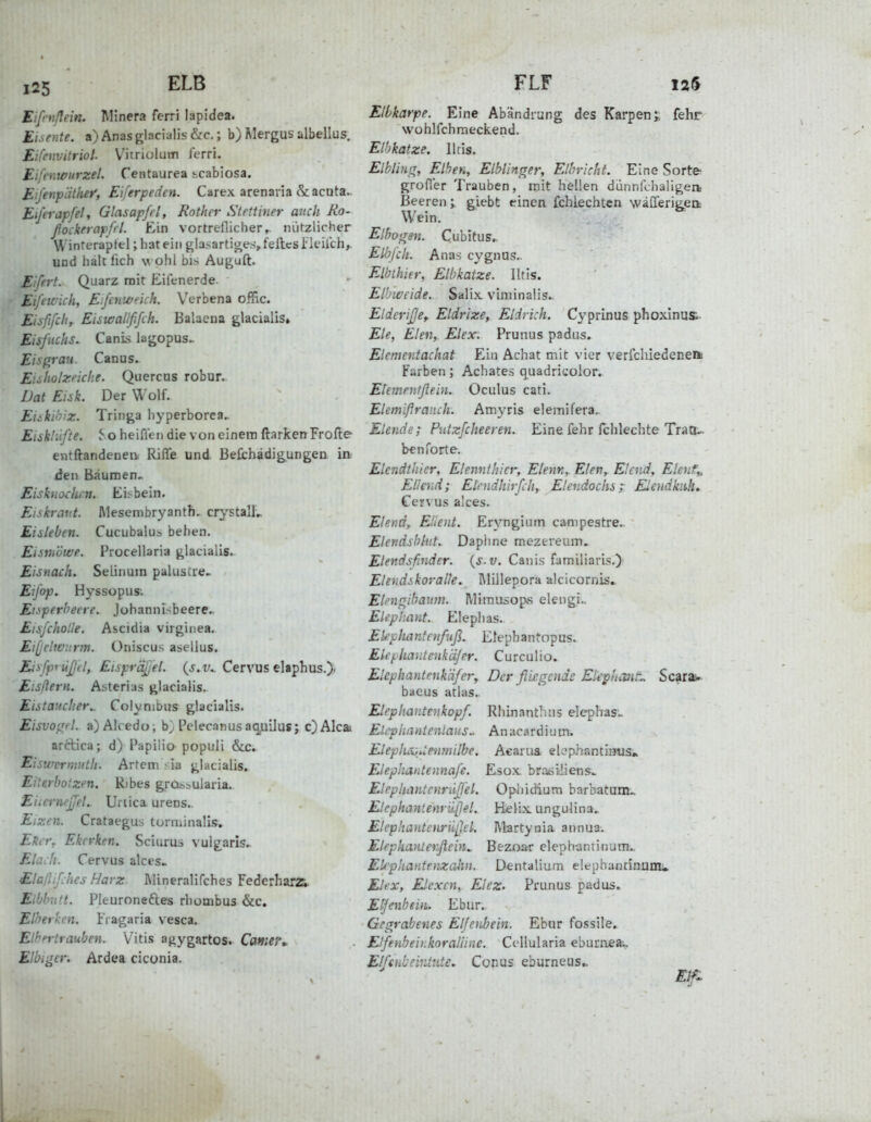 Eifnißein. Minera ferri lapidea. Eisente. a)Anasglacialis&c.; b) Mergus albellus. Eifeuvitriol. Vitriolum ferri. Eifcnwurzel. Centaurea .scabiosa. E'.jenpiithet', Eiferpeden. Carex arenaria & acuta.. Elferapfel, Ginsapfel, Rother Stettiner auch Ro- ßockerapfil. tin vortreflicher^ nützlicher Winrerapfel; hat ein glasartiges, feiles i leilth, und hält lieh v ohl bi-. Auguft. Eifert. Quarz mit Eifenerde. Eifetvich, Eifenweich. Verbena offic. Eisfifchf Eiswallffch. Balacna glacialis. Eisfuchs. Canis lagopus.. Eisßrau. Canus. Ei^holzeiche. Quercas robur. Dat Eisk. Der Wolf. Eiikihiz. Tringa hyperborea.. Eiskhifte. ^ o heiflen die von einem ftarkenFrofte entftandeneri Rifle und Befchädigungen in den Bäumen.. Eishioihcn. Ei.-bein. Elskraiit. Rlesembryanth, crystalL Eisleben. Cucubalus beben. Eisnwwe. Procellaria glacialis. Eisnach. SeLinutn palustre.. Ejfop. Hyssopus-. Etsperheere. Johannisbeere.. Eisfcholle. Ascidia virgiiiea. Eißelwurm. üniscus asellus. Eisfprüfjtl, Eispräfjel. (j.v^ Cervus elaphus.)/ Eisßern. Asterias glacialis. Eistaucher.. Colymbus glacialis. EisvofTfl. a)Alredo; b) Pelecanus aqpilus; c)Alcai arffica; d) Papilio popiili &c.. Eiswvrmuth. Artem sia glacialis. EiUrboizen. Kibes grOöbuiaria. Eiicrnfjjel.. Urtica urens.. Eizen. Crataegus torminalis. Ekfr, Ekcrken. Sciurus vulgaris^ Elach. Cervus alces^ Elaßifches Harz Rlineralifches Federhara, Elbkitt. Pleuroneftes rhombus &c. Elherkcn. Fragaria vesca. Elhprtraubcn. V^itis agygartos. Camef* Elbigcr. Ardea ciconia. Elikarpe. Eine Abändiang des Karpen;, fehr Wühlfchmeckend. Elhkatze. Ilcis. Elbliufr, Elben, Elblinfrer, Elhricht. Eine Sorte- grod'er Trauben, mit hellen dünnfchaligerfc Beeren; giebt t?inen fchlechten waflerigiea Wein. ElhoiJsn. Cubitus. EUifch. Anas cygnas,. Elbihier, Elbkatze, litis. Elbweide. Salix viminalis. Eideriße,. Eldrize, Eldri:h. Cyprinus phoxinus- Ele, Elen, Elex. Prunus padus. Elementachat Ein Achat mit vier verfcbiedenett Farben; Achate.s quadricolor. Elementflein. Oculus cati. Elemiflranch. Amyris elemifera. Elende; Putzfcheeren. Eine fehr rchlechte Trau.-. benforte. Elcndthier, Elennthicr, Elenn, Elen,. Elend, Elenf^ Eilend; Elnidhirfch, Elendochsi Elendkith, Cervus a'ces. Elend, Elient. Eryngiiim campestre.. Elendshhit. Dapline meztreum. Elendsfinder, {s.v. Canis familiaris.) Elendskoralle. Millepora alcicornis. Elnigibaian. Alimusops elengi.. Eleph.ant. Eleplias. Ekpliantenfuß. Etepbantopus. Elephantenkäfer. C u rc u l i o. EJephantenkäfer, Der fliegende Ekphasir^ Scaraw. bacus atlas.. Elephantenkopf. Rliinanthiis elcphas~ Ekphantenlaus.. Anacardium. EleplhXiUeiimilbe. Aearus. elophantinus» EJephantennafe. Esox br.'Jtii-üens.. Elepluvitcnnißel. Opliidium barbatum.. Edephanienrüfjel. Belix unguJina.. ElcphantenrilßeL Martynia annua. Elephaiilerflein.. Bezxjar eleph-antinum.. Elrphantenzalm. EXentalium elephancinunu. Elex, Elexcn, Elez. Prunus padus. Elfenbein. Ebur. Gegrabenes Elfenbein. Ebur fossile. Elfenbeit.koraHine. Ccllularia eburaea^ Elftnbeiv.t'iite. Conus eburneus..