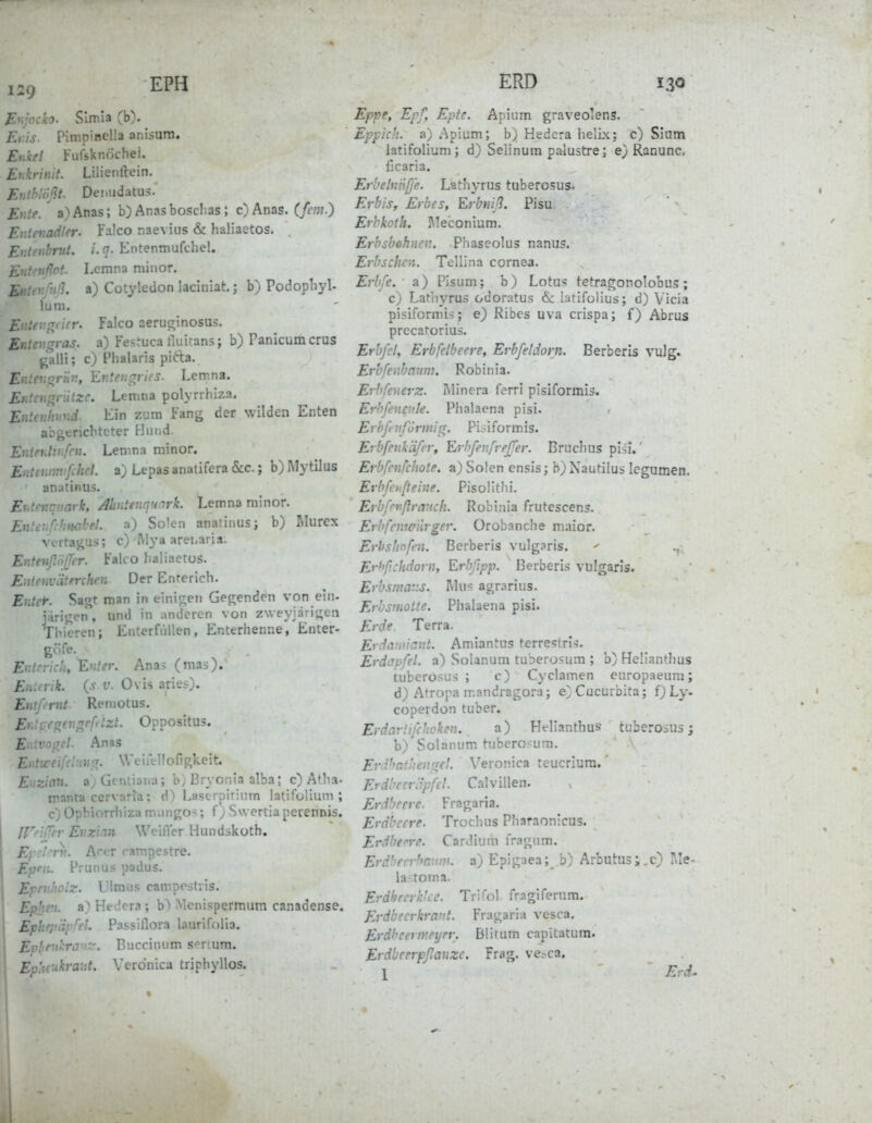 Ey,jocko. Simia (b). Et:is. Pimpinella anisura. Enkel Fufsknöchei. Etkrinit. Liiienftein. Entblößt. Deiiudatus. Ente. a)Anas; b) Anasbosclias; c)Anas. (fem.) Entemdler. Fa!co naevius & haliaetos. Entenbrut, i. q. Entenmufchel. Entenflot. Lernna minor. Entenfiiß. a) Cotyledon laciniat.; b) Todopiiyl- lum. Entengdcr. Falco aeruginosus. Entengras, a) Festuca tluitans; b) Panicum crus galli; c) Plialaris pifta. Enttngrün, Evteiigrirs. Letr.na. Entengrütze. Lemna polyrihlza. Entenfiund. Ein zum Fang der wilden Enten abgerichteter Hund. Entetitnjcn. Lemna minor. Entennnifchel. a) Lepas anatifera &c.; b) MytUus anatinus. Ehtenquark, Abntenqmrk. Lemna minor. Entehfdiwbel. a) Solen anatinus; b) Murex vertagus; c) iMya aret.aria. Entenßößer. Falco haliaetos. EntenväterchcK Der Enterich. Entet: Sagt man in eini<;en Gegenden von ein- j;irij2;en, und in anderen von z\veyjäri{;en Tbieren; Enterfiillen, Enterhenne, Enier- göfe. Enterich, Enter. Ana^ (mas). Euterik. (.v v. Ovis aries). Enlftrnt Reniotus. Erugegengrft tzt. Oppositus. E.^-v.i^cl. Anas E.'.twei[d:i ng. WeiiVl I ofi gkei t E'iziaii. a;Gentiana; b, Bryonia alba; c) Atha- manta cervaria; d) Laserpirium latifoliuni; c) Opbiorrhiza mango-; f) Swertia perennis. rrrUTrr Enzian Wcificr Hundskoth. Eyc.'-rn. Acer campestre. Ep*n. Prunus padus. Eprr.holz. Ulraiis campestiis. I Ephr.i. a) Hedera ; \>) Menispermum canadense. Ephej'iipM. Passiflora laurifolia. Epltrukra-':^. Buccinum sertum. Ephcukraat. Verdnica trjphyllos. ERD 130 Eppe, Eff, Epte. Apium graveo'ens. Eppich, a) Apium; b) Hedera helLx; c) Slam latifolium; d) Selinura palustre; e} Ranunc. ficaria. Erbelni'tße. Lathyrus tuberosus. Erbis, Erbes, Erbniß. Pisu Erbkoth. Meconium. Erbsbehncii. Phaseolus nanus. Erbschen. Tellina corne^. Erbfe. a) Pisum; b) Lotus tetragonolobus; c) Lathyrus odoratus & latifolius; d) Vicia pisiformis; e) Ribes uva crispa; f) Abrus prccatorius. Erbfcl, Erbfclbecre, Erbfei dorn. Berberis vulg. Erbfenbaum. Robinia. Erbfeuerz. I\linera lerri pisiformis. Erhfeneale. Phalaena pisi. Erbf nf'ürmig. Piriformis. Erbfrnkäfer, ErhfenfreJTer. Bruchus pisi,' Erbfenfchote. a) Solen ensis; b) Nautilus Icgumen. Erbßtfteiue. Pisolithi. Erbfi'vßrmuh. Robinia frutescens. Erbfenwiirger. Orobanche maior. Erhs/infen. Berberis vulg3ris. Erhßchdorn, Erbfipp. Berberis vulgaris. Erbsnuv.s. Mus agrarius. Erbsuiotte. Phalaena pisi. Erde. Terra. Erdivniant. Amiantus terrestrl^. Erdapfel, a) Solanum tuberosum ; b) Heüanthus tuberosus ; c) Cyclamen europaeum; d) Atropa mandragora; e} Cucurbita; f)Ly- coperdon tuber. Erdarlifc'ioken. a) Helianthus tuberosus; b) Solanum tubcro-um. Erdhath.engel. Veronica teucriura.' Erdbeer iipfcl. Calvillen. Erdbeere. Fragaria. Erdbeere. Trochus Pharaonicus. Erdbeere. CarJiura fragum. Erdhen-bann>. a) Epigaea;_ b) ArbutU3;.c) I\Ie- la-toma. Erdbeerklce. Trifol fragiferum. Erdbecrkrant. Fragaria vesca. Erdbcermeyer. Blitum capitatura. Erdbeerpßanzc, Frag, ve^ca. 1 ' Evd.