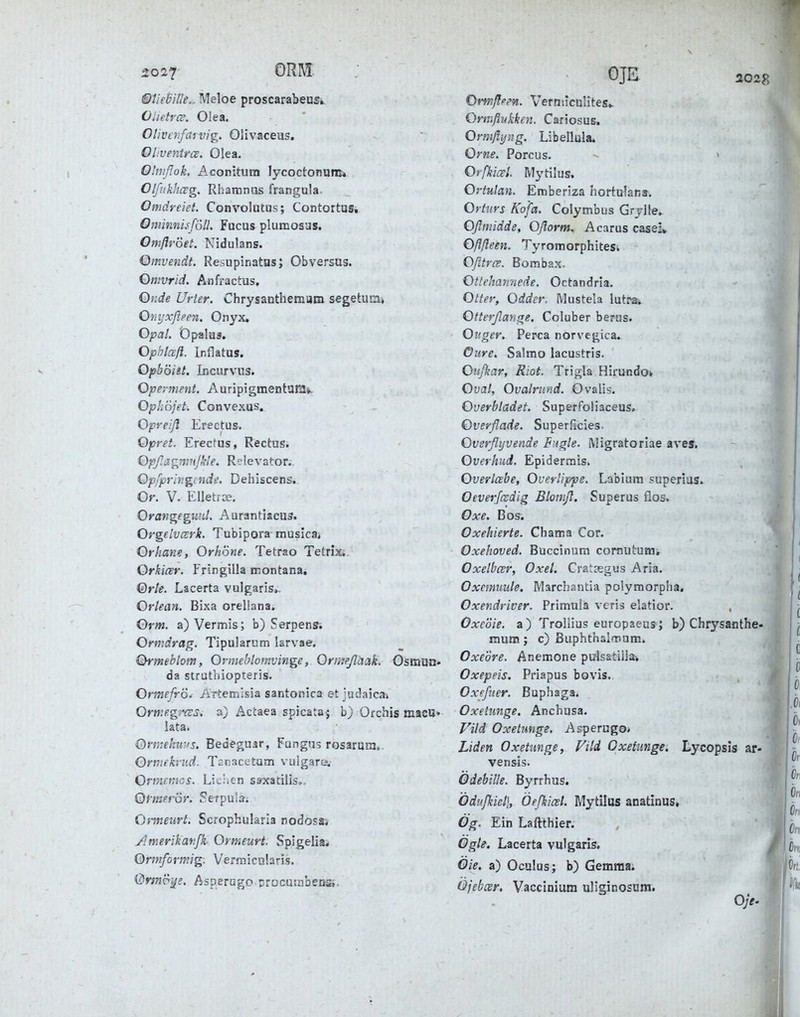 ORM OJE 2028 ©tiehille,. Meloe proscarabeus». Olietrcs. Olea. Olivoifaf vig. Olivaceus. Ohventros. Olea. O.'nißok. Aconitum lycoctonum» OlfnkhcFg, Rhatnnus frangula Omdreiet. Convolutus; ContortuSi OminnisfolU Fucus plumosas. Omflröei. Nidulans. Omvendt. Resupinatas; Obversus. Qnivrid. Aflfractus, Onde Urter. Chrysanthemam segetum» Onyxßpen. Onyx, Opal. Opaluä. Ophlafl. Inflatus. Opböiit. Incurvus. Operment, Auripigmentani^ Ophöjet. Convexus. Opreiß Erectus. Qpret. Erectus, Rectus. Opßag7imJkle. Relevator. Opfpringcnde. Dehiscens. Or. V. Elletr.-e. Orangeguiil. Aurantiacus. Oygelvark. Tubipora musicai Orkane, Orhöne. Tetrao Tetrixi. Orkicer. Fringilla montana. Orte. Lacerta vulgaris, Orlean. Bixa orellana. Gm. a) Vermis; b) Serpens-. Ormdrag. Tipularum larvae. Qrmtblom, Onneblomvinge, Ormß'aak. Osmun- da siruthiopteris. Ormefr'o. Arten^isia santonica et judaicai Orn:e.g;ves. Actaea spicata^ b) Orchis macö» lata. örmehiv's. Bedeguar, Fungus rQsarani, Ornukrnd. Tcnacetum vulgare», Qrnwnos. Liehen saxatilis,. Qimei'^y. Setpula; Oi'meurt. Scrophularia nodosa* Jlmerikav.jk Ormeurt. Spigelia* örmformig: Vermicularis. Qrmö-^e. Asperago crocurabeDSj. Oi'mßpen. Vermiculitesv Ormßukken. Cariosus, Ormßyng. Libellula. Orne. Porcus. - ^ Orfkicel Mytilus. Ortulan, Emberiza hortulana, Ortiivs Kofa. Colymbus Grylle. Oßmidde, Oßorm, Acarus caseiv Oßßeen. TyromorphiteSi Ofltrce. Bombax. Ottehaniiede, Octandria. Otter, Oddcr. Mustela lutrsi Otterßange. Coluber beras. Öliger. Perca norvegica. Oure. Salmo lacustris. Oiifkar, Riot. Trigla Hirundo^ Oval, Ovalrund. Ovalis. Overbladet. Superfoliaceus, Overflade. Superficies. Overßyvende Fngle. iMigratoriae aves. Overhüd. Epidermis. Overlabe, Overlippe, Labiura superias. Oeverjcsdig Blomß. Superus flos. Oxe. Bos. Oxehierte. Chama Cor. Oxehoved. Buccinum comutunii Oxelbcer, Oxet. Crataegus Aria. Oxemuule. Marchantia polymorpha. Oxendriver. Primuiä veris elatior. Oxeöie. a) Troliius europaeus; b) Chrysanthe- mum ; c) Buphthalmum. OxeÖre. Anemone pu^isatlila-, Oxepeis. Priapus bovis.. Oxeßier. Buphaga. Oxetunge. Anchusa. Fild Oxetunge, Asperugo* Liden Oxetunge, Vild Oxetunge. Lycopsis ar- vensis. Ödebille. Byrrhus. Ödußiel], Öeßi^l. Mytilus anatinus, Ög. Ein Laftthier. Ogle. Lacerta vulgaris. Oie. a) Oculus; b) Gemraa. Ojebcer, Vaccinium uliginosnm. Oje-