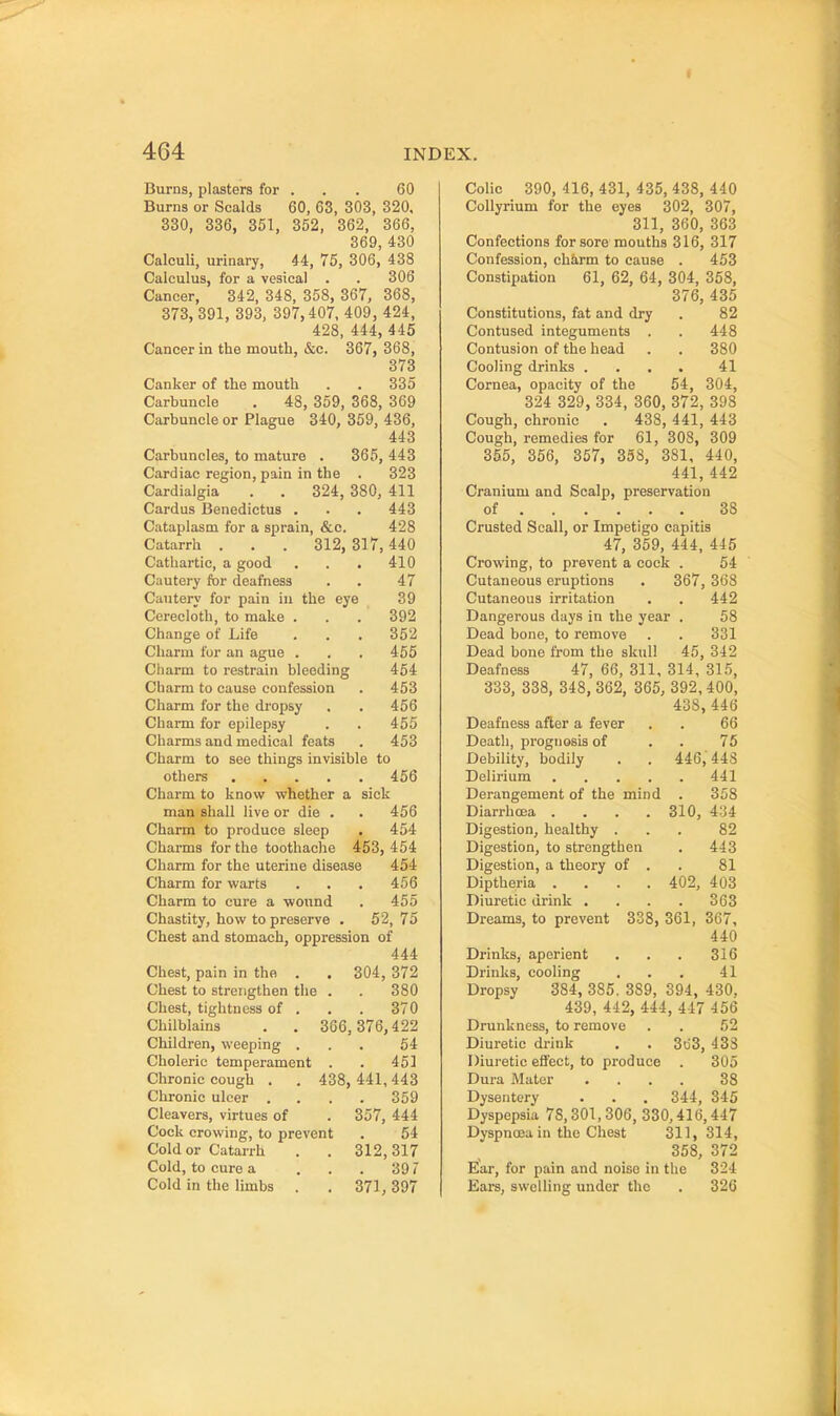 Burns, plasters for . . . 60 Burns or Scalds 60, 63, 303, 320. 330, 336, 351, 352, 362, 366, 369, 430 Calculi, urinary, 44, 75, 306, 438 Calculus, for a vesical . . 306 Cancer, 342, 348, 358, 367, 368, 373, 391, 393, 397,407. 409, 424, 428, 444, 445 Cancer in the mouth, &c. 367, 368, 373 Canker of the mouth . . 335 Carbuncle . 48, 359, 368, 369 Carbuncle or Plague 340, 359, 436, 443 Carbuncles, to mature . 365, 443 Cardiac region, pain in the . 323 Cardialgia . . 324, 380, 411 Cardus Benedictus . . . 443 Cataplasm for a sprain, &c. 428 Catarrh . . . 312, 317,440 Cathartic, a good . . . 410 Cautery for deafness . . 47 Cautery for pain in the eye 39 Cerecloth, to make . . . 392 Change of Life . . . 352 Charm for an ague . . . 455 Cliarm to restrain bleeding 454 Charm to cause confession . 453 Charm for the dropsy . . 456 Charm for epilepsy . . 455 Charms and medical feats . 453 Charm to see things invisible to others 456 Charm to know whether a sick man shall live or die . . 456 Charm to produce sleep . 454 Charms for the toothache 453, 454 Charm for the uterine disease 454 Charm for warts . . . 456 Charm to cure a wound . 455 Chastity, how to preserve . 52, 75 Chest and stomach, oppression of 444 Chest, pain in the . . 304, 372 Chest to strengthen the . . 380 Chest, tightness of . . . 370 Chilblains . . 366,376,422 Children, weeping ... 54 Choleric temperament . . 451 Chronic cough . . 438, 441, 443 Chronic ulcer .... 359 Cleavers, virtues of . 357, 444 Cock crowing, to prevent . 54 Cold or Catarrh . . 312,317 Cold, to cure a ... 39 7 Cold in the limbs . . 371, 397 Colic 390, 416, 431, 435, 438, 440 CoUyrium for the eyes 302, 307, 311, 360, 363 Confections for sore mouths 316, 317 Confession, charm to cause . 453 Constipation 61, 62, 64, 304, 358, 376, 435 Constitutions, fat and dry . 82 Contused integuments . . 448 Contusion of the head . . 380 Cooling drinks .... 41 Cornea, opacity of the 54, 304, 324 329, 334, 360, 372, 398 Cough, chronic . 438, 441, 443 Cough, remedies for 61, 308, 309 355, 356, 357, 358, 381, 440, 441, 442 Cranium and Scalp, preservation of 38 Crusted Scall, or Impetigo capitis 47, 359, 444, 445 Crowing, to prevent a cock . 54 Cutaneous eruptions . 367, 368 Cutaneous irritation . . 442 Dangerous days in the year . 58 Dead bone, to remove . . 331 Dead bone from the skull 45, 342 Deafness 47, 66, 311, 314, 315, 333, 338, 348, 362, 365, 392,400, 438,446 Deafness after a fever . . 66 Death, prognosis of . . 75 Debility, bodily . . 446,448 Delirium 441 Derangement of the mind . 358 Diarrhoea . . . .310, 434 Digestion, healthy ... 82 Digestion, to strengthen . 443 Digestion, a theory of . . 81 Diptheria .... 402, 403 Diuretic drink .... 363 Dreams, to prevent 338, 361, 367, 440 Drinks, aperient . . . 316 Drinks, cooling ... 41 Dropsy 384, 385. 389, 394, 430, 439, 442, 444, 447 456 Drunkness, to remove . . 52 Diuretic drink . . 3d3, 433 Diuretic effect, to produce . 305 Dura Mater .... 38 Dysentery . . . 344, 345 Dyspepsia 78,301,306, 330,416,447 Dyspnoaa in the Chest 311, 314, 358, 372 Ear, for pain and noise in the 324 Ears, swelling under the . 326