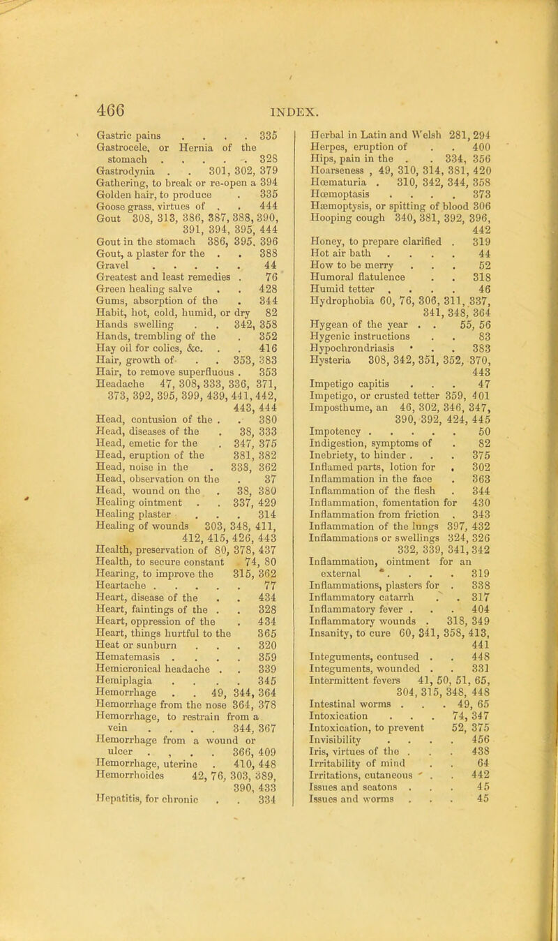 Gastric pains .... 335 Gastrocele, or Hernia of the stomach . . . . . 328 Gastrodynia . . 301, 302, 379 Gathering, to breali or re-open a 394 Golden hair, to produce . 335 Goose grass, virtues of . . 444 Gout 308, 313, 386, 387, 388, 390, 391, 394, 395, 444 Gout in the stomach 386, 395. 396 Gout, a plaster for the . . 388 Gravel 44 Greatest and least remedies . 76 Green healing salve . . 428 Gums, absorption of the . 344 Habit, hot, cold, humid, or dry 82 Hands swelling . . 342, 358 Hands, trembling of the . 352 Hay oil for colics, &c. . . 416 Hair, growth of . . 353, 383 Hair, to remove superfluous . 353 Headache 47, 308, 333, 336, 371, 373, 392, 395, 399, 439, 441,442, 443, 444 Head, contusion of the . . 380 Head, diseases of the . 38, 333 Head, emetic for the . 347, 375 Head, eruption of the 381, 382 Head, noise in the . 338, 362 Head, observation on the . 37 Head, wound on the . 38, 380 Healing ointment . . 337, 429 Healing plaster ... 314 Healing of wounds S03, 348, 411, 412, 415, 426, 443 Health, preservation of 80, 378, 437 Health, to secure constant 74, 80 Hearing, to improve the 315, 362 Heartache 77 Heart, disease of the . . 434 Heart, faintings of the . . 328 Heart, oppression of the . 434 Heart, things hurtful to the 365 Heat or sunburn . . . 320 Hematemasis . . . . 359 Hemicronical headache . . 339 Hemiplagia .... 345 Hemorrhage . . 49, 344, 364 Hemorrhage from the nose 364, 378 Hemorrhage, to restrain from a vein .... 344, 367 Hemorrhage from a wound or ulcer . , . . 366, 409 Hemorrhage, uterine . 410,448 Hemorrhoides 42, 76, 303, 389, 390, 433 Hepatitis, for chronic . . 334 Herbal in Latin and Welsh 281, 294 Herpes, eruption of . . 400 Hips, pain in the . . 334, 356 Hoarseness , 49, 310, 314, 381, 420 Hoematuria . 310, 342, 344, 358 Ilcemoptasis .... 373 Hsemoptysis, or spitting of blood 306 Hooping cough 340, 381, 392, 396, 442 Honey, to prepare clarified . 319 Hot air bath .... 44 How to be merry ... 52 Humoral flatulence . . 318 Humid tetter , . . , 46 Hydrophobia 60, 76, 306, 311, 337, 341, 348,' 364 Hygean of the year . . 55, 56 Hygenic instructions . . 83 Hypochrondriasis * . . 383 Hysteria 308, 342, 351, 352, 370, 443 Impetigo capitis ... 47 Impetigo, or crusted tetter 359, 401 Imposthume, an 46, 302, 346, 347, 390, 392, 424, 445 Impotency 60 Indigestion, symptoms of . 82 Inebriety, to hinder . . . 375 Inflamed parts, lotion for , 302 Inflammation in the face . 363 Inflammation of the flesh . 344 Inflammation, fomentation for 430 Inflammation from friction . 343 Inflammation of the lungs 397, 432 Inflammations or swellings 324, 326 332, 339, 341,342 Inflammation, ointment for an external . . . 319 Inflammations, plasters for . 338 Inflammatory catarrh . . 317 Inflammatory fever . . . 404 Inflammatory wounds . 318, 349 Insanity, to cure 60, 341, 358, 413, 441 Integuments, contused . . 448 Integuments, wounded . . 331 Intermittent fevers 41, 50, 51, 65, 304, 315, 348, 448 Intestinal worms . . . 49, 65 Intoxication . . . 74, 347 Intoxication, to prevent 52, 375 Invisibility .... 456 Iris, virtues of the . . . 438 Irritability of mind . . 64 Irritations, cutaneous ' . . 442 Issues and seatons . . . 45 Issues and worms ... 45