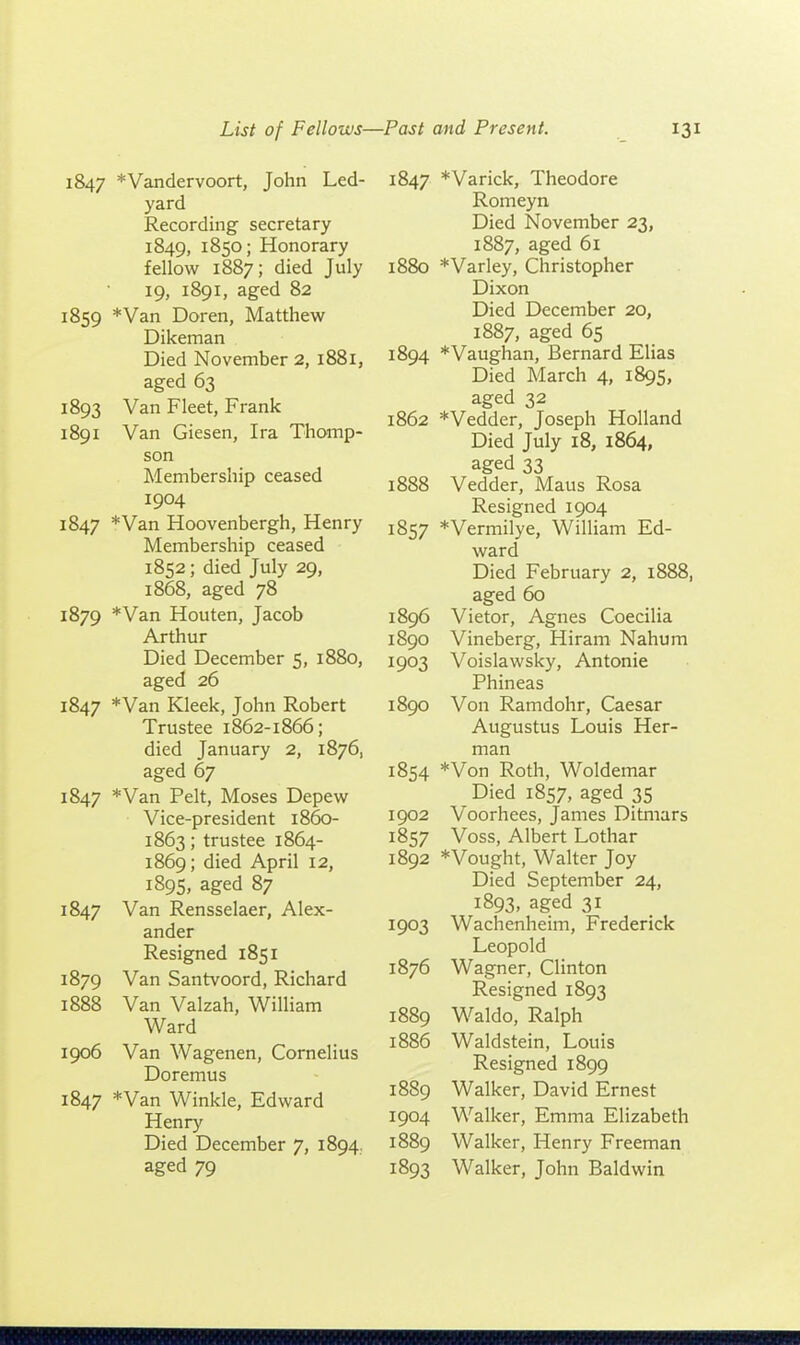 1847 *Vandervoort, John Led- yard Recording secretary 1849, 1850; Honorary fellow 1887; died July 19, 1891, aged 82 1859 *Van Doren, Matthew Dikeman Died November 2, 1881, aged 63 1893 Van Fleet, Frank 1891 Van Giesen, Ira Thomp- son Membership ceased 1904 1847 *Van Hoovenbergh, Henry Membership ceased 1852; died July 29, 1868, aged 78 1879 *Van Houten, Jacob Arthur Died December 5, 1880, aged 26 1847 *Van Kleek, John Robert Trustee 1862-1866; died January 2, 1876, aged 67 1847 *Van Pelt, Moses Depew Vice-president 1860- 1863; trustee 1864- 1869; died April 12, 1895, aged 87 1847 Van Rensselaer, Alex- ander Resigned 1851 1879 Van Santvoord, Richard 1888 Van Valzah, William Ward 1906 Van Wagenen, Cornelius Doremus 1847 *Van Winkle, Edward Henry Died December 7, 1894. aged 79 1847 *Varick, Theodore Romeyn Died November 23, 1887, aged 61 1880 *Varley, Christopher Dixon Died December 20, 1887, aged 65 1894 *Vaughan, Bernard Elias Died March 4, 1895, aged 32 1862 *Vedder, Joseph Holland Died July 18, 1864, aged 33 1888 Vedder, Maus Rosa Resigned 1904 1857 *Vermilye, William Ed- ward Died February 2, 1888, aged 60 1896 Vietor, Agnes Coecilia 1890 Vineberg, Hiram Nahum 1903 Voislawsky, Antonie Phineas 1890 Von Ramdohr, Caesar Augustus Louis Her- man 1854 *Von Roth, Woldemar Died 1857, aged 35 1902 Voorhees, James Ditmars 1857 Voss, Albert Lothar 1892 *Vought, Walter Joy Died September 24, 1893, aged 31 1903 Wachenheim, Frederick Leopold 1876 Wagner, Clinton Resigned 1893 1889 Waldo, Ralph 1886 Waldstein, Louis Resigned 1899 1889 Walker, David Ernest 1904 Walker, Emma Elizabeth 1889 Walker, Henry Freeman 1893 Walker, John Baldwin