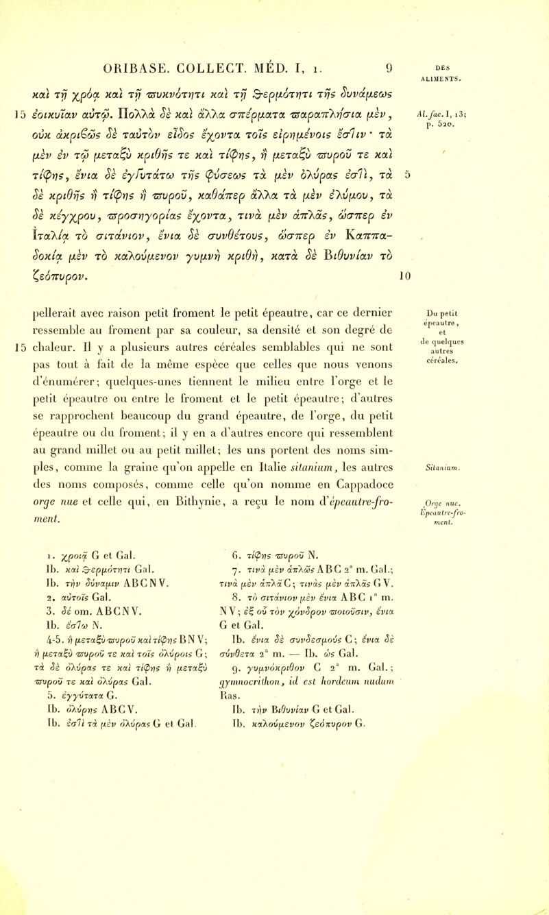 , i • ALIMENTS. xat ri} yjpbcL xoà tfj ‘zsvxvotvti xal Ttj S-epfiorrjTi ttjs Swa^ecos 15 ioixuiav avTM. IIoAXà Sè xcti aXXa cnteppcna. 'srapa.n'Xrfcrta p-èv, ai./m. i, i3; 1 1 p. 5ao. ovx àxpt&cos Sè tolvtüv eiSos ’iyovrct vois sipripsvois soiiv * rà pèv êv tô» psra^v xptOrjs te xcti ti'(pris, S petot^v tsvpov ts xoà t [(pris, ëv ta Sè êyfvroLTûJ rrjs (pv&seos Ta pèv ohvpas êarVi, Ta 5 Sè xptOrjs y t {(pris S 'zrvpov, xotBctozep ahkct Ta pèv ê'Xvpov, t à Sè xéyypov, -apoa-riyoptas syovra} riva, pèv dockais, wcnrep êv ÏtcTaio. to anuviov, ’èvict Sè crwOsTOVs, cèauep êv Ka7T7ra- Soxt'a pèv t o xctkovpevov yvpvrj xpiOrj, xotrot Sè B iQvvictv t o Çe^7Tt/poi'. 10 pellerait avec raison petit froment le petit épeautre, car ce dernier ressemble au froment par sa couleur, sa densité et son degré de 15 chaleur. Il y a plusieurs autres céréales semblables qui ne sont pas tout à fait de la même espèce que celles que nous venons d’énumérer; quelques-unes tiennent le milieu entre l’orge et le petit épeautre ou entre le froment et le petit épeautre; d’autres se rapprochent beaucoup du grand épeautre, de l’orge, du petit épeautre ou du froment; il y en a d’autres encore qui ressemblent au grand millet ou au petit millet; les uns portent des noms sim- ples, comme la graine qu’on appelle en Italie sitanium, les autres des noms composés, comme celle qu’on nomme en Cappadoce orge nue et celle qui, en Bithynie, a reçu le nom d1 êpeautre-fro- ment. Du petit épeautre, autres céréales. .Orge nue. Epeautre-fro- 1. %p°tÿ. G et Gai. 1b. xal B-eppotr/tt Gai. Ib. tfiv Sûvaptv ABC NV. 2. avtoîe Gai. 3. Séom. ABC NV. lb. ét/Ia> N. 4-5. 4 peta^ù tsvpov xaitiÇnjs BN V; r) petaÇù tsvpoC te xal t ois oKipote G ; tà Sè okipas te xal tlipijs fj petaÇù tsvpov te xai oAdpas Gai. 5. eyyûtatœ G. Ib. oAvpije ABGV. Ib. èall tà pèv okvpas G et Gai. 6. tienne tsvpov N. 7. Tivà pèv iiikiïs ABC 2° m. Gai.; ttvà pèv ànXâC-, ttvàs pèv âitfSs G V. 8. t à attàviov pèv évta ABC 1“ m. NV ; e’I ou tov yivSpov tsoiovmv, évta G et Gai. Ib. évta Sè ovvSeapoSs C ; évta Sè aivdeta 2a m. — Ib. ws Gai. 9. ywfivoxptdov C 2° m. Gai. ; gymnocrithon, id est hordeum nudum Ras. Ib. tfjv Btdvvlav G et Gai. Ib. xa'koipevov Çedsvpov G,