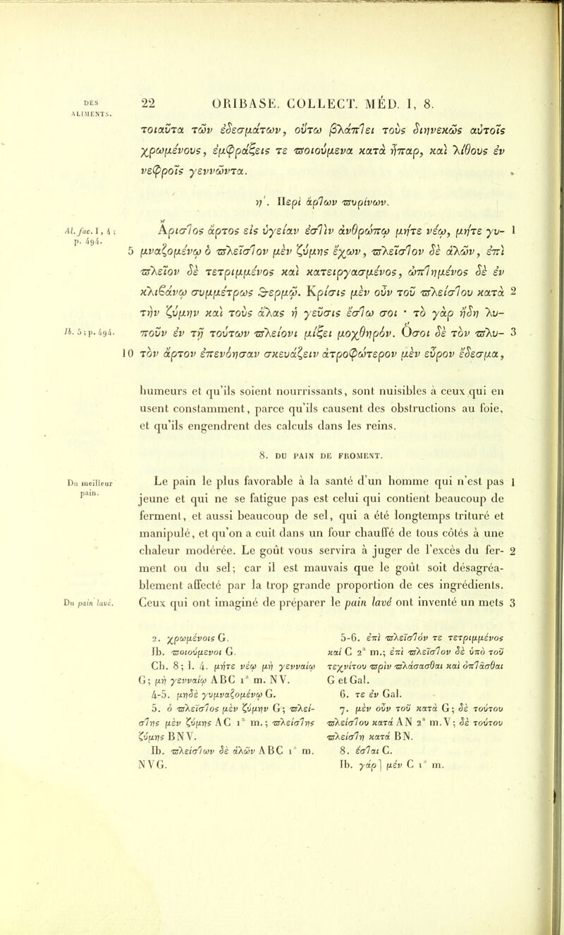 ALIMENTS* Al.fac. 1,4; p. 4g4. 74. 5;p. 4g4. Du meilleur pain. Du pain lave. totavta tciSv èSsapdtwv, ovtco (SXdtc'lst tous Styvsxws avtots ypupévovs, sp(ppd%sts ts tsotoxtpsva xatd ïmctp, xa) XiBovs êv ve<ppo7s ysvvwvta. y'. Ilept âp'lwv Tsvpivcov. Aptalos aptos sis vystav êaVtv àvBpumco prfts via, py'ts yv- 1 5 pva^opévw b ■zsXsialov pèv Çvpris ëywv, zfKsialov Sè àXoov, stï\ 'txXsiov Sè tstptppsvos xa) xa.tstpyaap.svos, dmlypévos Sè êv xXtëavco avppstpas B-sppôi. K plats pèv ovv tov tsXsîa'lov xatd 2 trjv ’Çvpyv xa) toits aXas rj ysvats salco aot • to yàp y Sri Xv- 7toîjv sv tÿ tovtcov tsXsiovt pt'Çst poyôypiv. Oaot Sè tov tsXv- 3 10 tov âptov sTtsvSyaav axsvd^stv atpofycStspov pèv supov ’éSsapa, humeurs et qu’ils soient nourrissants, sont nuisibles à ceux qui en usent constamment, parce qu’ils causent des obstructions au foie, et qu’ils engendrent des calculs dans les reins. 8. DD PAIS DE FROMENT. Le pain le plus favorable à la santé d’un homme qui n’est pas l jeune et qui ne se fatigue pas est celui qui contient beaucoup de ferment, et aussi beaucoup de sel, qui a été longtemps trituré et manipulé, et qu’on a cuit dans un four chauffé de tous côtés à une chaleur modérée. Le goût vous servira à juger de l’excès du fer- 2 ment ou du sel; car il est mauvais que le goût soit désagréa- blement affecté par la trop grande proportion de ces ingrédients. Ceux qui ont imaginé de préparer le pain lavé ont inventé un mets 3 2. ypatpévots G. 5-6. êirl TsXéîtflov ts veTpippévos Ib. Tsotoépevot G. xal C 2a m.; èitt 'usXsïalov Sè uito tov Ch. 8; 1. 4. prive véw pr\ yevvaia Teyvhov vaplv TsXdcraaOat xal oTtlâaOat G; (X17 yevvaicp ABC i“ m. NV. G et Gai. 4-5. pySè yvpvaÇopévtft G. 6. re êv Gai. 5. o vskelolos uèv Çvpyv G'; vsXel- 7. pèv ovv tov mit à G; Sè tovtov olys pèv 'Çvpri; AC 1“ m.; 'aXetohns •aksto'1 ov xavd AN 2° m.V; Sè tovtov Çvpy s B NV. TsXeialy xa t<x B N. Ib. TsXeit/iuv Sè aXùv ABC 1 m. 8. écriât C.