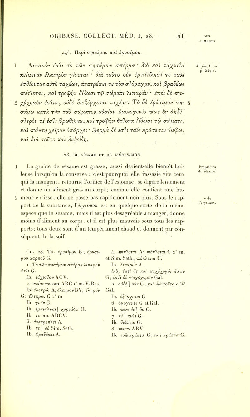 1MENTS. ky)'. ilepi cnjtjâfiov xai êpvalpov. 1 Atnapiv sait to twv arjadftwv anspfja • Sib hou racial a Ai./ac. 1,30 ■xsifisvov iXatypov yivsTat * Stà tovto ovv êfntiTchriaî ts toiis 1 êaOlovTas aÙTO Taysws, avarpsitsi ts tov alôfxaypv, Ha) fipaSsws ■ïïstIstou , hou Tpo(pyjv StSwat tw arjpart 'ktiîapdv * êns) Sè TSa- 2 yyyufxov sahv, oùSs Sts^épysTat To.yj.ws. To Sè spvatpov ari- 5 aap.w hcltcz ty)v tou awfJ.oi.TOS ovaiav bfjotoysvés tsws ov drjSé- alspôv Té sait (ZpwOrjvou, hou Tpo(prjv UtIovcj SiSwat tw awfjom, Ha) TsdvTïi yjipov vTidpysi • B-spfxà Sé sali t aïs xpaasatv afjCpw, na) Sia touto na) StipooSrj. 28. DD SÉSAME ET DE VERYSIMON. 1 La graine de sésame est grasse, aussi devient-elle bientôt hui- leuse lorsqu’on la conserve : c’est pourquoi elle rassasie vite ceux qui la mangent, retourne l’orifice de l’estomac, se digère lentement et donne un aliment gras au corps; comme elle contient une hu- 2 meur épaisse, elle ne passe pas rapidement non plus. Sous le rap- port de la substance, l'érysimon est en quelque sorte delà même espèce que le sésame, mais il est plus désagréable à manger, donne moins d’aliment au corps, et il est plus mauvais sous tous les rap- ports ; tous deux sont d’un tempérament chaud et donnent par con- séquent de la soif. Propriétés du sésame. - de V érysimon. Ch. 28. Tit. êpealfiov B ; spuci- pou xapicov G. 1. To tüv ar\rjdp.ùiv cniéppa'Xniapov èah G. Ib. tà-yivlov ACV. 2. xBÎpevov om. ABC ia m. V.Ras. Ib. ëXeiipov A; eXerjpor BV; èXrjp6v G; éXeTcpoî C 1“ ni. Ib. yoîiv G. Ib. èfi7r/7rXi)o7] yopid^st O. Ib. ts om. ABCV. 3. àvatpén'lei A. Ib. re] Sé Sim. Seth. Ib. (SpaSéoee A. 4. tsMsttu A; tsixistai C 2“ m. et Sim. Seth; tséicietat C. Ib. ’Xmapov A. 4-5. iitel Sè liai tsayyyyfxov eut» G; èaTi Sè tuayi-yypov Gai. 5. ovSé] ovk G; liai Stà tovto ovSé Gai. Ib. è%ép%etai G. 6. ôpoyevée G et Gai. Ib. tsoie âv ] for G. 7. té ] unie G. Ib. StSUvat G. 8. ®arT<ABV. Ib. roîs xpâaeot G ; taie npàaaai C.