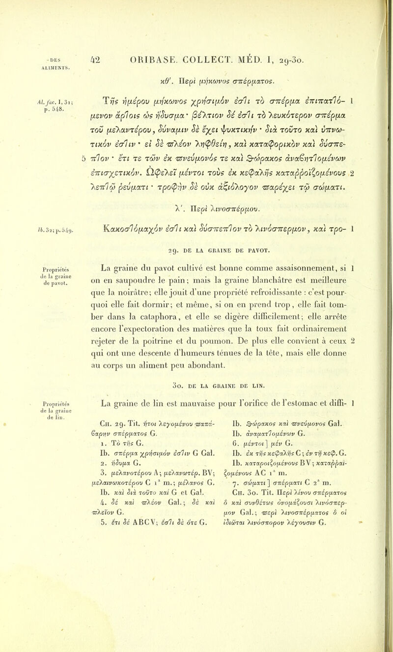 ALIMENTS. Al.fac. I, 31 ? p. 548. Jb. 3a; p. 549. Propriétés de la graine de pavot. Propriétés de la graine nO'. Hep* prjxavos cnrépfirxTOs. Trjis tj pépov prjxwvos yprfatp6v écrit t0 crnéppa ému ail b- 1 pevov api ois dis rfSvapa’ fiékrtov Sé écrit t 0 keuxérepov crneppa tov pèkavrépov, Svvap.iv Sè ’éyet ipvxTtxrfv • Stà tovto xa't vicvw- rtxov écrhv • et Sè nskéov ky(p6si'ri, xat xara(popixov xa\ Svcrne- 5 nlov * ht t s tcüv éx zsvevpovbs t e xa) B-cSpaxos âvaërnlopévcov èmayenxov. Ù(peket pévTOt tovs éx xeCpakrjs xarappoï^opévovs 2 ~hsiz1 d> pevpart * rpo(pi)v Sè ovx à^toXoyov rsapéyet t<S crwpan. X'. IXepi ktvocnréppov. Kaxoa’1 bpaybv écrit xat Svcnrerrl ov t0 'hivaaireppov, xaï Tpo- 1 29. DE LA GRAINE DE PAVOT. La graine du pavot cultivé est bonne comme assaisonnement, si 1 on en saupoudre le pain ; mais la graine blanchâtre est meilleure que la noirâtre; elle jouit d’une propriété refroidissante : c’est pour- quoi elle fait dormir; et même, si on en prend trop, elle fait tom- ber dans la cataphora, et elle se digère difficilement; elle arrête encore l’expectoration des matières que la toux fait ordinairement rejeter de la poitrine et du poumon. De plus elle convient à ceux 2 qui ont une descente d’humeurs ténues de la tête, mais elle donne au corps un aliment peu abondant. 3o. DE LA GRAINE DE LIN. La graine de lin est mauvaise pour l’orifice de l’estomac et diffi- 1 Ch. 29. Tit. tfrot keyopévov 'tsattà- êaprjv crxéppatos G. 1. Tè Tfje G. Ib. anéppa %pij<7tpov écrit v G Gai. 2. rfSupa G. 3. fieXavorépov A; pèkavanép. BV; pekouvuKcnépov C ia m.; pékavos G, Ib. nai Stà touto xat G et Gai. 4. Sé xat 'tsXéov Gai. ; Sè xat -usketov G. 5. ên Sé ABCV; écrit Sè ôte. G. Ib. Q-chpaxos xat ssveépovos Gai. Ib. àvaparlopévcav G. 6. pévToi] ptév G. Ib. êx rrjs xetpakrjs C ; iv rr? xe<p. G. Ib. xarapotÇofjtévous BV; xasappaï- Çopévovs AC 1° m. 7. crcipaTt’] crTtéppari C 2a m. Ch. 3o. Tit. Ilepi X/vov oTtéppatos à xal (Tvvdérue ôvopdÇovat kivounep- pov Gai. ; isepi kivoaicépparos è oî tStürai 'KivSoitopov kéyovcriv G.