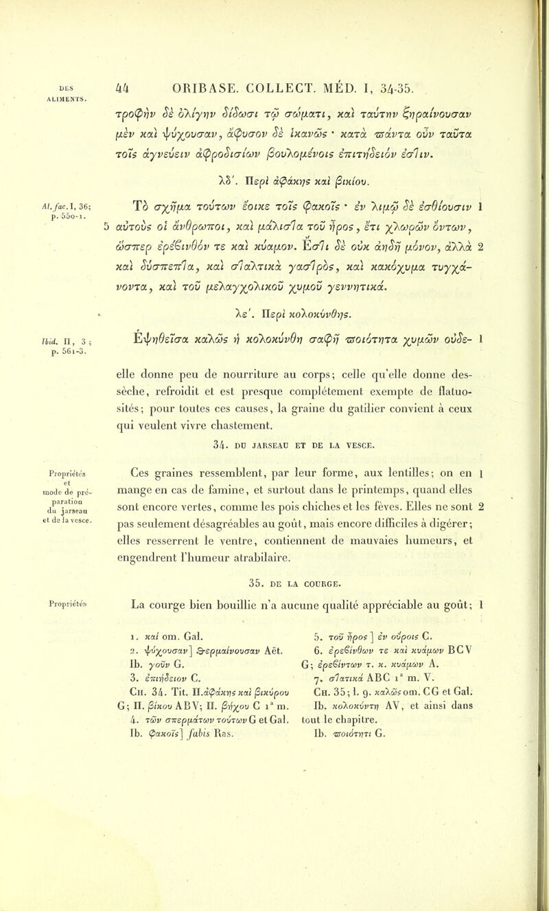ALIMENTS. tpofyrjv Sè oklyriv SlSwui ra crojpaTi , xa) TavTnv & palvovcrav pèv xa) ■\vypvaav, â(pvaov Sè ixavws • xarà TüâvTa ovv ravra t ois àyveveiv àÇtpoSicrlojv fiovkopiévois ETTiTrfSstov ècrliv. X§\ Ilepl â.(pâ.Kï]5 xal fitxtov. Al.fac. I, 36; p. 55o-i. To ayjnpt-OL tovtwv ê'otxs t ois (paxoïs • êv ’Xtpœ Sè êcQ lover iv 1 5 ctvTOvs oï âvQpœiioi, xaà p.ahierla rov ripos, eti yXwpwv ovtcov , wentEp êpéëivdôv te xa) xvapov. Ecr7i Sè ovx àtiSrj (xôvov, àXkà 2 xa) SicnreTtla, xa) erlcCkTixà yaerlpos, xa) xaxôyypa rvyyâ- vovTa, xa) tov p.s'kayyp'Xixov yyp.ov y£vvr\Tixâ. Ibid. II, 3; p. 561-3. - Xe‘. Ilepi xoXoxvvdrjs. Èÿrjdsïaa xakws rt xokoxvvQr) eratyÿ zroiÔTrjTa yyp&v ovSs- 1 elle donne peu de nourriture au corps; celle qu’elle donne des- sèche, refroidit et est presque complètement exempte de flatuo- sités ; pour toutes ces causes, la graine du gatilier convient à ceux qui veulent vivre chastement. 34- DD JARSEAD ET DE LA VESCE. Propriété» Ces graines ressemblent, par leur forme, aux lentilles; on en 1 mode de pré- paration du jarseau et de la vesce. mange en cas de famine, et surtout dans le printemps, quand elles sont encore vertes, comme les pois chiches et les fèves. Elles ne sont 2 pas seulement désagréables au goût, mais encore difficiles à digérer; elles resserrent le ventre, contiennent de mauvaies humeurs, et engendrent l’humeur atrabilaire. 35. DE LA CODRGE. Propriétés La courge bien bouillie n’a aucune qualité appréciable au goût ; 1 1. xal om. Gai. 5. roü fjpos ] êv oipoie C. 2. îf/fyovtrav] Q-epfialvovtjav Aët. 6. êpeSivdav ts xal xvdpcov BCV Ib. yovv G. G; êpsSlvt» t. u. xvdpuv A. 3. êiui^Seiov C. 7» alarma ABC ia m. V. Ch. 34. Tit. JI.à(pdxrfexaî fitxvpov Ch. 35; 1. 9. aaXwsom. CG et Gai. G; II. jShiov ABV; H. /3rf%ov C ia m. Ib. xoXoxivrn AV, et ainsi dans 4. tcZv cnteppdTwvTovTûjvG etGal. tout le chapitre. Ib. (paxoïs] fabis Ras. Ib. rsotirriri G.