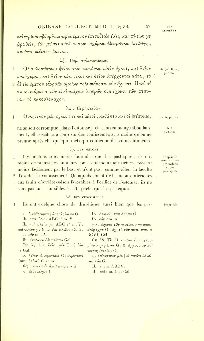 nairspiv $ia<pOaprjvai rspbs ëperov èicirriSsiôs éah, nai rsKëiwvye (Spcudsls, êàv i’xrf ns avrw ri raov evyypcov èSeupdrwv ê7ci(pdyri, Htvrfaei nsdvroos ëperov. X|\ Ile pi prjXoïceTcôvwv. 1 Oi (j.rj~k07T£7£ov£s rjrlov rwv tsstïÔvwv elaïv vypoi, hou Ÿtrlov HOLHoyvpoi, hou fjrlov ovpyriKO) hou rjrlov vvcépyovrai ndroo, ro 5 2 Sè sis ëpsrov è^oppav opolas rois rsénoatv ovn ëyovai. IIoXù Sè dno'henropsvot rwv evcr'lopdyoov brcwpwv ovx ëyovai rwv rserco- vwv rb HOLHOu'lopot.yov. Xij1. Ilepi crtxvav. I OvprjriHov pèv eyovcri ri hou avroi, Ha.0d.Tcep hou oi rsércoves, Al.fnc.il, 5; Ib. 6; p. 567. ne se soit corrompue [dans l’estomac], et, si on en mange abondam- ment , elle excitera à coup sûr des vomissements, à moins qu’on ne prenne après elle quelque mets qui contienne de bonnes humeurs. 37. DES MELONS. 1 Les melons sont moins humides que les pastèques, ils ont moins de mauvaises humeurs, poussent moins aux urines, passent moins facilement par le bas, et n’ont pas, comme elles, la faculté 2 d’exciter le vomissement. Quoiqu’ils soient de beaucoup inférieurs aux fruits d’arrière-saison favorables à l’orifice de l’estomac, ils ne sont pas aussi nuisibles à cette partie que les pastèques. 38. DES CONCOMBRES. 1 Ils ont quelque chose de diurétique aussi bien que les pas- 1. Stalpdaprivat] d'xeit'huSücFtv O. Ib. dnStipMV rüv âXkuv O. lb. émrrfSetov ABC 1“ m. V. Ib. ovx om. A. Ib. xat rsAeica ye ABC ia m. V; 7-8. êypvat viïv rsenoviav ro xano- xaï nsKéov ye Gai.; èiû rsAeïov oZv G. olùp.o.yov O ; èV. to rwv rseit. xax. A 2. èâv om. A. BCVGGal. Ib. èmfpdyrj êSeopdrwv Gai. Ch. 38. Tit. IL aixvwv rjroi dyfov- Ch. 37; I. 4-. r\r1ov pév G; rjrlàv pluv Aeyopévuv G; H. dyyovptwv xat te Gai. tstpayTovpluv O. 5. rjrlov Siovprfrixoi G; ovprjnxot g. Ovprjrtxov pév] al trixbat Sè ov- (om. ■Sjr'lov) C 1 m. pnnxov G. 6-7. rsoXXà Sè ditdXetitopeva G. Ib. nom. ABCV. 7. doTopaywv C. Ib. xal om. G et Gai. Propriétés comparatives des melons pastèques. Proprictt