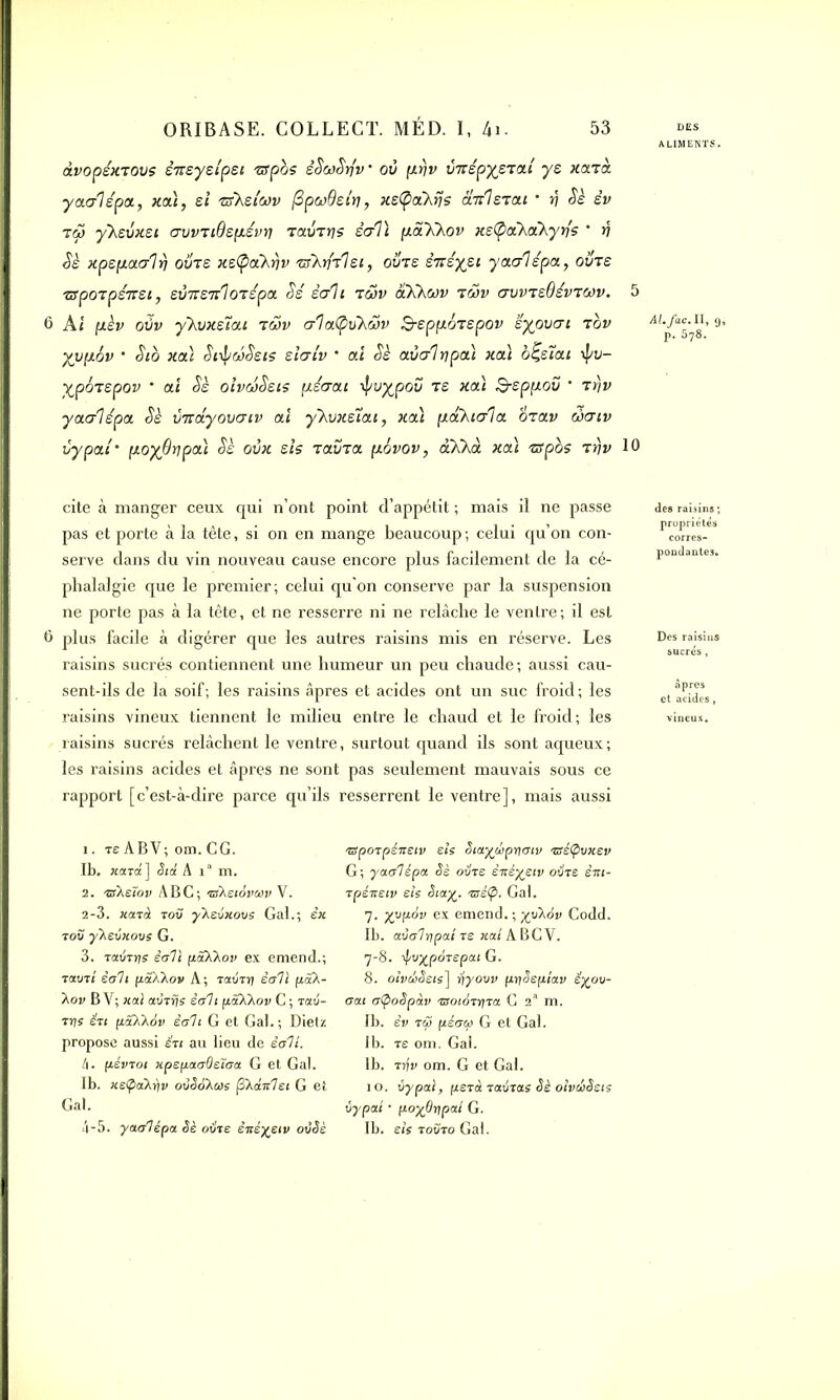 àvopéxrovs sirsysipsi zspbs êSwSrfv où prjv ÙTtspysrai ys xarà yaalspa, xai, si rshsîwv fipwdsîri, xs(pahfjs dnlsrai • ri Ss èv rw yhsvxsi auvriOspévn ravrrjs sali [xa'XXov xstycthaîhyns * ri Sè xpsfmalfj ovrs xstyaihrjv rshtfrlst, oins sitsysi yaalépa, ours -aporpsTTSi, svirsnlorépa. Sé sali rwv âXhwv rwv avvrsOévrwv. 5 6 A t [ièv oùv yhvxs7at rwv alafydhwv B-spporspov sypvai rbv yypMv • Sio xai SïfywSsis siatv * ai Ss aval ripai xai bÇsïai ÿv- ypôrspov • ai Ss oivwSsis péaat ipvypov rs xai B-spfxoü ’ rrjv yaalépa Sè virdyovaiv ai yhvxs’iai, xai p.ahia'la orav waiv vypai’ floyOrjpai Ss oùx sis ravra p.6vov, ahhà xai rspbs rrjv 10 cite à manger ceux qui n’ont point d’appétit ; mais il ne passe pas et porte à la tête, si on en mange beaucoup; celui qu’on con- serve dans du vin nouveau cause encore plus facilement de la cé- phalalgie que le premier; celui qu’on conserve par la suspension ne porte pas à la tête, et ne resserre ni ne relâche le ventre ; il est 6 plus facile à digérer que les autres raisins mis en réserve. Les raisins sucrés contiennent une humeur un peu chaude; aussi cau- sent-ils de la soif; les raisins âpres et acides ont un suc froid; les raisins vineux tiennent le milieu entre le chaud et le froid; les raisins sucrés relâchent le ventre, surtout quand ils sont aqueux; les raisins acides et âpres ne sont pas seulement mauvais sous ce rapport [c’est-à-dire parce qu’ils resserrent le ventre], mais aussi 1. re AB Y ; om. CG. Ib. nard] Stâ A ia m. 2. rshèïov ABC; rshstivuv V. 2-3. xarà rov yhevxovs Gai.; èx rov yhevxovs G. 3. ravrris soit fiShhov ex emend.; ravit soit (lahhov A; ravra] èo'U pôth- hov B Y; ital avrrjs soit fiSXXov C ; rav- ir] s én pahhàv sait G et Gai. ; Dietz propose aussi êrt au lieu de èo'U. l\. (livrât xpepaoOetoa G et Gai. Ib. xeipahriv ovSohas (î’Xâit'lst G et Gai. 4-5. yaalépa Sè où're èvéyeiv ovSè nsporpéiteiv els StayeSpriotv nsé<pvxev G; yaalépa Sè oilre èrtéyetv oiire èrtt- rpéitetv ets Sta%. tsé<p. Gai. 7. yypàv ex emend. ; yyh6v Codd. Ib. aval r] pat rs xai A BC V. 7-8. ^vyporepat G. 8. oîvtiSets] ijyovv pr\Septav éyov- oat oÇioSpàv rsotorrjra C 2a m. Ib. èv ri’p fiéoa) G et Gai. 1b. re om. Gai. Ib. rrjv om. G et Gai. 10. vypai, peràrairas Sè oivdSets vypat • (loyOripai G. Ib. sis rovro Gai. ALIMENTS. Al.fac.ll, 9, p. 578. des raisins ; propriétés pondantes. sucrés , âpres et acides,