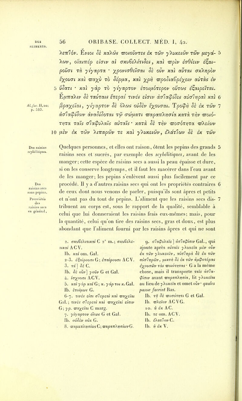 ALIMENTS. Al,Jac. II, 10; p. 583. Des raisius scybéliticjues. Des raisins secs sans pépins. Propriétés des en général, 'Kstî'Iov. Evioi Sè Hcthws tsoiovvtss êx twv y'kvxzi&v tôov fisya- 5 kwv, o'iamèp s’taiv al axvësXiTiSss, xal TSplv èaOieiv ê^ai- povai roi yi'yapra * ypoviaOsîaai Sè ovv xal aûzai axkrjpbv ëyovcrt xal zsayy to Séppa, xal yprj zrpoSiaëpéyeiv ainàs èv 5 vSazi • xal yàp to yiyapTOv sTOtpoTepov ovtcüs ê^aipenat. Ëp.Tra'Xiv Sè TavTais STSpai Tirés elcriv àalaipi'Ses avalrjpal xal 6 /3payeîai, yiyapTOv Sè oXojs ovSèv ïyovaai. Tpotyr) Sè êx tmv 7 à<r1a(ptSa)v àvaSiSoTai tw aoipaTi Tsapaifhriaia xaTa ttjv tsoio- Tï\Ta Tais &]afyvkais ainaîs ■ xaTa Sè trjv tsocrÔTtiTa tsKsiuv 0 pèv éx twv 'hmapwv t s xal y’Xvxsiâv, ekdrlcov Sè êx tcov Quelques personnes, et elles ont raison, ôtent les pépins des grands 5 raisins secs et sucrés, par exemple des scybéliticjues, avant de les manger; cette espèce de raisins secs a aussi la peau épaisse et dure, si on les conserve longtemps, et il faut les macérer dans l’eau avant de les manger; les pépins s’enlèvent aussi plus facilement par ce procédé. Il y a d’autres raisins secs qui ont les propriétés contraires 6 de ceux dont nous venons de parler, puisqu’ils sont âpres et petits et n’ont pas du tout de pépins. L’aliment que les raisins secs dis- 7 tribuent au corps est, sous le rapport de la qualité, semblable à celui que lui donneraient les raisins frais eux-mêmes; mais, pour la quantité, celui qu’on tire des raisins secs, gras et doux, est plus abondant que l’aliment fourni par les raisins âpres et qui ne sont 2. (jHvëéXiTixotî C 2a m.; axvësXs- uxal A C V. 1b. xat om. Gai. 2-3. êÇalpovoi G; êxalpovot ACV. 3. tix] Sé C. Ib. Sè ovv] yoîiv G et Gai. 4. ïayovoi ACV. 5. xal yàp xal G; x. yàp toi x. Gai. Ib. èrolpvi G. 6-7. rivée stot oTspeal xal rsay&tai Gai. ; rivés olepeal xal rsayeïat slotv G-, y p. wysîat G marg. 7. ylyaprov oXcas G et Gai. Ib. ovSèv ovx G. 9. olcttpv'Xoüs ] dt/la<plotv Gai., qui ajoute après aurais yhixsïa pèv oZv êx tcov y'kvxstwv, aval ripà Sè êx twv avohjpwv, fuxtx) Sè êx twv dptporépas èyovoütv Tas rsotoTriTas ■ G a la même chose, mais il transporte Tais àola- (plotv avant 'Bapatt’Xrioia, lit y’Xvxs’ïat au lieu de y\vxêîa et omet ovv • quelles passœ fuerint Ras. Ib. trj Sè 'BoooTniTt G et Gai. Ib. niXeîov AG VG. 10. jj êx AG. Ib. ts om. ACV. Ib. iXarTovC.