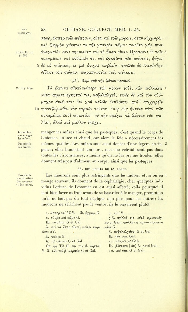 ALIMENTS. Al.fac.il> 11; p. 588. créas, âenrep rois -zs£7Toatv, aura xcà rois p.opois, orav avy^prjpov xcà S-sppov yévrircLt ro irjs yac/lpos Gwpcr toiovto y dp rsws âvayxouov écrit rr/vtxavra xcà rb fjn;a.p eivat. Ilpoascrh Sè rois 3 avx.cLp.ivots xcà al vÿews ri, xou vypodvet pèv rsdvrws, ÿvyet 5 Sè ov rsdvrws, si pi) tpvypà 'XriCpôsiïi • rpoCprjv Sè è\o.yja1 rjv St'Swat rois GwpcLGt rsaponrXriat'ws rots rsénoatv. p§'. Ilepi rov rfjs @&tov xapmv. n.i3;p.58g. Tà (Bdrtva alvrcltxwrepa, rwv pépwv èaVt, xàv rsoXhdxts 1 avrà rspoaevéyxnrai rts, xe(pdXdXyst, rivés Sè xcà rov g16- pctyov àvtwvrctr Sto ypv xcàkws èxrthiveiv rspîv èrctysipsiv 10 rspoa(pÉpea6ai r ov xapirbv rovrov, cyirep ovy r/xtala xdn\ rwv avxupivwv èaVt rsotrirsov • ov prjv vixdyet rà fidriva rrjv xot- 'hlcLv, àXhà xcà paXhov èiréyet. favorables pour manger Propriétés des mûres. Propriétés comparatives des mourons et des mûres. manger les mûres ainsi que les pastèques, c’est quand le corps de l’estomac est sec et chaud, car alors le foie a nécessairement les mêmes qualités. Les mûres sont aussi douées d’une légère astrin- 3 gence; elles humectent toujours, mais ne refroidissent pas dans toutes les circonstances, à moins qu’on ne les prenne froides ; elles donnent très-peu d’aliment au corps, ainsi que les pastèques. 44- DES FRUITS DE LA RONCE. Les mourons sont plus astringents que les mûres, et, si on en 1 mange souvent, ils donnent de la céphalalgie; chez quelques indi- vidus l’orifice de l’estomac en est aussi affecté; voilà pourquoi il faut bien laver ce fruit avant de se hasarder à le manger, précaution qu’il ne faut pas du tout négliger non plus pour les mûres; les mourons ne relâchent pas le ventre, ils le resserrent plutôt. 1. écTicsp ital AG V.—1b. à%pnp. G. 2. oOopa MÛ <760f/a G. Ib. toiovtojj G et Gai. 3. mû tà rjacup elvat ] xunoi cap- tivai AV. -4* nsuvTU G. 6. tco athptnt G et Gai. Ch. 44. Tit. Et. tfjs t ov (3. xapnov V; IL tiSv tov (3, xapuwv G et Gai. 7. eiarl V. 7-8. moXkd rte aura •zrpoaevéy- xy)tui Gai.; 'tsoXkd us 'Cpoaevéyxrfiat aura G. 8. xetpaXa’X.yfasi G et Gai. Ib. r6v om. Gai. 11. vTcdyet ye Gai. Ib. pdvrava (sic) A; Haï et Gai. 12. nul om. G et Gai.