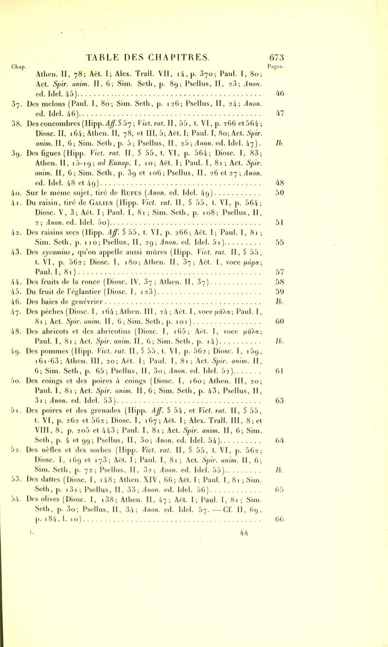 Chap. Pages. Athen. II, 78; Aët. I; Alex. Trall. VII, i4,p. 370; Paul. I, 80; Act. Spir. anim. II, 6; Sim. Seth, p. 89; Psellus, II, 23; Anon. ed. Idel. 45) 46 37. Des melons (Paul. I, 80; Sim. Seth, p. 126; Psellus, II, 24; Anon. ed. Idel. 46) 47 38. Des concombres (Hipp. 57 ; Vict.rat. II, 55, t. VI, p. 266 et564; Diosc. II, x64; Athen. II, 78, et III, 5; Aët. I; Paul. I, 80; Act. Spir. anim. II, 6; Sim. Seth, p. 5; Psellus, II, 25; Anon. ed. Idel. 47). Ib. 3g. Des figues (Hipp. Vict. rat. II, § 55, t. VI, p. 564; Diosc. I, 83; Athen. II, i5-ig; ad Eunap. I, 10; Aët. I; Paul. I, 81 ; Act. Spir. anim. II, 6; Sim. Seth, p. 3g et 106; Psellus, II, 26 et 27; Anon. ed. Idel. 48 et 4g) 48 40. Sur le même sujet, tiré de Rüfüs (Anon. ed. Idel. 4g) 50 41. Du raisin, tiré de Galien (Hipp. Vict. rat. II, § 55, t. VI, p. 564; Diosc. V, 3; Aët. I; Paul. I, 81 ; Sim. Seth, p. 108; Psellus, II, 2; Anon. ed. Idel. 5o) 51 42. Des raisins secs (Hipp. AJf. § 55, t. VI, p. 266; Aët. I; Paul. I, 81 ; Sim. Seth, p. 110; Psellus, II, 29; Anon. ed. Idel. 5x ) 55 43. Des sycamins, qu’on appelle aussi mûres (Hipp. Vict. rat. II, § 55, t. VI, p. 562; Diosc. I, 180; Athen. II, 37; Aët. I, voce fiopa; Paul. I,8i) 57 44. Des fruits de la ronce (Diosc. IV, 37 ; Athen. II, 37) 58 45. Du fruit de l’églantier (Diosc. I, x23) 59 46. Des baies de genévrier Ib. 47. Des pêches (Diosc. 1, 164 ; Athen. III, 2/1 ; Aët. I, voce pijXa; Paul. I, 81 ; Act. Spir. anim. II, 6; Sim. Seth, p. 101 ) 60 48. Des abricots et des abricotins (Diosc. I, i65; Aët. I, voce pî?Aa; Paul. I, 81 ; Act. Spir. anim. II, 6; Sim. Seth, p. 14) Ib. 4g. Des pommes (Hipp. Vict. rat. II, S 55, t. VI, p. 562; Diosc. I, i5g, i6i-63; Athen. III, 20; Aët. I; Paul. I, 81 ; Act. Spir. anim. II, 6; Sim. Seth, p. 65; Psellus, II, 3o; Anon. ed. Idel. 52) 61 50. Des coings et des poires à coings (Diosc. I, 160; Athen. III, 20; Paul. I,8i; Act. Spir. anim. II, 6; Sim. Seth, p. 43; Psellus, II, 31 ; Anon. ed. Idel. 53) 63 51. Des poires et des grenades (Hipp. Aff. § 54, et Vict. rat. II, S 55, t. VI, p. 262 et 562; Diosc. I, 167; Aët. I; Alex. Trall. III, 8; et VIII, 8, p. 2o5 et 443; Paul. I, 81 ; Act. Spir. anim. II, 6; Sim. Seth, p. 4 et 99; Psellus, II, 3o; Anon. ed. Idel. 54) 64 52. Des nèfles et des sorbes (Hipp. Vict. rat. II, § 55, t. VI, p. 562; Diosc. I, 169 et 173-, Aët. I; Paul. I, 81 ; Act. Spir. anim. II, 6; Sim. Seth, p. 72; Psellus, II, 32; Anon. ed. Idel. 55) Ib. 53. Des dattes (Diosc. I, i48; Athen. XIV, 66; Aët. I; Paul. I, 81 ; Sim. Seth, p. i3i; Psellus, II, 33; Anon. ed. Idel. 56) 65 54. Des olives (Diosc. 1, i38; Athen. Il, 47; Aët. I; Paul. I, 81 ; Sim. Seth, p. 3o; Psellus, II, 34; Anon. ed. Idel. brj.—Cf. II, 69, p. x84,l. 10) 66 i- 44