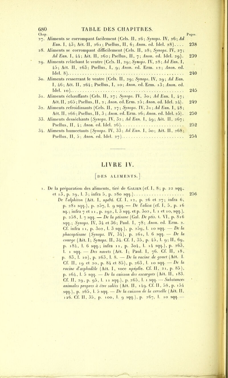 Chap. Pages. 27. Aliments se corrompant facilement (Cels. Il, 26; Synops. IV, 26; Ad Eun. I, 43; Aët.-Il, 261 ; Psellus, II, 6; Anon. ed. Idel. 28). ... 238 28. Aliments se corrompant difficilement (Cels. II, 28; Synops. IV, 27; Ad Eun. I, 44; Aët. II, 262; Psellus, II, 7; Anon. ed. Idel. 29). 239 29. Aliments relâchant le ventre (Cels. II, 29 ; Synops. IV, 28 ; Ad Eun. I, 45; Aët. II, 263; Psellus, I, 9; Anon. ed. Erm. 12; Anon. ed. Idel. 8) 240 30. Aliments resserrant le ventre (Cels. II, 29; Synops. IV, 29; Ad Eun. I, 46; Aët. II, 264; Psellus, I, 10; Anon. ed. Erm. i3; Anon. ed. Idel. 10) 245 31. Aliments échauffants (Cels. II, 27; Synops. IV, 3o; Ad Eun. I, 47; Aët. II, 265 ; Psellus, II, 2 ; Anon. ed.Erm. 25 ; Anon. ed. Idel. 24) • 249 32. Aliments refroidissants (Cels. II, 27; Synops. IV, 3i ; Ad Eun. I, 48; Aët. II, 266 ; Psellus, II, 3 ; Anon. ed. Erm. 26; Anon. ed. Idel. 25). 250 33. Aliments desséchants (Synops. IV, 32; Ad Eun. I, 4g; Aët. II, 267; Psellus, II, 4; Anon. ed. Idel. 26) 252 34- Aliments humectants (Synops. IV, 33; Ad Eun. I, 5o; Aët. II, 268; Psellus, II, 5; Anon. ed. Idel. 27) 254 LIVRE IV. [des aliments.] 1. De la préparation des aliments, tiré de Galien (cf. I, 8; p. 22 sqq., et i3, p. 29, 1. 3; infra 5, p. 280 sqq.) 256 De l’alphiton (Aët. I, «pi0rf. Cf. I, 12, p. 26 et 27; infra 6( p. 281 sqq.), p. 257, 1. 9 sqq.— De l’alica (cf. I, 5, p. 16 sq.; infra 7 et 11, p. 292,1. 3 sqq. etp. 3o2, 1. 1 et 10, sqq.), p. 2 58, 1. 7 sqq. — De la ptisane (Gai. De ptis. t. VI, p. 816 sqq.; Synops. IV, 34 et 36; Paul. I, 78; Anon. ed. Erm. 2. Cf. infra 11, p. 3o2, 1. 3 sqq.), p. 25g, 1. 10 sqq. — De la phacoptisane (Synops. IV, 34), p. 261, 1. 6 sqq. — De la courge (Aët. I; Synops. II, 34- Cf. I, 35, p. 45, 1. 9; II, 69, p. i84, 1. 6 sqq.; infra 11, p. 3o4, 1- i4 sqq.), P- 263, 1. 1 sqq. — Des navets (Aët. I; Paul. I, 76. Cf. II, 18, p. 83, 1. 10), p. 263, 1. 8. — De la racine de gouet (Aët. I. Cf. II, 19 et 20, p. 84 et 85), p. 263, 1. 10 sqq. —De la racine d’asphodèle (Aët. I, voce xpâpêri. Cf. II, 21, p. 85), p. 264, 1. 5 sqq. — De la cuisson des escargots (Aët. II, i83. Cf. II, 29, p. g5, 1. 11 sqq.), p. 265, 1. 1 sqq. —- Substances animales propres à être salées (Aët. II, i4g. Cf. II, 58, p. i54 sqq.), p. 265, 1. 5 sqq. — De la cuisson de la cervelle (Aët. II, 126. Cf. II, 35, p. 100, 1. 9 sqq.), p. 267, 1. 10 sqq.—