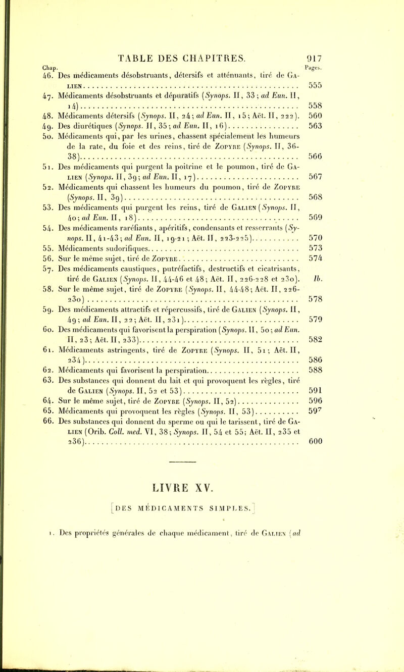 Chap. _ l'agc. 46. Des médicaments désobstruants, détersifs et atténuants, tiré de Ga- LIEN 555 47. Médicaments désobstruants et dépuratifs (Synops. II, 33; ad Eun. Il, ili) 558 48. Médicaments détersifs [Sjiiops. II, 2li;adEun. II, i5; AcI. II, 222). 560 49. Des diurétiques (Sjnops. II, 35; ad Eun. II, 16) 563 50. Médicaments qui, par les urines, cbassent spécialement les humeurs de la rate, du foie et des reins, tiré de Zopyre [Synops. II, 36- 38) 566 51. Des médicaments qui purgent la poitrine et le poumon, tiré de Ga- LiEN [Synops. II, 39; ad Eun. II, 17) 567 62. Médicaments qui chassent les humeurs du poumon, tiré de Zopyre [Synops. II, 39) 568 53. Des médicaments qui purgent les reins, tiré de G\L\m [Synops. II, 4o;a(Z Eun. II, 18) 569 54. Des médicaments raréfiants, apéritifs, condensants et resserrants [Sy- nops. II, 4i-43; ad Eun. II, 19-21 ; Aët. II, 223-225) 570 55. Médicaments sudorifiques 573 56. Sur le même sujet, tiré de Zopyre 574 57. Des médicaments caustiques, putréfaclifs, destructifs et cicatrisants, tiré de Galien [Synops. II, 44-46 et 48; Aët. II, 226-228 et 23o). ll>. 58. Sur le même sujet, tiré de Zopyre [Synops. II, 44-48; Aët. II, 226- 23o) 578 59. Des médicaments attractifs et répercussifs, tiré de Galien [Synops. II, 49; ad Eun. II, 22; Aët. II, 23i) 579 60. Des médicaments qui favorisent la pcrspiration (.Syiio/w. II, bo;adEun. II, 23; Aët. II, 233) 582 61. Médicaments astringents, tiré de Zopyre [Synops. II, 5i; Aët. II, 234) 586 62. Médicaments qui favorisent la perspiration 588 63. Des substances qui donnent du lait et qui provoquent les règles, tiré de Galien [Synops. II, 52 et 53) 591 64. Sur le même sujet, tiré de Zopyre [Synops. II, 52) 596 65. Médicaments qui provoquent les règles [Synops. II, 53) 59^ 66. Des substances qui donnent du sperme ou qui le tarissent, tiré de Ga- lien (Orib. Coll. med. VI, Z^; Synops. II, 54 et 55; Aët. II, 235 et 236) 600 LIVRE XV. [des médicaments simples.! I. Des propriétés générales de chaque médicament, tiré de Galien [ad